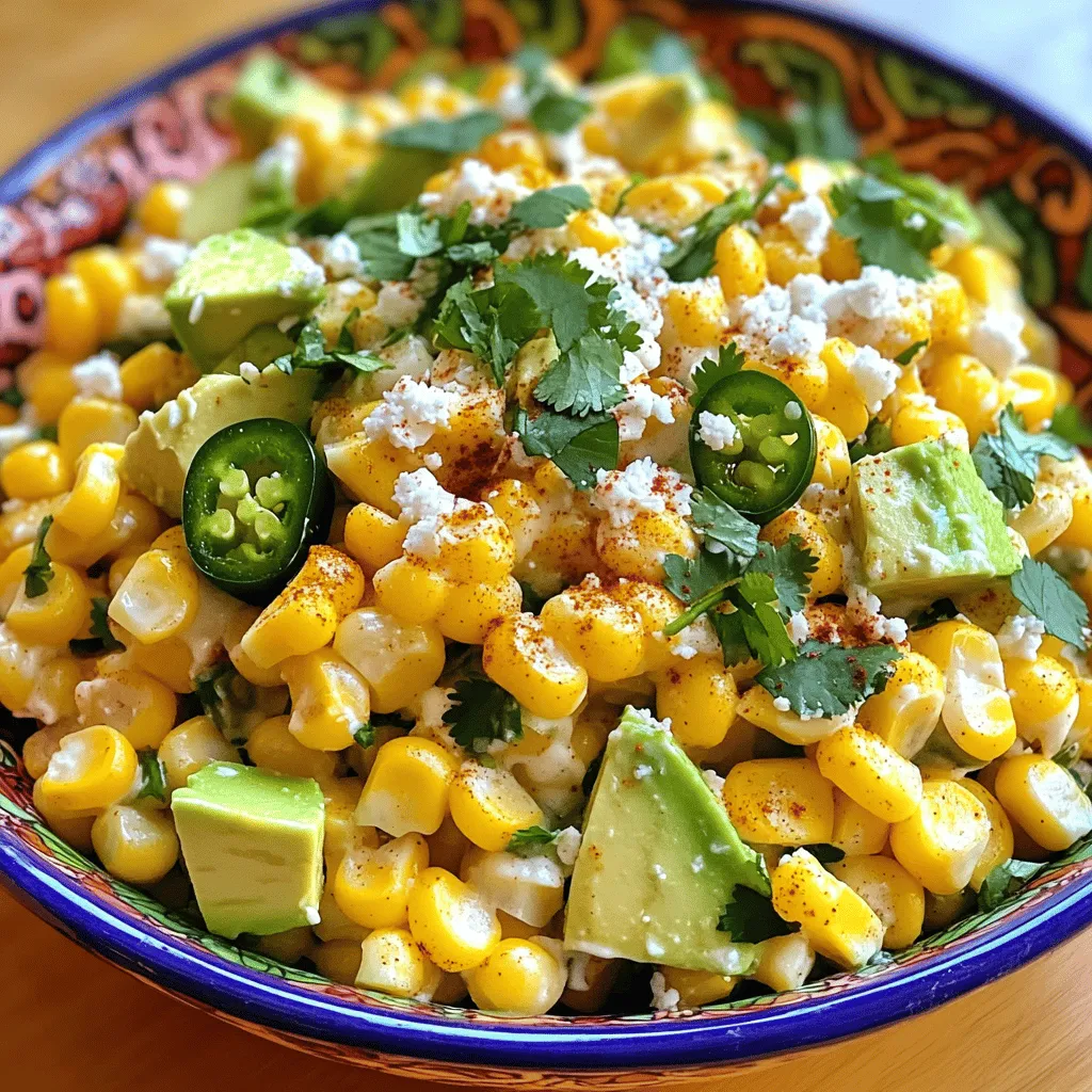 - Corn - Mayonnaise - Cotija Cheese - Cilantro - Jalapeño - Lime Juice - Chili Powder - Salt and Pepper - Avocado For this Mexican street corn salad, you need fresh, simple ingredients. Start with 4 ears of corn. Grilling the corn gives it a smoky flavor that is key to this dish. You will also need half a cup of mayonnaise for creaminess. Cotija cheese adds a salty bite, but you can use feta if you prefer. Next, gather fresh cilantro for brightness. A jalapeño adds some heat, but remember to remove the seeds for less spice. You also need lime juice to give it a refreshing zing. Finally, you can spice things up with chili powder. Don’t forget salt and pepper to enhance the flavors. For a creamy touch, add diced avocado right before serving. You can find the full recipe to get started on your delicious salad! Grilling Method Grilling the corn gives it a nice smoky flavor. First, preheat your grill to medium-high heat. Take the husked corn and place it directly on the grill. Rotate the corn every few minutes. You want the kernels to char and become tender, which takes about 10 to 12 minutes. Once done, remove the corn from the grill and let it cool a bit. Cooling Process After grilling, it's important to let the corn cool. This makes it easier to handle. Once it’s cool enough, carefully cut the kernels off the cobs. Make sure you do this over a large mixing bowl to catch all those delicious kernels. Combining Corn and Dressing Now it’s time to mix! In the bowl with the corn, add the mayonnaise, crumbled Cotija cheese, chopped cilantro, and diced jalapeño. These ingredients will give the salad its amazing flavor. Squeeze in the lime juice and sprinkle the chili powder over everything. Gently stir to combine all the ingredients, but be careful not to mash the corn. Incorporating Cheese and Vegetables Once mixed, you’ll have a colorful and tasty base. The Cotija adds saltiness, while the jalapeño gives it a nice kick. You can adjust the jalapeño amount based on your spice preference. Seasoning Adjustments Before serving, taste your salad. Add salt and pepper to your liking. This step is crucial for making the flavors pop. Serving Suggestions Just before you serve, fold in diced avocado for a creamy finish. For presentation, serve the salad in a large colorful bowl or in individual cups. Garnish with extra cilantro and a sprinkle of chili powder. This not only looks great but also adds extra flavor. Enjoy your Mexican Street Corn Salad! If you want to see the complete process, check out the Full Recipe. Adjusting Heat Levels You might love spice, or you may prefer mild flavors. To adjust heat, simply change the jalapeño amount. Remove the seeds for less heat. For more spice, add more jalapeño or even a splash of hot sauce. Taste as you go to find your perfect balance. Choosing the Right Cheese Cotija cheese is great for this salad, adding a salty bite. If you can't find it, feta cheese works too. Both cheeses give a nice creamy texture. Use fresh cheese for the best flavor. Alternative Cooking Methods (Boiling, Roasting) Grilling corn gives a lovely char and flavor. But you can boil the corn too. Boil for about 5-7 minutes until tender. Roasting in the oven is another option. Just place the corn in a preheated oven at 400°F for about 20 minutes. Ensuring Freshness Always use fresh corn. It's sweet and crunchy, making your salad shine. Look for bright yellow kernels. Fresh herbs, like cilantro, make a big difference. They add a burst of flavor. Serving Ideas Serve your salad in a big bowl. Or use small cups for individual servings. This makes it easy for guests to grab a portion. Arrange the salad with colorful layers to create visual appeal. Garnishing for Visual Appeal Garnish with extra cilantro and a sprinkle of chili powder. This adds color and excitement. You can also add lime wedges on the side. They look great and add extra flavor when squeezed over the salad. {{image_2}} Using different cheeses can change the taste of your salad. Cotija cheese is traditional, but feta works well too. Feta adds a tangy kick, which many people enjoy. It crumbles nicely and blends well with the other flavors. If you can't find Cotija, feta is a great substitute. You can also consider vegan cheese. Many brands offer tasty options made from nuts or soy. These can bring the same creaminess and flavor without dairy. This way, everyone can enjoy the salad. For a heartier dish, you can add proteins. Grilled chicken is a fantastic choice. Simply dice it and mix it in. The smoky flavor pairs well with the corn. It's perfect for a filling meal. Black beans are another option. They add protein and fiber. Plus, they are easy to use. Just rinse them and mix them into the salad. This adds a nice texture and boosts the nutrition. Incorporating other vegetables can enhance your salad. Bell peppers, for example, add color and crunch. You can also use zucchini or cherry tomatoes. These vegetables bring freshness and flavor. Utilizing seasonal herbs can elevate your salad, too. Fresh basil or mint can add a new taste. These herbs complement the lime and cheese well. Try experimenting with what’s available. For the full recipe, check out the complete instructions. Enjoy creating your own twist on this classic dish! To keep your Mexican Street Corn Salad fresh, store it in the fridge. Use an airtight container to seal in flavor. This salad will last for about 3 days in the fridge. After that, it may lose its taste and texture. You can also freeze this salad for later use. First, skip the avocado when mixing. Avocado does not freeze well and can turn mushy. Place the salad in a freezer-safe container. It will stay good for up to 3 months. When you are ready to enjoy it, thaw it overnight in the fridge. Reheat it gently on the stove or in the microwave. Add fresh avocado before serving for creaminess. To avoid sogginess, store each ingredient separately. Keep the dressing and corn apart until you serve. This helps maintain the crunch of the corn. For freshness, always use the best quality ingredients. Fresh corn and herbs make a big difference. When you prepare it, make only what you plan to eat soon. This way, your salad will taste its best. If you want the full recipe, check out the Full Recipe section. Mexican street corn salad is a tasty dish inspired by elote, a popular street food. This salad combines fresh corn, cheese, and spices for a fun twist. It is vibrant, creamy, and full of flavor, making it perfect for parties or picnics. Cultural Significance Elote has deep roots in Mexican culture. Street vendors serve it with toppings like cheese, lime, and chili. The salad keeps this tradition alive while making it easier to share with friends and family. Main Ingredients The key components of this salad include: - 4 ears of fresh corn, husked - 1/2 cup mayonnaise - 1/2 cup crumbled Cotija cheese - 1/4 cup fresh cilantro, chopped - 1 jalapeño, finely diced - 1 tablespoon lime juice - 1 teaspoon chili powder - Salt and pepper to taste - 1 avocado, diced You can easily add heat to your Mexican street corn salad. Adjusting the spice level is simple and fun! Spice Level Adjustments Start with less jalapeño if you want a milder flavor. You can also add more chili powder to boost the heat. Taste as you go to find your perfect balance. Adding Hot Sauce For an extra kick, drizzle your favorite hot sauce over the salad. This addition enhances the flavor while giving it a spicy kick. Just remember, a little goes a long way! Yes, you can prepare this salad ahead of time. It’s perfect for meal prep or gatherings. Preparation Tips You can grill the corn a day early and store it in the fridge. Mix the other ingredients right before serving to keep everything fresh. Best Time to Serve Serve the salad within a few hours of mixing. If you prepare it ahead, add the avocado just before serving to keep it from browning. For the full recipe, check out the complete guide on Mexican street corn salad. This blog post explored the vibrant world of Mexican Street Corn Salad. We discussed fresh ingredients like corn, mayonnaise, and cotija cheese. Then, we looked at how to prepare and mix these components step by step. I shared tips to enhance flavor and various ways to present your dish. Finally, we examined storage options and answered common questions. My hope is that you feel inspired to create a delicious salad. Enjoy the mix of flavors and make it your own!