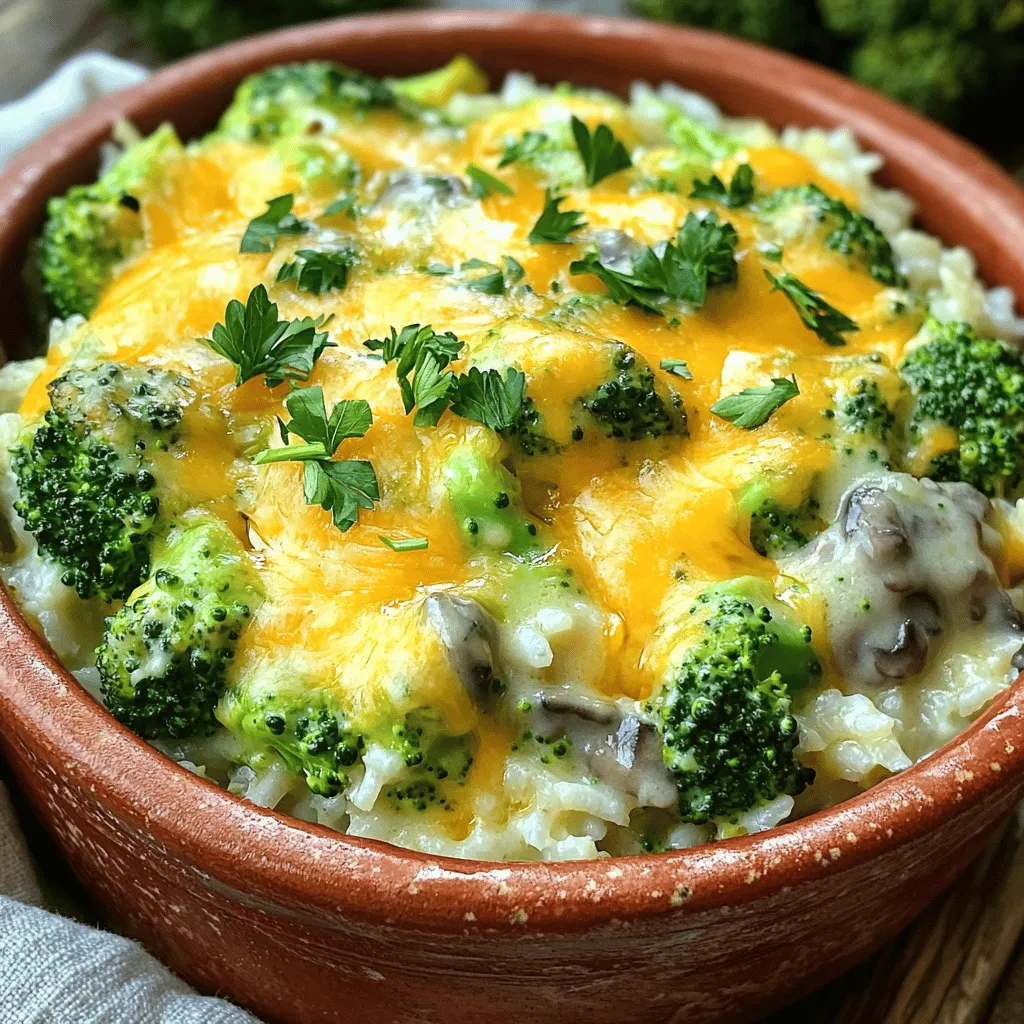 To make Cheesy Broccoli Rice Casserole, gather these key items: - 2 cups cooked white or brown rice - 2 cups fresh broccoli florets - 1 cup sharp cheddar cheese, shredded - 1/2 cup mozzarella cheese, shredded - 1 cup cream of mushroom soup (canned or homemade) - 1/2 cup milk - 1/2 cup diced onion - 2 cloves garlic, minced - 1 teaspoon garlic powder - 1 teaspoon onion powder - Salt and pepper to taste - 1/2 teaspoon paprika (for a little kick) - 1/4 cup breadcrumbs (optional for topping) Want to change things up? Consider these optional ingredients: - Cooked chicken or turkey for extra protein - Different vegetables, like peas or carrots, for added color - Spices like cayenne for more heat - Cream cheese for a creamier texture Cheese makes this dish special. Here are my top picks: - Sharp cheddar gives a bold flavor. - Mozzarella adds a nice stretch. - Gruyère offers a nutty taste. - Pepper Jack brings some spice. Feel free to mix and match these cheeses for a unique flavor! For the full recipe, check out the complete guide above. Start by washing the fresh broccoli florets. Cut them into smaller pieces. In a large pot, add water and bring it to a boil. Place the broccoli in a steamer basket and steam it for about 3 to 4 minutes. You want the broccoli to be bright green and just tender. This step locks in the flavor and keeps the nutrients. After steaming, set the broccoli aside to cool. Grab a large mixing bowl. In this bowl, combine the cooked rice, steamed broccoli, diced onion, and minced garlic. Next, add the cream of mushroom soup and milk. Sprinkle in the garlic powder, onion powder, and paprika. Make sure to mix everything well. The goal is to coat the rice and broccoli evenly. Now, fold in half of the cheddar and mozzarella cheese. Don't forget to season with salt and pepper to taste! Preheat your oven to 350°F (175°C). Grease a 9x13 inch baking dish. Transfer the rice and broccoli mixture into the dish, spreading it out evenly. Top it with the remaining cheddar and mozzarella cheese. If you want a crunchy top, sprinkle breadcrumbs on top. Cover the dish with foil and bake for 25 minutes. After 25 minutes, remove the foil and bake for another 10 to 15 minutes. Look for the cheese to be bubbly and golden brown. Let it cool for about 5 minutes before serving. Enjoy your cheesy broccoli rice casserole! For the full recipe, check the earlier section. To get that perfect creamy texture, use freshly steamed broccoli. The broccoli should be bright green and tender. Avoid overcooking it, as mushy broccoli ruins the dish. Mix the rice and broccoli gently. This keeps the broccoli from breaking apart. For an extra creamy feel, add a bit more milk or soup. You can boost flavors by using sharp cheddar cheese. It adds a nice tang. Try adding spices like cayenne pepper for a bit of heat. Fresh herbs like thyme or parsley also brighten the dish. If you want a richer taste, use homemade cream of mushroom soup instead of canned. Serve this casserole hot in bowls. A sprinkle of fresh parsley makes it look nice. Pair it with a side salad for a balanced meal. You can also serve it next to grilled chicken or fish. This dish works well as a main or a side. Enjoy it with family for a cozy dinner! {{image_2}} If you want to keep it vegetarian, you can use vegetable broth instead of milk. You can also add more veggies like carrots or bell peppers. These extra veggies boost nutrition and flavor. You might also try using different cheeses like gouda or feta. They make the dish fun and exciting! For those who want more protein, add cooked chicken or turkey. Shredded rotisserie chicken works well. You could also mix in some cooked sausage for a hearty twist. If you prefer plant-based options, try using tofu or chickpeas. Both add protein while keeping it tasty. To make this dish gluten-free, swap the cream of mushroom soup for a gluten-free version. You can also use brown rice, which is naturally gluten-free. Instead of breadcrumbs, try crushed gluten-free crackers or omit them entirely. This way, everyone can enjoy this comfort food! For a complete guide on making Cheesy Broccoli Rice Casserole, check the [Full Recipe]. Store leftovers in an airtight container. Let the casserole cool first. It will last in the fridge for about 3 to 5 days. Label the container with the date. This way, you know when to eat it. To reheat, use the oven for best results. Preheat it to 350°F (175°C). Cover the casserole with foil to keep it moist. Bake for about 20 minutes or until warm. If you want a crispy top, remove the foil for the last 5 minutes. You can also use the microwave. Heat in short bursts, stirring in between. You can freeze this casserole too. First, let it cool completely. Place it in a freezer-safe container. It will stay good for up to 3 months. When you are ready to eat, thaw it overnight in the fridge. Then, reheat it as mentioned above. For the best taste, enjoy it soon after thawing. For the full recipe, check the main section. Yes, you can use frozen broccoli. Just make sure to thaw it first. Drain any extra water. This helps keep the casserole from being too watery. To kick up the heat, add red pepper flakes or diced jalapeños. You can also use pepper jack cheese instead of cheddar. This adds a nice spice without overpowering the dish. You can use cream of chicken soup or a homemade white sauce. A smooth cheese sauce works well too. These options keep the casserole rich and creamy. Yes, it is great for meal prep! You can make it ahead of time and store it in the fridge. Just reheat it when you’re ready to eat. It tastes just as good! Absolutely! Chicken, ham, or ground beef are great options. Just cook the meat first and mix it in with the other ingredients. This makes it a hearty meal. The casserole takes about 35 to 40 minutes to bake. Make sure the cheese is bubbly and golden. That’s when you know it’s ready! Yes, you can prepare it a day in advance. Just cover it and store it in the fridge. When you’re ready, bake it straight from the fridge. You may need to add a few extra minutes. This casserole pairs well with a fresh salad or some crusty bread. You can also serve it with a side of fruit for a complete meal. It balances the cheesy flavors nicely. Yes, brown rice works well too! Just keep in mind that it may take a bit longer to cook. Make sure it’s fully cooked before mixing it in with the other ingredients. Store leftovers in an airtight container in the fridge. They will last for about 3 to 4 days. Just reheat in the oven or microwave when you want to enjoy them again. If you don’t have breadcrumbs, you can skip them. You can also crush crackers or use crushed cornflakes as a topping. They add a nice crunch! For the complete recipe, check out the Full Recipe section above. Enjoy your cheesy broccoli rice casserole! This blog post guided you through making a great casserole. We covered key ingredients, step-by-step baking, and tips for texture and flavor. You learned about variations like vegetarian options and gluten-free choices. I shared how to store leftovers and answered common questions. Now, you have all the tools to create a delicious dish. Enjoy experimenting and making this recipe your own. Cook with joy and share it with others!