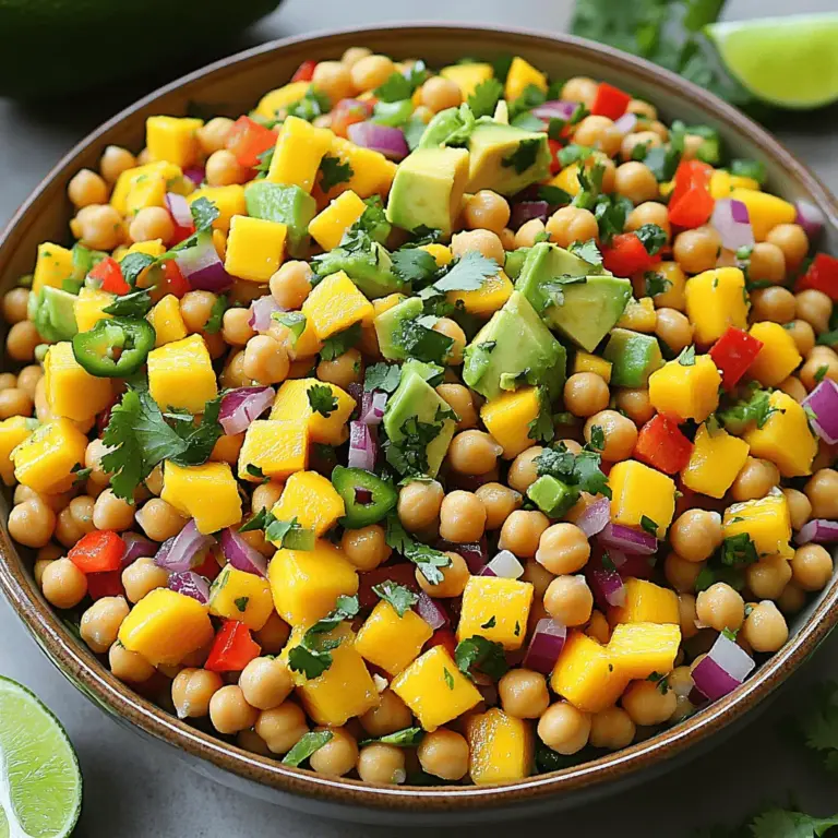 - Ripe mango - Ripe avocados - Red bell pepper - Jalapeño (optional) The fresh produce in this salad brings bright flavors. A ripe mango adds sweetness. Choose a mango that gives slightly when pressed. Ripe avocados create a smooth texture. Look for avocados that yield gently, indicating ripeness. The red bell pepper brings a crisp crunch. If you like heat, add a jalapeño. Just remove the seeds to tone down the spice. - Cooked chickpeas or canned chickpeas - Red onion - Fresh cilantro Chickpeas add protein and make the salad filling. You can use cooked chickpeas or canned ones. If using canned, rinse them first to remove extra sodium. Red onion adds sharpness. Chop it finely to avoid overpowering the other flavors. Fresh cilantro brings an aromatic touch. If you dislike cilantro, parsley is a good substitute. - Lime juice - Olive oil - Salt and pepper The dressing is simple but full of flavor. Fresh lime juice adds brightness. Use the juice of a ripe lime for the best taste. Olive oil brings richness. Use extra virgin olive oil for a fruity note. Season the dressing with salt and pepper. Adjust to your taste, as it enhances all the salad’s flavors. For the complete recipe, check the [Full Recipe]. First, gather all your fresh ingredients. You need ripe mango, avocados, chickpeas, red bell pepper, red onion, and jalapeño if you like some heat. In a large mixing bowl, add the diced mango, diced avocados, cooked chickpeas, diced red bell pepper, finely chopped red onion, and jalapeño. Next, gently toss the ingredients together. Be careful not to mash the avocado. You want all the pieces to stay intact for a beautiful salad. Now, let’s make the dressing. In a small bowl, whisk together fresh lime juice, olive oil, salt, and pepper. This dressing adds a zesty flavor that makes the salad shine. Once it is well mixed, drizzle the dressing over the salad. Toss everything gently to ensure all the ingredients are evenly coated. For the finishing touch, fold in the fresh cilantro. This adds a burst of flavor and freshness. After that, taste your salad and adjust the seasoning if needed. You can add more salt, pepper, or lime juice to suit your taste. Check out the Full Recipe for detailed steps and tips! To make your mango avocado chickpea salad shine, choose ripe mangoes and avocados. A good mango should feel slightly soft when you press it. Look for avocados that yield to gentle pressure. These fruits add creaminess and sweetness to your dish. Balancing the acidity is key. Use a mix of lime juice and olive oil. This combination brightens the salad and contrasts well with the creamy avocado. Start with three tablespoons of lime juice and two tablespoons of olive oil. Adjust according to your taste. Serving this salad in a large bowl makes a big impact. You can garnish it with extra cilantro or lime wedges on top. This adds color and freshness. If you prefer, serve in individual bowls. It makes for a nice touch at gatherings. Choose bowl sizes that fit your servings. A medium bowl works well for sharing, while smaller bowls are perfect for individual servings. You can prepare the salad in advance. Just mix all the ingredients except the dressing. Keep it in the fridge for a few hours. The flavors will blend nicely. Store the leftover dressing separately. This keeps the salad fresh and crisp. When ready to eat, drizzle the dressing on top and mix gently. For the complete recipe, check out the Full Recipe section. {{image_2}} You can easily change up the ingredients in this salad. For extra protein, consider adding grilled chicken or shrimp. Both options pair well with the bright flavors. If you want to swap herbs, try using parsley or mint instead of cilantro. They add a fresh twist and make the salad unique. The dressing is key to flavor. You can use different vinaigrettes or citrus dressings to switch things up. A honey-lime vinaigrette adds sweetness. For those who like heat, try a spicy dressing with chili flakes or a dash of hot sauce. It gives the salad a nice kick. Incorporating seasonal fruits can also enhance your salad. Pomegranate seeds or orange slices add sweetness and color. For crunch, use different nuts or seeds like almonds or pumpkin seeds. They add texture and make the dish even more satisfying. For the full recipe, check out the [Full Recipe]. This salad lasts about 2 to 3 days in the fridge. To keep it fresh, store it in an airtight container. This helps prevent browning, especially the avocado. If you notice browning, simply remove the top layer before serving. You cannot freeze the whole salad. Freezing changes the texture of the fruits. However, you can freeze cooked chickpeas or diced mango separately. Just store them in freezer bags. When you want to use them, thaw them in the fridge overnight. To refresh leftover salad, add fresh lime juice and a pinch of salt. This brightens the flavor. You can also mix in fresh herbs like cilantro or parsley. This adds color and taste, making it feel new again. This salad is packed with nutrients. The ripe mango adds vitamin C and A. Avocados are rich in healthy fats and fiber. Chickpeas provide protein and iron. Red bell peppers contain antioxidants. Together, these ingredients help support your immune system. Eating this salad can enhance digestion and promote heart health. The lime juice adds a refreshing zest and boosts hydration. Overall, this salad is a tasty way to fuel your body with good nutrients. Yes, you can serve this salad for meal prep. Store it in airtight containers to keep it fresh. To prevent browning, add lime juice directly to the avocado. Prepare the salad base without dressing. You can add the dressing right before serving. This way, the salad stays crisp and delicious all week. Store the salad in the fridge for up to four days. This salad pairs well with many dishes. Serve it alongside grilled chicken or shrimp for protein. It also complements fish tacos or quinoa bowls nicely. For a lighter option, enjoy it with whole-grain crackers or fresh bread. Adding a side of fruit, like sliced pineapple or berries, makes for a great finish. Each of these pairings brings out the fresh flavors of the salad. For the full recipe, click here. This salad is vibrant and packed with nutrients. You learned about fresh produce, chickpeas, and a tasty lime dressing. We discussed tips to enhance flavor and presentation. I shared fun variations and storage tips to keep your salad fresh. With these ideas, you can create a healthy meal that suits your taste. Enjoy experimenting with the ingredients and make the salad your own!