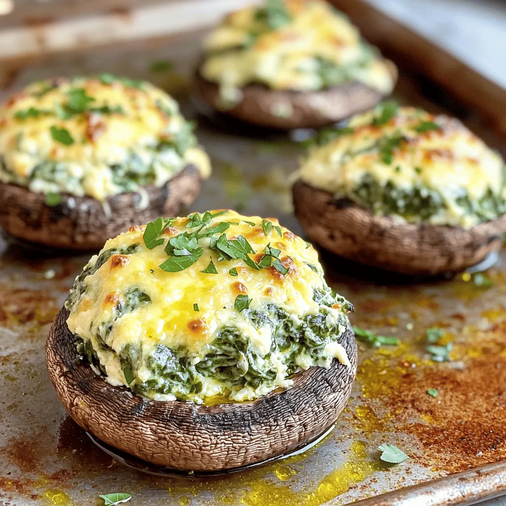To make these tasty treats, you will need: - 12 large portobello or button mushrooms, stems removed - 1 cup fresh spinach, chopped - 1 cup ricotta cheese - 1/2 cup cream cheese, softened - 1/2 cup shredded mozzarella cheese - 1/4 cup grated Parmesan cheese - 2 cloves garlic, minced - 1/4 teaspoon red pepper flakes (optional) - Salt and pepper to taste - 2 tablespoons olive oil - Fresh parsley, chopped (for garnish) When picking mushrooms, look for ones that are firm and clean. The caps should be smooth and free from dark spots. Choose mushrooms that are evenly shaped for easy stuffing. If you can, select portobello for a meaty bite, or use button mushrooms for a bite-sized snack. Always check the smell; fresh mushrooms have a pleasant earthy scent. While the recipe calls for ricotta, cream cheese, and mozzarella, feel free to mix it up! You can use goat cheese for a tangy twist. Feta cheese adds a salty kick and pairs well with spinach. If you love sharp flavors, try aged cheddar or Gruyère. Each cheese gives your stuffed mushrooms a unique taste and texture. The Full Recipe offers you a chance to explore all these flavors! To start, gather your ingredients. You will need 12 large mushrooms, fresh spinach, and various cheeses. Remove the stems from the mushrooms gently. Chop the spinach into small pieces. Mince the garlic cloves finely. This step is key to getting a strong flavor in your filling. Next, heat two tablespoons of olive oil in a skillet over medium heat. Add the minced garlic and sauté for about one minute. The smell will fill your kitchen! Add the chopped spinach and cook until it wilts. This usually takes about two to three minutes. Season it with salt, pepper, and red pepper flakes if you want some heat. Once done, take it off the heat and let it cool. In a bowl, mix the ricotta, cream cheese, mozzarella, and Parmesan. Stir it until it becomes smooth. Now, fold in the spinach and garlic mixture. This mixture is rich and creamy! Spoon this cheesy filling into each mushroom cap. Pack it in well, but not too tight. Place the stuffed mushrooms on a baking sheet. Top each one with the remaining mozzarella cheese for a bubbly finish. Bake in your preheated oven at 375°F for 20 to 25 minutes. You want the mushrooms to be tender and the cheese to be golden. Let them cool slightly before serving. You can find the full recipe [Full Recipe]. To get that perfect cheese melt, use fresh cheese. Fresh cheeses melt better than aged ones. I love mixing cheeses for depth. Try ricotta, mozzarella, and Parmesan. Spread the cheese evenly in each mushroom. Add a sprinkle of mozzarella on top before baking. This gives a nice bubbly finish. You can prepare these stuffed mushrooms ahead of time. Stuff the mushrooms and place them on a baking sheet. Cover them with plastic wrap and store in the fridge. They stay fresh for up to 24 hours. When you're ready to bake, just pop them in the oven. You may need to add a few extra minutes to the bake time. One common mistake is overcooking the mushrooms. Keep an eye on them while baking. Mushrooms should be tender, not mushy. Another mistake is using too much filling. Pack the filling lightly. If it overflows, it can burn. Lastly, don’t skip seasoning. A little salt and pepper make a big difference. For the full recipe, check out the complete guide above. {{image_2}} You can change the filling by adding more veggies. Try finely chopped bell peppers, onions, or artichokes. These add flavor and color. Just sauté them with the spinach until soft. Mix them into the cheese blend for extra taste. You can also use kale or Swiss chard instead of spinach. Each choice brings a new twist to your dish. If you want a meatier option, ground sausage or turkey works great. Cook the meat in the skillet first, then drain excess fat. Add garlic and spinach as you normally would. Mix this hearty filling into the cheese blend. This variation makes the dish more filling and satisfying. It’s perfect for a main course. For a gluten-free version, check your cheese labels. Most cheeses are gluten-free, but always verify. You can also ensure your mushrooms are fresh and clean. Serve these stuffed mushrooms with a gluten-free side. A simple salad pairs well and keeps it light. Enjoy the cheesy goodness without any worries! After you enjoy your cheesy spinach stuffed mushrooms, let them cool. Place them in an airtight container. You can store them in the fridge for up to three days. Make sure to cover them well. This keeps them fresh and tasty. To reheat the mushrooms, preheat your oven to 350°F (175°C). Place the stuffed mushrooms on a baking sheet. Cover them with foil to prevent drying out. Heat for about 10-15 minutes. If you want a crispy top, uncover them for the last 5 minutes. You can also use a microwave, but they may lose some texture. You can freeze stuffed mushrooms too! First, let them cool completely. Place them in a single layer on a baking sheet. Freeze them for about an hour. Then, transfer them to a freezer-safe bag. They can last up to three months in the freezer. When you're ready to enjoy them, bake from frozen at 375°F (190°C) for about 30-35 minutes. This method gives you a warm, cheesy treat anytime. For the full recipe, check out the previous section. Yes, you can use frozen spinach. Just thaw and drain it well. Frozen spinach works great when you want a quick option. Be sure to squeeze out extra water. This keeps your filling from getting too soggy. Fresh spinach has a nice taste, but frozen is still tasty. Mushrooms are done when they are tender and the cheese is bubbly. Bake them for 20-25 minutes at 375°F (190°C). Look for a golden color on the cheese. You can also poke a mushroom with a fork. It should feel soft but not mushy. These mushrooms pair well with many dishes. Serve them with a fresh salad for a light meal. They also go well with garlic bread or pasta. If you want something heartier, try a grilled chicken or steak on the side. Enjoy these bites with friends and family for a fun meal. For the full recipe, check out the details above! You learned how to make cheesy spinach stuffed mushrooms from scratch. We covered ingredients, cooking steps, and storage tips. Remember to pick fresh mushrooms and try different cheeses for flavor. Avoid common mistakes for the best results. You can even add meats or gluten-free options. These mushrooms make a tasty snack or appetizer. Enjoy making them!