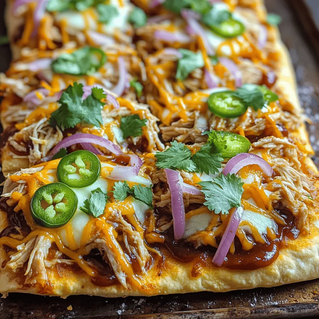 - 2 large flatbreads - 1 cup cooked chicken, shredded - 1/2 cup BBQ sauce (your favorite brand) For this BBQ chicken flatbread pizza, the main ingredients are simple and delicious. First, you need flatbreads as the base. They provide great flavor and crispiness. Then, take cooked chicken. Shredded chicken works best. Finally, grab your favorite BBQ sauce. This sauce adds the perfect sweetness and tang. Mix these three together, and you'll create a tasty foundation for your pizza. - 1 cup shredded mozzarella cheese - 1/2 cup cheddar cheese, shredded Cheese makes everything better! For this recipe, I use mozzarella cheese. It melts beautifully and adds a nice stretch. Cheddar cheese brings a sharp flavor. Together, they create a rich, creamy topping for your flatbread pizza. You can adjust the cheese amounts to suit your taste. - 1 cup red onion, thinly sliced - 1 small jalapeño, thinly sliced (optional, for heat) - 1/4 cup fresh cilantro, chopped Now, let’s talk about optional toppings. Red onion adds a sweet crunch. If you like heat, add jalapeños for a spicy kick. Fresh cilantro is a must for garnish. It adds brightness and freshness. Feel free to get creative with your toppings! You can use what you have on hand. For the full recipe, check out the link provided. To start, preheat your oven to 475°F (245°C). This high heat helps the flatbreads get crispy. Next, mix the shredded chicken with your favorite BBQ sauce in a bowl. Stir until the chicken gets a nice coat of sauce. Set this aside for later use. Now, grab your flatbreads and place them on a baking sheet lined with parchment paper. This makes cleanup easy! Lightly brush the tops of each flatbread with olive oil. This step helps them crisp nicely in the oven. Evenly spread the BBQ chicken mixture over each flatbread. This ensures every bite is packed with flavor. Next, layer on the sliced red onion. Follow this with your mozzarella and cheddar cheese. If you like it spicy, add thinly sliced jalapeños on top. Season lightly with salt and pepper. This will enhance the flavors of the toppings. Place the baking sheet in your preheated oven. Bake the flatbreads for about 10-12 minutes. You want the cheese to be melted and bubbly, and the edges crispy. When they’re done, take them out of the oven. Sprinkle fresh cilantro over the top. This adds a burst of freshness. Slice each flatbread into wedges. Serve hot and enjoy this tasty BBQ Chicken Flatbread Pizza! For the full recipe, check out the detailed instructions. To get that perfect crispiness on your flatbread, you need to preheat your oven well. Set it to 475°F (245°C) before baking. This high heat makes the flatbread crispy. Also, brush the flatbreads lightly with olive oil. This helps them brown and adds flavor. Quality matters when it comes to ingredients. Choose fresh, high-quality chicken and your favorite BBQ sauce. Fresh ingredients make a big difference in taste. To change up the flavor, try different BBQ sauces. Each brand has its unique taste. You can even mix sauces for a fun twist. Adding spices can also boost the flavor. Consider garlic powder, onion powder, or smoked paprika to give it a kick. Serve your BBQ chicken flatbread pizza hot from the oven. This keeps the cheese melty and delicious. Slice the flatbread into wedges for easy serving. Garnishing adds a nice touch. Sprinkle fresh cilantro on top for color and flavor. You can also add slices of jalapeño for some heat. Enjoy your beautiful and tasty pizza! For the complete recipe, check out the Full Recipe section. {{image_2}} You can swap chicken for pulled pork. The BBQ flavor works well with pork. Just shred the cooked pork and mix it with BBQ sauce. This gives you a rich and tasty twist. For a vegetarian option, consider using mushrooms. Portobello or button mushrooms are great choices. Sauté them with some olive oil and garlic for added flavor. They add a hearty texture that complements the flatbread. Think about adding fruit to your pizza. Pineapple is a classic choice that pairs well with BBQ sauce. The sweet and savory mix is truly delightful. You can also try peaches or figs for a unique touch. Different cheeses can change the flavor profile. Swap mozzarella for gouda or pepper jack for a bolder taste. Mixing cheeses can create a creamy and rich experience. For a Southern BBQ twist, add smoked sausage or coleslaw on top. This adds crunch and depth to the dish. The blend of flavors brings the essence of Southern BBQ right to your table. If you want Southwestern influences, try adding corn and black beans. This gives a fresh, zesty flavor. Top it off with some avocado for creaminess and a fun texture. Explore these variations to make your BBQ chicken flatbread pizza unique and delicious! Check out the Full Recipe for all the details. To keep your BBQ chicken flatbread pizza fresh, use airtight containers. Glass or plastic containers work well. Store the leftovers in the fridge right after they cool. They stay good for about 3 days. If you want to keep them longer, freezing is a great option. When freezing, wrap each flatbread tightly in plastic wrap. Then, place them in a freezer bag to avoid freezer burn. They can last up to 2 months in the freezer. For reheating, let the flatbreads thaw overnight in the fridge. Then bake them at 350°F (175°C) for 10-15 minutes. This keeps the flavors strong and the flatbread crispy. You can easily reimagine your flatbread pizza. Try slicing it up and adding it to a salad for a fun twist. You can also chop it and mix it into a stir-fry. The BBQ flavor adds a nice kick to any dish. Check out the Full Recipe for more ideas on how to enjoy your BBQ chicken flatbread pizza! BBQ Chicken Flatbread Pizza is a fun twist on classic pizza. It uses flatbreads as the base instead of traditional dough. This dish features shredded chicken mixed with BBQ sauce, topped with cheese, onions, and fresh herbs. The result is a tasty, easy meal that everyone loves. Yes, you can make BBQ Chicken Flatbread Pizza ahead of time. Prepare the chicken and sauce mixture. Store it in the fridge for up to three days. You can also assemble the flatbreads without baking them. Just cover them and keep them in the fridge. When ready, bake them fresh for a hot, delicious meal. The best BBQ sauces depend on your taste. Some popular brands are Sweet Baby Ray’s, Stubb’s, and Kraft. These sauces offer rich flavors, perfect for this dish. You can also try homemade BBQ sauce for a unique twist. Just mix ketchup, vinegar, brown sugar, and spices for a quick version. To make the crust crispier, brush the flatbreads with olive oil. Use a light hand; too much oil can make them soggy. Bake them at a high temperature, around 475°F (245°C). Preheat the oven well for the best results. If you like, bake the flatbreads for a few minutes before adding toppings. Yes, you can easily make this recipe gluten-free. Just choose gluten-free flatbreads. Many stores sell these now. Look for brands like Udi's or Canyon Bakehouse. They taste great and hold up well with the toppings. Enjoy your BBQ Chicken Flatbread Pizza without worry! BBQ chicken flatbread pizza combines simple ingredients for big flavor. You mix cooked chicken with BBQ sauce, layer it with cheese and toppings, then bake for a crispy treat. Remember, you can change proteins and add creative toppings. Store leftovers smartly for later meals. This dish is easy to customize and perfect for sharing. Take these tips, try this recipe, and enjoy your delicious creation. Your kitchen will smell great, and your family will love it!