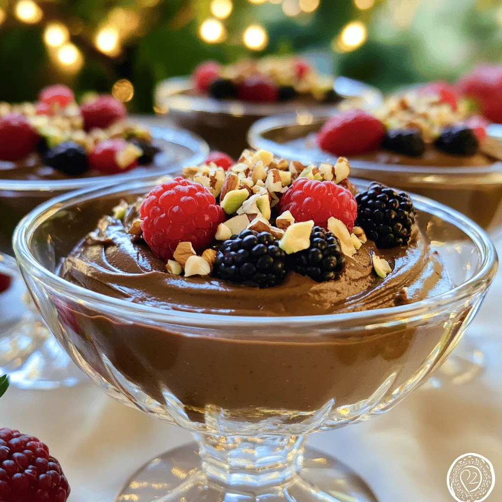 To create this rich and creamy vegan chocolate avocado mousse, you need a few simple ingredients. Each one plays a key role in making the dish both tasty and healthy. Here’s what you will need: - 2 ripe avocados - 1/2 cup unsweetened cocoa powder - 1/3 cup maple syrup or agave nectar - 1/4 cup almond milk (or any plant-based milk) - 1 teaspoon vanilla extract - Pinch of sea salt - Optional toppings: Fresh berries and chopped nuts The ripe avocados are crucial. They give the mousse its smooth texture and healthy fats. The cocoa powder adds rich chocolate flavor without any added sugars. Maple syrup or agave nectar sweetens the mousse naturally. Almond milk keeps the mixture creamy while being dairy-free. A touch of vanilla extract adds warmth. Lastly, the sea salt enhances all the flavors. Feel free to play with toppings! Fresh berries add brightness, and chopped nuts offer a nice crunch. You can find the full recipe to guide you through each step. - Step 1: Combine the ingredients in a food processor. Start with the ripe avocados, cocoa powder, maple syrup, almond milk, vanilla extract, and a pinch of sea salt. Make sure all ingredients are ready to go. - Step 2: Blend until smooth and creamy. Turn on your food processor and blend the mix. Scrape the sides as needed. This step is crucial for a nice texture. - Step 3: Adjust sweetness to taste. After blending, taste the mousse. If it’s not sweet enough, add more maple syrup. Blend again to mix it well. - Step 4: Spoon into serving cups. Once the mousse is silky, scoop it into cups or bowls. This is where your dessert starts to take shape. - Step 5: Refrigerate to set. Place the cups in the fridge for at least 30 minutes. This step helps the mousse to firm up and brings out the flavors. - Step 6: Add toppings before serving. Just before serving, add fresh berries or chopped nuts on top. This adds color and texture, making your mousse look even better. For the full recipe, you can check the detailed instructions. Enjoy making this rich and creamy delight! To make the best vegan chocolate avocado mousse, start with ripe avocados. Look for avocados that yield slightly when you press them. If they feel hard, wait a few days. Overripe avocados can also work, but they might alter the taste. Use a good food processor for blending. This tool helps mix the ingredients well. Blend on high until the mousse is smooth and creamy. Stop to scrape down the sides to catch any lumps. This step is key to a perfect texture. You can adjust sweetness easily. If you want it sweeter, add more maple syrup. Taste as you go to find your perfect level. You can also try other sweeteners like agave nectar or coconut sugar. For fun flavor twists, think about adding espresso or fresh mint. A little espresso can enhance the chocolate flavor. Fresh mint gives a nice refreshing taste that pairs well with chocolate. Just blend a small amount in for a new experience. Presentation matters for desserts like this mousse. Serve it in clear cups to show off the rich color. Top it with fresh berries or chopped nuts for a pop of color and texture. A sprinkle of cocoa powder adds an elegant touch, too. Pair this mousse with a nice cup of herbal tea or a glass of almond milk. It also goes well with light snacks like fruit or toast. These pairings can enhance the dessert experience for you and your guests. {{image_2}} You can switch up ingredients to fit your taste. Using different plant-based milks changes the mousse's flavor. Almond milk is popular, but oat or coconut milk works too. Each type adds its unique touch. When it comes to chocolate, choose between dark and semi-sweet chocolate. Dark chocolate gives a richer taste, while semi-sweet offers a balanced sweetness. You can also try raw cacao for a more intense flavor. To make your mousse more exciting, consider adding spices. A pinch of cinnamon or a touch of chili can add depth. These spices enhance the chocolate flavor and make it fun. You can also mix in nut butters for a unique twist. Almond or peanut butter adds creaminess and a nutty flavor. This small change can transform your mousse into a new treat. For the full recipe, check out the main article. To keep your vegan chocolate avocado mousse fresh, store it in an airtight container. Place it in the fridge right after you finish eating. This helps maintain its rich, creamy texture. You can also cover the mousse with plastic wrap. Make sure the wrap touches the surface to prevent air from getting in. If you want to freeze it, pour the mousse into freezer-safe containers. Leave some space at the top since it may expand when frozen. When you're ready to enjoy it, move the mousse to the fridge to thaw overnight. This keeps the taste and texture nice. In the fridge, your mousse will last about three days. After that, the taste and texture might change. Check for any off smells or changes in color. If you see any brown spots, it’s time to toss it. If you freeze the mousse, it can last up to three months. However, the texture may change a bit after thawing. Always taste it before serving to ensure it’s still good. Yes, you can make this mousse nut-free! Instead of almond milk, use oat milk or soy milk. These options give a creamy texture without nuts. For toppings, fresh berries or coconut flakes work well. You can also use seeds, like sunflower or pumpkin, for crunch. This way, you keep the dessert tasty and safe for those with nut allergies. Absolutely! Kids love this mousse. It has a rich chocolate taste that hides the avocado flavor. The creamy texture is fun to eat. You can top it with colorful berries, which makes it more appealing. Many children enjoy chocolate, so this dessert is a hit. Plus, it’s a sneaky way to add healthy fats into their diet. Yes, you can use other sweeteners. If you want to lower sugar, try stevia or monk fruit. Both can sweeten without calories. However, the taste may change slightly. Using honey or agave nectar is also an option, but keep in mind honey is not vegan. Each sweetener adds a unique flavor, so experiment to find your favorite. For the full recipe, check the main section. This blog post covered a tasty chocolate avocado mousse. I shared the simple ingredients needed, like ripe avocados and cocoa powder, and gave clear steps for making it smooth and creamy. Tips on adjustments for sweetness and flavor made it even better. I also explored ways to store leftovers and answered common questions. In conclusion, this mousse is healthy and fun to make. You can easily adapt it to suit your taste. Enjoy a delicious treat that makes you smile!