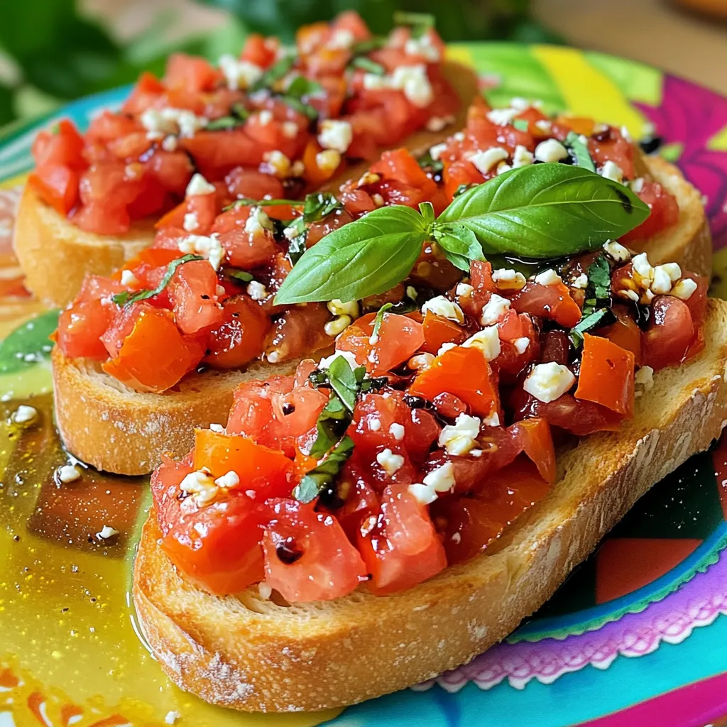 For the best bruschetta, fresh ingredients are key. You will need: - 4 medium ripe tomatoes, diced - 1/2 cup fresh basil leaves, chopped - 2 cloves garlic, minced Using ripe tomatoes gives a sweet and juicy flavor. Fresh basil adds a fragrant note. Minced garlic gives a nice kick. These three ingredients create a bright and tasty topping. You will also need a few pantry staples: - 1 tablespoon balsamic vinegar - 2 tablespoons extra virgin olive oil - Salt and pepper to taste - 1 French baguette or ciabatta, sliced Balsamic vinegar brings tanginess. Olive oil adds richness and helps blend the flavors. Salt and pepper enhance all the tastes. The bread serves as a crunchy base for the topping. To elevate your bruschetta, consider these optional ingredients: - 1/4 cup crumbled feta cheese for added flavor Feta cheese adds a salty and creamy touch. It pairs well with the fresh ingredients. You can mix and match these options based on your taste. For the full recipe, check out the detailed instructions above. Start by taking your ripe tomatoes. Dice them into small pieces. Place the diced tomatoes in a bowl. Then, chop the fresh basil leaves and add them to the bowl. Next, mince the garlic cloves and mix them in as well. Drizzle in the balsamic vinegar and olive oil. Toss everything together gently. This helps combine the flavors. Add salt and pepper to taste. Let this mixture sit for about 10-15 minutes. This waiting time allows the flavors to blend nicely. While your tomato mixture rests, preheat your oven. Set it to 400°F (200°C). Slice your French baguette or ciabatta. Arrange the bread slices on a baking sheet. Brush each slice lightly with extra virgin olive oil. This helps them crisp up nicely. Bake the bread for about 5-7 minutes. Keep an eye on them. You want them golden and crisp, but not burnt. Once done, remove them from the oven and let them cool slightly. Now it’s time to put it all together! Take each toasted slice of bread. Top it with the tomato and basil mixture. If you want, sprinkle some crumbled feta cheese on top. This adds a lovely touch. Serve your bruschetta right away. Enjoy it as a snack or appetizer. It is best fresh! For the full recipe, check the details above. To make great bruschetta, pick ripe tomatoes. Look for ones that are firm and fragrant. I love using Roma tomatoes. They have fewer seeds and a rich flavor. If you can, buy organic tomatoes. They taste better and are better for you. Always wash tomatoes well before using them. This step helps remove dirt and pesticides. The right bread makes a big difference. Use a French baguette or ciabatta for the best texture. Slice the bread about half an inch thick. This size toasts well and holds toppings nicely. Brush each slice with olive oil for flavor. Bake at 400°F for 5-7 minutes. You want it golden and crispy but not burnt. For extra crispness, turn the slices halfway through baking. Serve your bruschetta on a colorful platter. This adds to the visual appeal. You can also drizzle more balsamic vinegar over the top. A sprinkle of crumbled feta cheese gives it a nice touch. For a fresh twist, add a few arugula leaves beside the bruschetta. These ideas make your dish look fancy and taste even better. For the full recipe, check the section above. {{image_2}} You can make your bruschetta even better by adding cheese. Feta cheese adds a nice salty touch. Try fresh mozzarella for a creamy bite. Goat cheese brings a tangy flavor. Each cheese gives the bruschetta its own twist. Feel free to mix and match cheeses for fun results! Don’t stop at the classic tomato and basil! You can add roasted red peppers for a smoky flavor. Olives add a briny taste that many love. Artichoke hearts bring a nice crunch. Think about using fresh arugula for a peppery kick. The sky is the limit, so get creative! While a French baguette is common, you can switch it up. Try using ciabatta for a chewy texture. Sourdough adds a nice tang and crispiness. Even crispy flatbreads can work well. Choose any bread you enjoy to make it your own. Each option changes the whole dish! To store leftover bruschetta, place it in an airtight container. The fresh toppings can lose their crunch quickly. I like to store the tomato mixture and bread separately. This keeps the bread crisp. Cover the bowl with plastic wrap if you do not have a container. Use the bruschetta within two days for the best taste. If you want to enjoy toasted bread again, reheat it in the oven. Preheat your oven to 350°F (175°C). Place the bread slices on a baking sheet. Heat for about 5 minutes until warm and crispy. Avoid using the microwave, as it makes the bread chewy. The shelf life of the ingredients varies. Fresh tomatoes last about a week in the fridge. Basil keeps well for about 3-5 days. Garlic stays fresh for a month in a cool, dark place. Olive oil can last for six months if stored properly. Check the expiration dates on balsamic vinegar and feta cheese, as they vary. For the best flavor, use fresh ingredients when possible. For the full recipe, check the section above. I recommend using ripe Roma tomatoes. They have fewer seeds and firm flesh. This helps keep your bruschetta fresh and tasty. If you can’t find Roma, try vine-ripened tomatoes. Both options bring great flavor to your dish. You can prepare the tomato mixture ahead of time. Just mix the diced tomatoes, basil, and garlic. Store it in the fridge for up to 2 hours. This helps the flavors blend. However, toast the bread right before serving. Toasted bread stays crisp and delicious. To avoid soggy bruschetta, keep the tomato mixture separate from the bread. Serve them side by side. This way, the bread stays crunchy. You can also brush the bread with olive oil before toasting. It adds flavor and creates a barrier against moisture. For the full recipe of this dish, check out the Fresh Tomato Basil Bruschetta section! Bruschetta is simple and fun to make. We explored fresh ingredients, pantry staples, and tasty extras. The step-by-step guide took you from mixing tomatoes to toasting bread. You learned tips for choosing the right tomatoes and ideas for fun toppings. Storing and reheating leftovers was also covered. Finally, I answered your questions about making bruschetta ahead and keeping it fresh. Now, you can impress your friends with your bruschetta skills. Enjoy creating delicious bites!
