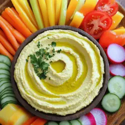 To make a tasty hummus, gather these ingredients: - 1 can (15 oz) chickpeas, rinsed and drained - 1/4 cup tahini - 2 tablespoons extra-virgin olive oil - 2 tablespoons lemon juice - 1 garlic clove, minced - 1/2 teaspoon ground cumin - Salt, to taste - 1/4 cup water (adjust for desired consistency) These simple items create a creamy and rich hummus. For a great veggie platter, I suggest these colorful choices: - 1 bell pepper (red, yellow, or orange), sliced - 1 cucumber, sliced into rounds - 1 carrot, cut into sticks - 1 cup cherry tomatoes, halved - 1 cup radishes, halved These veggies bring crunch and color to your meal. Hummus is not just tasty; it is also good for you. Here are some benefits: - Chickpeas provide protein and fiber, which keep you full. - Tahini is made from sesame seeds and adds healthy fats. - Olive oil is a heart-healthy fat that boosts flavor. - Lemon juice adds vitamin C, which helps your immune system. - Garlic has health benefits, like helping to lower blood pressure. The veggies add vitamins, minerals, and water, making this platter a nutritious choice. Enjoy this vibrant hummus and rainbow veggie platter for a nourishing meal. For the full recipe, check out the detailed instructions. To make hummus, start by gathering your ingredients. You need chickpeas, tahini, olive oil, lemon juice, garlic, cumin, salt, and water. Place all these ingredients in a food processor. Blend until the mixture is smooth. If it feels too thick, slowly add water. Keep blending until you reach your desired consistency. Taste your hummus and adjust the salt and lemon juice if needed. Once it's perfect, transfer the hummus to a bowl. You can smooth the top with a spatula. For a little flair, drizzle some olive oil over the top. The key to great hummus is in the blending. Make sure to blend long enough to get that creamy texture. If you want it silkier, try peeling the chickpeas before blending. This step takes a bit of time but makes a big difference. Use fresh lemon juice for the best flavor. You can also add a pinch of paprika or cumin on top for extra taste and color. For a unique twist, try adding roasted garlic or red pepper. When serving your veggie platter, focus on colors and shapes. Use a large, colorful platter to make it pop. Slice the bell pepper, cucumber, and carrot into eye-catching shapes. Arrange them around the hummus bowl. You can create a rainbow effect with cherry tomatoes, radishes, and herbs. Place each veggie in groups for a neat look. Remember, presentation is key! A well-arranged platter not only looks good but also makes it more tempting to eat. For a fun touch, consider small bowls for different dips. For the full recipe, check out the Vibrant Hummus & Rainbow Veggie Platter. One common mistake is not rinsing the chickpeas. Rinsing helps remove the can's liquid, which can taste salty. Another mistake is adding too much water at once. Start with a little water and blend until smooth. If you skip tasting, you may miss adding enough salt or lemon juice. Blend well after each addition to ensure a balanced flavor. For the best veggie platter, wash all your veggies well. Cut them into uniform sizes for even cooking and easier dipping. For carrots, cut them into sticks that are not too thick. For cucumbers, slice them into rounds. Cherry tomatoes should be halved for easy eating. Use a mix of colors to make your platter pop. Enhancing flavor is simple. Try adding spices like paprika or za'atar on top of the hummus. A drizzle of olive oil adds richness and shine. For presentation, use a colorful platter. Arrange veggies in a circular design or in rows for fun. Place small bowls of hummus around the platter for easy access. You can find the Full Recipe for a vibrant hummus and rainbow veggie platter that will impress your guests. {{image_2}} Hummus is fun to change up. You can easily make different flavors! Try adding roasted garlic for a warm taste. Just roast a few garlic cloves until soft and blend them into the hummus. You can also add roasted red peppers for a sweet and smoky flavor. Simply blend in some jarred or homemade roasted red peppers. Other ideas include adding sun-dried tomatoes, olives, or even fresh herbs like basil. Each change gives your hummus a new twist. While carrots and cucumbers are classic choices, feel free to get creative! Try using colorful bell peppers, radishes, and cherry tomatoes. You can also use snap peas or broccoli florets for a crunchy dipper. For a fun twist, serve pita chips, whole-grain crackers, or even toasted baguette slices alongside your hummus. These alternatives add variety and make your platter look vibrant and inviting. Want to make your platter even heartier? Add proteins! Grilled chicken, shrimp, or chickpea salad can elevate your meal. You might also consider adding other dips. Baba ganoush, tzatziki, or a yogurt-based dip can pair well with hummus. This way, you can cater to different tastes and make your meal more filling. For the full recipe, check out the vibrant hummus and rainbow veggie platter! To store homemade hummus, place it in an airtight container. This keeps it fresh. You can add a thin layer of olive oil on top. This helps seal in moisture. Store it in the fridge right away. It will stay good for about one week. To keep your veggies fresh, wrap them in damp paper towels. Place them in a plastic bag or container. This keeps the moisture in and prevents wilting. Store them in the fridge, away from fruits. Fruits release ethylene gas, which can spoil veggies faster. Hummus lasts about seven days in the fridge. If you see any mold, discard it right away. Cut veggies stay fresh for three to five days. After that, they may lose crunchiness and flavor. Always check for signs of spoilage before eating. You can keep hummus in the fridge for about five to seven days. Make sure to store it in an airtight container. This keeps it fresh and tasty for you. If you notice any changes in color or smell, it’s best to toss it out. Yes, you can freeze hummus! It freezes well for up to four months. Use a freezer-safe container and leave some space at the top. This space allows the hummus to expand as it freezes. When you’re ready to eat it, thaw it in the fridge overnight. Stir well before serving to regain its creamy texture. The best veggies for a platter are colorful and crunchy. Here are some great choices: - Bell peppers (red, yellow, or orange) - Carrots - Cucumbers - Cherry tomatoes - Radishes These veggies not only look nice but also add great flavor and texture. You can find pre-made hummus and veggie platters at many grocery stores. Look in the deli section or the refrigerated aisle. Stores like Trader Joe’s, Whole Foods, and local markets often have tasty options. You can also order from catering services for larger gatherings. For an easy recipe, check out the Full Recipe for a homemade version! Making hummus at home is easy and fun. You learned about ingredients, steps, and tips. Pairing fresh veggies boosts both flavor and health. Don't forget to try different flavors and dips! Storing your hummus and veggies right keeps them fresh longer. With these tricks, you can impress anyone. Enjoy creating your hummus platter and sharing it with friends and family. Trust me, it's worth it! Your next gathering will be a hit.