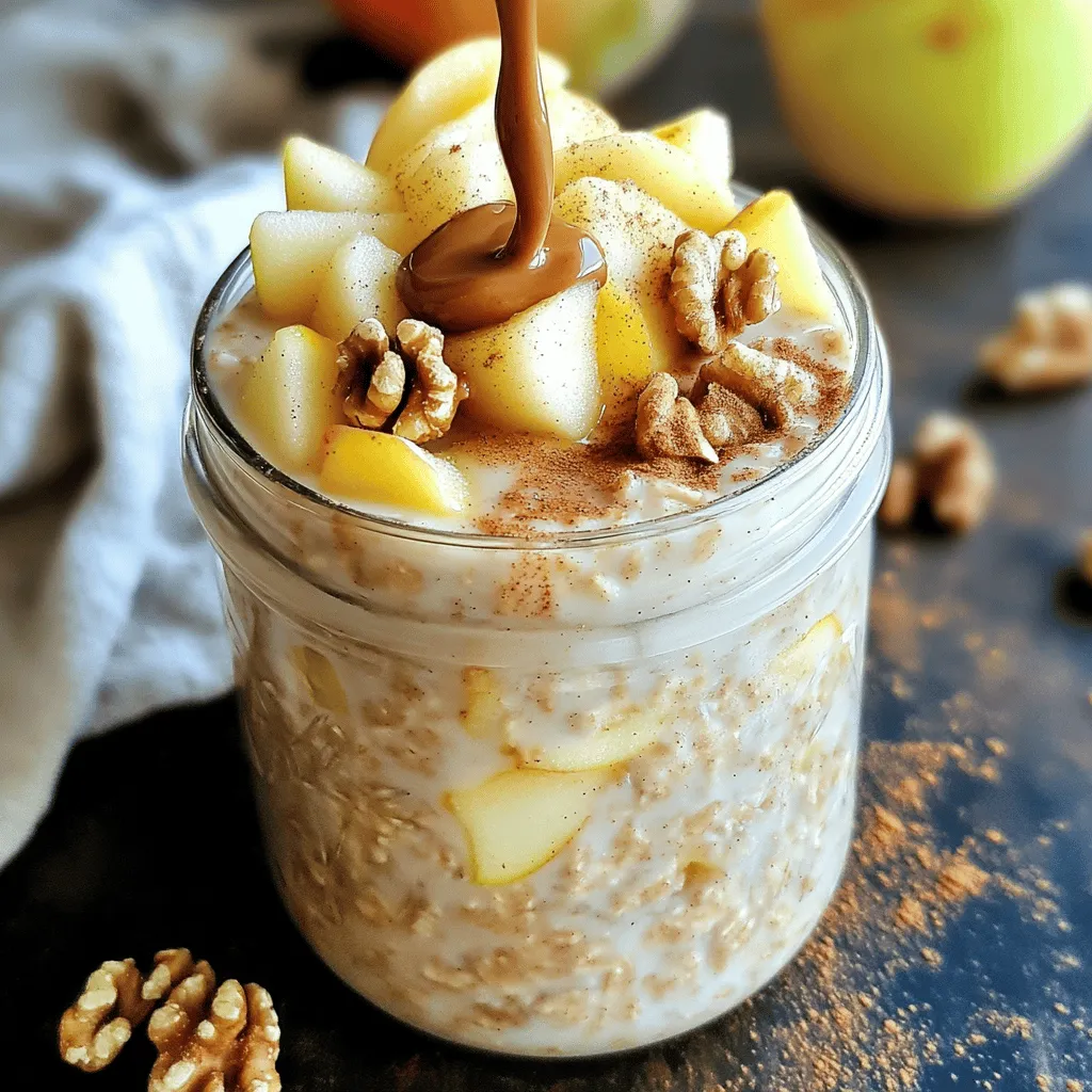 - 1 cup rolled oats - 1 ½ cups unsweetened almond milk - 1 medium apple, diced - 1 tablespoon maple syrup - 1 teaspoon ground cinnamon - ½ teaspoon vanilla extract - 2 tablespoons chia seeds - Pinch of salt You need these simple ingredients to make your Apple Cinnamon Overnight Oats. Start with rolled oats. They soak up the liquid well. You can use any milk you like. I prefer unsweetened almond milk; it keeps things light and tasty. Next is the apple. I suggest a sweet one like Fuji or Honeycrisp. Dicing it makes it easy to mix in. Maple syrup adds a touch of sweetness. You can also use honey if you prefer. Ground cinnamon gives a warm flavor. It pairs perfectly with the apple. A little vanilla extract adds depth to the oats. Chia seeds boost the nutrition and help thicken the mixture. A pinch of salt will enhance all the flavors. - Toasted walnuts - Additional apple slices - Drizzle of almond butter Toppings can make your oats even better. Toasted walnuts add crunch and healthy fats. You can also add extra apple slices for freshness. A drizzle of almond butter gives creaminess and flavor. Feel free to mix and match to find your favorite! For the full recipe, check the main article. You'll enjoy this tasty and healthy breakfast option! - In a large mixing bowl, combine all the ingredients: - 1 cup rolled oats - 1 ½ cups unsweetened almond milk - 1 medium apple, diced - 1 tablespoon maple syrup - 1 teaspoon ground cinnamon - ½ teaspoon vanilla extract - 2 tablespoons chia seeds - Pinch of salt - Stir well until all ingredients blend together. - Make sure the oats are submerged in the liquid. This soaking helps them soften. - Next, transfer the mixture into jars or containers. - Seal them tightly to keep everything fresh. - Place in the fridge overnight or for at least 4-6 hours. This allows the oats to soak up all the flavor. - In the morning, give the oats a good stir. - If the mix seems too thick, add a splash more milk to adjust the texture. - Serve chilled or gently warmed in the microwave. - Top them with toasted walnuts, extra apple slices, or a drizzle of almond butter for added flavor. For the full recipe, refer back to the earlier section. - Use quick-cooking oats for faster soaking times. They absorb liquid quickly. - Adjust sweetness level to taste. Add more or less maple syrup or honey. - Add nutmeg for extra warmth. Nutmeg pairs well with cinnamon. - Mix in dried fruits for variety. Try raisins or cranberries for sweetness. - Add extra milk if too thick. A splash of almond milk will help. - Use different types of milk for creaminess. Try oat milk or coconut milk for a twist. These tips can elevate your Apple Cinnamon Overnight Oats. You can find the full recipe to get started. {{image_2}} You can change up your apple cinnamon overnight oats with new flavors. - Pumpkin Spice Overnight Oats: Just add pumpkin puree and pumpkin spice. It brings cozy vibes to breakfast. - Peanut Butter Banana Overnight Oats: Mix in creamy peanut butter and sliced bananas for a yummy twist. This combo gives you energy and taste. You can also make your oats fit your diet. - Use coconut milk for a tropical spin: This gives your oats a creamy texture and a hint of coconut flavor. - Confirm oats are certified gluten-free: This ensures you avoid any gluten if you need to. Feel free to swap ingredients based on the season. - Swap apples for peaches in summer: Fresh peaches add a sweet, juicy taste. - Try cranberries during the fall: They add a tart flavor that pairs well with cinnamon. If you want to try these delicious variations, check out the Full Recipe for guidance! You can keep your Apple Cinnamon Overnight Oats in the fridge for up to 5 days. Use airtight containers to keep them fresh. This way, your oats will stay tasty and safe to eat. Make sure to seal them tightly. The less air inside, the better they will taste. If you want to save some for later, you can freeze your oats. They make a great breakfast option for busy mornings. Just freeze them in individual portions. When you're ready to eat, take a jar out and thaw it overnight in the fridge. This keeps the flavor and texture just right. Always check your oats before eating. If you notice any changes in smell or texture, it’s best to toss them. If they smell off or seem slimy, do not eat them. Freshness is key to enjoying your delicious breakfast. Apple cinnamon overnight oats can last up to five days in the fridge. Store them in airtight containers. Always check for any off smells or changes in texture before eating. If they look good, they are likely safe to enjoy! You can use steel-cut oats, but the texture will change. Steel-cut oats need more soaking time. I recommend soaking them overnight or cooking them first for best results. Rolled oats are softer and blend better with the other ingredients. You can add many fruits to your oats! Here are some tasty options: - Bananas - Berries (strawberries, blueberries, or raspberries) - Peaches - Pears - Cherries Mix and match to find your favorite combination! To boost protein in your overnight oats, try these tips: - Add Greek yogurt or cottage cheese - Mix in protein powder - Use nut milk instead of regular milk - Include nuts or seeds like almonds or pumpkin seeds These additions will help you start your day strong! For the full recipe, check out the cozy apple cinnamon overnight oats. Apple Cinnamon Overnight Oats are simple and tasty. You mix oats, almond milk, and spices, then refrigerate overnight. This gives you a delicious breakfast ready by morning. You can also change flavors or add toppings as you like. In the end, these oats are flexible, healthy, and easy to make. You can customize them to fit your taste. Enjoy your mornings with this quick and satisfying meal!