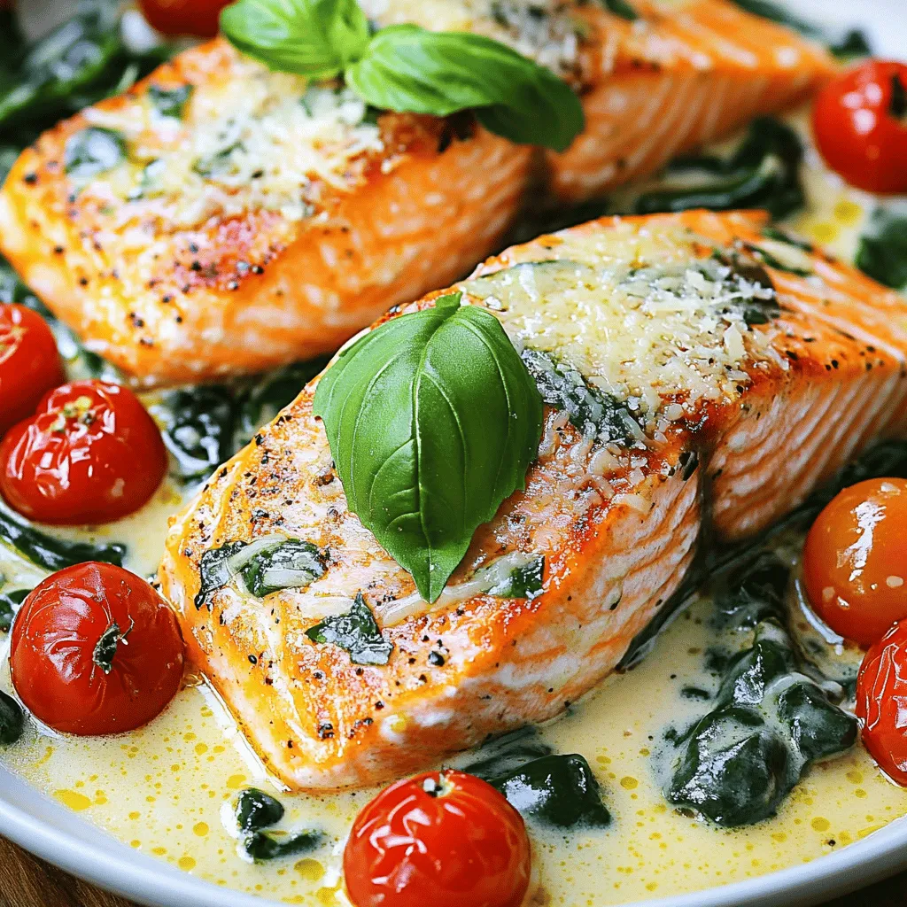 - 4 salmon fillets (about 6 oz each) - Salt and pepper, to taste - 2 tablespoons olive oil - 1 cup heavy cream - 1 cup cherry tomatoes, halved - 2 cups fresh spinach - 3 cloves garlic, minced - 1 teaspoon Italian seasoning - 1/4 teaspoon red pepper flakes (optional) - 1/4 cup grated Parmesan cheese - Fresh basil, for garnish In this recipe, you'll find easy-to-get ingredients. You start with fresh salmon fillets. Each piece should weigh about 6 ounces. They give you a rich, tasty base for your dish. Next, you need salt and pepper for simple seasoning. Just a sprinkle can elevate the salmon’s flavor. Olive oil comes next. It helps cook the salmon and adds healthy fats. For the creamy sauce, heavy cream is key. It creates a rich, smooth texture. The cherry tomatoes add a burst of sweetness. Their bright color makes the dish pop. Spinach brings a lovely green color and nutrients. Don't forget garlic! It adds depth and aroma. Italian seasoning brings a mix of herbs that gives it an Italian flair. If you like some heat, add red pepper flakes. Finally, grated Parmesan cheese adds a salty, nutty finish. For a fresh touch, garnish with basil. This balance of low-carb ingredients makes for a delightful meal. Check the Full Recipe for all the steps! 1. Seasoning and cooking the salmon First, take your salmon fillets and season them well with salt and pepper. This step adds great flavor. Heat 2 tablespoons of olive oil in a large skillet over medium-high heat. Once hot, place the salmon in the skillet. Cook each side for about 4-5 minutes. You want a nice golden-brown crust on the outside. When done, remove the salmon and set it aside on a plate. 2. Sautéing garlic and vegetables In the same skillet, lower the heat to medium. Add 3 cloves of minced garlic and sauté for about 30 seconds. The smell will be amazing! Next, add 1 cup of halved cherry tomatoes. Cook them for 2-3 minutes until they soften. Then, stir in 2 cups of fresh spinach. Cook until the spinach wilts, which takes about 1-2 minutes. 3. Combining the creamy sauce with salmon Now, pour in 1 cup of heavy cream. Add 1 teaspoon of Italian seasoning and 1/4 teaspoon of red pepper flakes if you like a bit of heat. Stir in 1/4 cup of grated Parmesan cheese. Mix everything well and let it simmer gently. Return the cooked salmon to the skillet, spooning the creamy sauce over it. Let it simmer for 2-3 minutes to warm through. Taste it and adjust the seasoning if needed. Garnish with fresh basil before serving. For the full recipe, refer to the details above. Enjoy your delicious Low-Carb Creamy Tuscan Salmon! To get the perfect salmon texture, start with fresh salmon fillets. Look for bright, moist fish with no strong odor. Cook the salmon for about 4-5 minutes on each side. This timing gives it a nice golden color and keeps it juicy. When adding ingredients, timing matters. After you cook the salmon, set it aside. Use the same skillet for the garlic, tomatoes, and spinach. This adds flavor to your sauce. Sauté the garlic for about 30 seconds before adding the tomatoes. This way, the garlic gets fragrant without burning. Adjusting flavors to your liking is key. Taste the sauce before you finish. If you want more heat, add red pepper flakes. Want it creamier? Stir in more Parmesan cheese. Balance the flavors to fit your taste buds. For the full recipe, check out the Low-Carb Creamy Tuscan Salmon. {{image_2}} You can easily change this dish to fit your taste. Here are some ways to do that. - Alternative vegetables to use: Try zucchini or bell peppers instead of spinach and tomatoes. Both add great flavor and color. You can even use asparagus for a nice crunch. - Different types of fish: Salmon is tasty, but you can swap it for trout or tilapia. Both will soak up the creamy sauce well and give you a new dish. - Optional flavor additions: Want more flavor? Add lemon zest or a splash of white wine. You can also mix in capers for a salty kick or sun-dried tomatoes for extra sweetness. Feel free to experiment with these swaps. Each choice will give you a unique twist on this low-carb creamy Tuscan salmon recipe. Check the Full Recipe for all the details on the base dish. To keep your Low-Carb Creamy Tuscan Salmon fresh, follow these tips: - Refrigeration guidelines: Place leftovers in an airtight container. Store them in the fridge for up to three days. Make sure the salmon is cool before sealing the container. - Freezing tips: If you want to save leftovers for longer, you can freeze them. Wrap the salmon tightly in plastic wrap, then place it in a freezer bag. It can last up to three months in the freezer. Remember, freezing may change the texture a bit. - Reheating instructions: When you are ready to eat, thaw the salmon overnight in the fridge. To reheat, place it in a skillet over low heat. Add a splash of cream to keep it moist. Heat until warm, but don’t overcook it. You want to enjoy that creamy sauce with your salmon. These steps help maintain the flavor and texture of your delicious dish. For more details, check the Full Recipe. Enjoy! To make this dish, start with salmon fillets. Season them well with salt and pepper. Heat olive oil in a skillet. Cook the salmon for 4-5 minutes on each side. Remove the salmon and set it aside. In the same skillet, add minced garlic and sauté it for about 30 seconds. Next, add halved cherry tomatoes and cook for 2-3 minutes. Then, toss in fresh spinach and cook until it wilts. Pour in heavy cream and mix in Italian seasoning and Parmesan cheese. Return the salmon to the skillet and spoon the sauce over it. Let it simmer for a few minutes. This full recipe is simple and gives you a creamy, flavorful dish. This dish pairs well with many sides. Consider serving it with zucchini noodles or cauliflower rice for a low-carb option. You can also serve it with a fresh salad. A side of roasted vegetables complements the salmon nicely, too. For a heartier meal, try it with quinoa or whole grain bread. Each of these options enhances the creamy flavors of the salmon. Yes, you can use frozen salmon. Just make sure to thaw it completely before cooking. The best way to thaw is in the fridge overnight. If you're in a hurry, you can place it in a sealed bag and submerge it in cold water. Once thawed, follow the same cooking steps as you would with fresh salmon. This ensures you still get a tender and flavorful meal. This blog post covered all you need to create Low-Carb Creamy Tuscan Salmon. You learned about key ingredients like salmon, creamy sauces, spinach, and tomatoes. I shared step-by-step instructions for perfect cooking. Tips helped you get the right texture and flavor. I also offered ingredient swaps and storage info for leftovers. In the end, you can enjoy a delicious, healthy meal with ease. Embrace these ideas to make your cooking fun and flexible. Your kitchen adventures can start now!