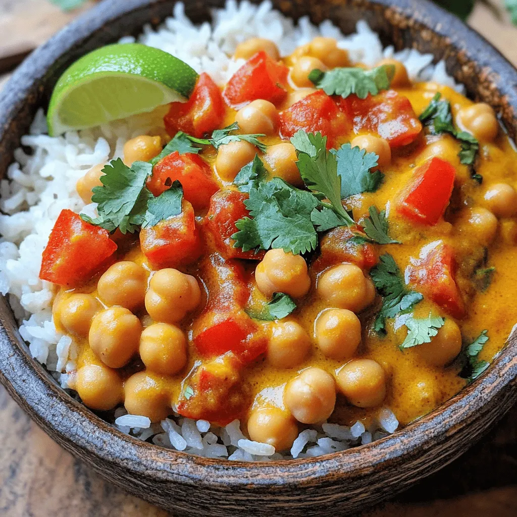 - 2 cans of chickpeas, drained and rinsed - 1 large onion, diced - 2 cloves of garlic, minced - 1-inch piece of ginger, grated - 1 can (400ml) of coconut milk - 2 medium tomatoes, diced - 2 tablespoons curry powder - 1 teaspoon turmeric - 1 teaspoon cumin - 1 teaspoon coriander - 2 tablespoons vegetable oil - Salt and pepper to taste - Fresh cilantro for garnish - Cooked basmati rice (for serving) To make a great chickpea curry, gather these ingredients first. Each one plays a role in building flavors. Chickpeas provide protein and texture. Onions, garlic, and ginger add depth and warmth. The coconut milk gives a creamy base. Curry powder, turmeric, cumin, and coriander create the spice mix. These spices are not only tasty but also healthy. The diced tomatoes add freshness and balance. You can also add optional ingredients for extra flavor. Spinach or bell peppers can boost the nutrition. If you like heat, chopped green chilies work well. For the full recipe, visit the section on step-by-step instructions. This dish is easy to make and packed with flavor, perfect for any meal. 1. First, heat the vegetable oil in a large pot over medium heat. 2. Next, add the diced onion. Sauté it for about 5 minutes until it is soft. 3. Then, stir in the minced garlic and grated ginger. Cook them for 1-2 minutes. 4. After that, add the diced tomatoes. Cook until they soften, about 3 minutes. 5. Now, sprinkle in the curry powder, turmeric, cumin, and coriander. Stir well to coat. 6. Pour in the coconut milk and mix it all together. Bring it to a gentle simmer. 1. Add the rinsed chickpeas to the pot. Season with salt and pepper. 2. Let the curry simmer for 15-20 minutes. This helps the flavors blend well. 1. Taste and adjust the seasoning as needed. If you like a thicker curry, simmer longer. 2. Finally, garnish with fresh cilantro before serving. You can find the full recipe [here](#). To ensure your chickpeas are tender, soak dried chickpeas overnight. If you use canned chickpeas, rinse them well. This removes excess salt and makes them taste fresh. When cooking, let your curry simmer gently. This helps the flavors blend and the chickpeas soften. Toasting spices adds depth to your dish. Start by heating a dry pan on medium heat. Add your spices, and stir them for about one minute. You will smell a rich aroma. This step enhances the flavors in your curry. Chickpea curry pairs well with naan or flatbread. You can also serve it with a fresh salad. This adds a nice crunch to your meal. For presentation, serve the curry in bowls over fluffy basmati rice. A sprig of cilantro on top makes it look appealing. A wedge of lime can add a pop of color. One common mistake is overcooking the curry. This can make your chickpeas mushy. Taste your dish as it cooks to avoid under-seasoning. Adjust the salt and spices to your liking. Using fresh chickpeas can be tricky. They take longer to cook than canned chickpeas. If you want to use fresh ones, soak and cook them well before adding them to the curry. Canned chickpeas are a quick and easy option. They save time and still taste great. For the full recipe, check out Chickpea Curry Delight. {{image_2}} To make a vegan chickpea curry, you can keep the ingredients plant-based. The base of chickpeas and coconut milk is already vegan. Use vegetable oil instead of butter. Always check spice blends for added animal products. For gluten-free options, this recipe works well. All the main ingredients are naturally gluten-free. Just ensure any added spices or sauces are gluten-free too. You can change the flavor of your chickpea curry by adding different spices. Garam masala gives a warm, rich taste. You can add it along with the other spices for depth. If you like heat, incorporate fresh chilies or cayenne pepper. Start with a small amount, then adjust to your taste. This adds a nice kick to the dish. If you want to use different proteins, try lentils or tofu. Both options soak up the flavors well. Lentils cook fast and add a nice texture. Tofu offers a creamy bite when cooked right. For dairy-free alternatives, skip yogurt or cream. Instead, you can use coconut cream for richness. It blends well with the curry and keeps it smooth. Check out the Full Recipe for more ideas and details! After enjoying your chickpea curry, store any leftovers in an airtight container. This keeps the flavors fresh and safe. Place the curry in the fridge within two hours of cooking. It lasts up to four days. Make sure it cools down before sealing the container. Use a clear label with the date, so you remember when you made it. To freeze chickpea curry, let it cool completely after cooking. Transfer it to a freezer-safe container or bag. Remove as much air as possible to prevent freezer burn. You can freeze it for up to three months. When ready to enjoy, thaw it in the fridge overnight. Reheat it on the stove or in the microwave. Add a splash of coconut milk if it seems dry. This keeps the taste and texture nice. For the best results, avoid freezing if you added fresh herbs or heavy cream. These may not hold up well in the freezer. Chickpea curry is a dish made with chickpeas in a spiced sauce. It often has a creamy texture from coconut milk or yogurt. Common ingredients include onions, garlic, and various spices. You can find many versions across different cultures, especially in Indian cuisine. To make chickpea curry milder, reduce the curry powder and skip the peppers. You can also add more coconut milk for creaminess. To increase the heat, add chopped green chilies or cayenne pepper. Taste as you go to find your perfect balance. Yes, chickpea curry is great for meal prep. Make it in advance and store it in the fridge. It lasts about 3-4 days. When ready to eat, simply reheat it on the stove or in the microwave. The flavors will deepen over time, making it even better. Chickpea curry is packed with nutrition. Chickpeas are high in protein and fiber, which keep you full. The spices, like turmeric and cumin, offer health benefits too. They may help reduce inflammation and boost your immune system. This dish is a delicious way to eat well. For a complete guide on making this tasty dish, check the Full Recipe. This blog post covered how to make a delicious chickpea curry. We explored the key ingredients, step-by-step cooking methods, helpful tips, and variations to suit your taste. Remember, using fresh veggies or spices can elevate your dish. Chickpea curry is not only tasty but also healthy and easy to store or freeze. So, gather your ingredients and get cooking. You’ll enjoy a warm, flavorful meal that even your friends will love!