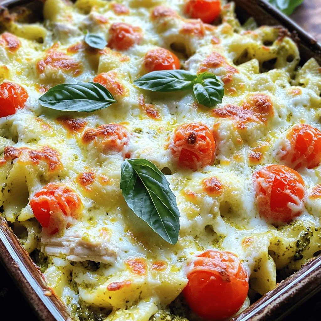 To make this tasty dish, gather these ingredients: - 2 cups rotini pasta - 2 cups cooked chicken, shredded - 1 cup basil pesto (store-bought or homemade) - 1 cup cherry tomatoes, halved - 1 cup mozzarella cheese, shredded - ½ cup Parmesan cheese, grated - 1 cup ricotta cheese - 1 teaspoon garlic powder - Salt and pepper to taste - Fresh basil leaves for garnish You can add your favorite flavors with these optional items: - Spinach or kale for added greens - Bell peppers for a sweet crunch - Red pepper flakes for heat - Black olives for a salty touch - Different cheese types, like cheddar or feta When selecting ingredients, freshness matters. Look for: - Bright green basil for pesto. Fresh herbs boost flavor. - Plump cherry tomatoes that are ripe. They add sweetness. - Quality chicken that is moist and tender. Cooked rotisserie chicken works well. - Choose good cheese brands for a rich taste. Freshly grated cheese melts better. - Look for pasta that is firm and not broken. This ensures a great texture. For the full recipe, check the section above. Start by gathering all your ingredients. This will make cooking easier. Preheat your oven to 350°F (175°C). This step is key for a perfect bake. While the oven heats, cook the rotini pasta. Follow the package instructions until it is al dente. Drain the pasta and set it aside. In a large bowl, mix the cooked chicken, pesto, halved cherry tomatoes, garlic powder, salt, and pepper. Stir well until everything is combined. Next, add the cooked pasta to this mixture. Make sure it is well-coated with the pesto mix. In a separate bowl, blend the ricotta cheese and half of the mozzarella cheese. This mixture should be creamy. Grab a greased baking dish to start layering. Spread half of the pasta mixture on the bottom. Then, spoon the ricotta mixture over the pasta layer and spread it evenly. Top it off with the remaining pasta mixture. Finally, sprinkle the rest of the mozzarella and Parmesan cheese on top. Now, it's time to bake. Place the dish in your preheated oven. Bake for 25-30 minutes until the cheese is bubbly and golden brown. When it's ready, remove it from the oven and let it cool for a few minutes. Layering is important for great taste. Start with a solid base of pasta to hold everything. Use a spatula to spread the ricotta mix evenly. This helps each bite be creamy and rich. Make sure to distribute the cheese evenly on top. This will give you that perfect golden finish. For a fun twist, try adding some extra veggies to the layers. Spinach or zucchini works well. You can find the full recipe to enhance your family dinner experience. When making chicken pesto pasta bake, avoid overcooking the pasta. You want it al dente. If you cook it too long, it can turn mushy when baked. Another mistake is skimping on the pesto. Use enough to coat the chicken and pasta well. This adds great flavor. Don’t forget to season your mix with salt and pepper. Taste as you go to ensure the right balance. To get a great cheese layer, mix ricotta cheese with half of the mozzarella first. This makes it creamy and easy to spread. When layering, spread half of the pasta mix in the dish first. Then, add the cheese mix. Finish with the rest of the pasta and top with the remaining mozzarella and Parmesan. This way, the cheese melts beautifully on top. You can make this dish ahead of time. Prepare it, cover it, and store it in the fridge for up to two days. When ready to bake, just pop it in the oven. If you want to freeze it, cover the dish tightly with foil. It can last up to three months in the freezer. To reheat, bake it directly from frozen. Just add 10 to 15 extra minutes to the baking time. {{image_2}} You can easily make this dish vegetarian. Swap the chicken for cooked mushrooms or zucchini. These veggies add great texture and flavor. Use extra cheese for richness. You could even add spinach or kale for more greens. This change makes it just as tasty! If you want to try other proteins, use shrimp or turkey. Shrimp cooks fast and adds a light taste. Turkey is lean and works well with pesto. For a meatless option, chickpeas or lentils can boost protein too. They soak up the pesto flavor nicely. Switching up the pesto can change the whole dish. Try sun-dried tomato pesto for a tangy kick. Spinach or arugula pesto brings a fresh taste. If you love spice, a jalapeño pesto adds heat. Each pesto gives a unique twist to your bake. You can even mix different pestos for a fun flavor blend. Check the Full Recipe for tips on how to create these variations. After enjoying your Chicken Pesto Pasta Bake, you may have some leftovers. To keep them fresh, let the dish cool down first. Then, transfer any remaining pasta bake into an airtight container. Make sure to seal it well. Store it in the fridge for up to three days. If you want to keep it longer, freezing is a great option. When it’s time to enjoy those tasty leftovers, reheating is key. The best way is to use your oven. Preheat it to 350°F (175°C). Place the pasta bake in a baking dish. Cover it with foil to keep it moist. Bake for about 15-20 minutes. If you like your cheese bubbly, remove the foil for the last 5 minutes. This way, it stays delicious and warm. Freezing is perfect if you want to save some for later. First, let the pasta bake cool completely. Then, cut it into portions. Wrap each piece tightly in plastic wrap. After that, place them in a freezer-safe bag or container. Label it with the date. You can freeze it for up to three months. When you’re ready to eat, just thaw it in the fridge overnight before reheating. You’ll enjoy a meal just like when it was fresh. For the full recipe, check out the main article. To make Chicken Pesto Pasta Bake from scratch, start by cooking rotini pasta. Use about 2 cups, following the package directions. In a big bowl, mix cooked chicken, basil pesto, cherry tomatoes, garlic powder, salt, and pepper. Stir until everything is well combined. Add the cooked pasta and mix again. In another bowl, blend ricotta cheese with half of the mozzarella cheese. Spread half of the pasta mix in a greased dish. Add the ricotta mix, then top with the rest of the pasta. Sprinkle remaining mozzarella and Parmesan cheese on top. Bake at 350°F for 25-30 minutes. Yes, you can make Chicken Pesto Pasta Bake gluten-free! Simply swap out regular rotini with gluten-free pasta. Many brands offer great gluten-free options that taste good. Always check the labels to ensure they are truly gluten-free. This way, you can enjoy the same yummy taste without gluten. Chicken Pesto Pasta Bake has several nutritional benefits. Chicken provides protein, which helps build muscle. Pesto, made from basil, offers vitamins A and K. The cheese adds calcium for strong bones, while tomatoes give you antioxidants. This dish also has healthy fats from the pesto and cheese. Overall, it can be a balanced meal when enjoyed in moderation. Chicken Pesto Pasta Bake lasts about 3 to 5 days in the fridge. Make sure to store it in an airtight container. If you want to keep it longer, consider freezing it. Just remember to thaw it in the fridge before reheating. This blog post covered everything you need to know for making Chicken Pesto Pasta Bake. We discussed key ingredients, step-by-step cooking methods, and ways to customize the dish. You learned common mistakes to avoid and tips for perfecting each layer. Now you can enjoy this meal made your way. With these tips, you’ll create a dish that tastes great and is easy to store or reheat. Use the techniques you learned today, and impress family and friends with your cooking skills!