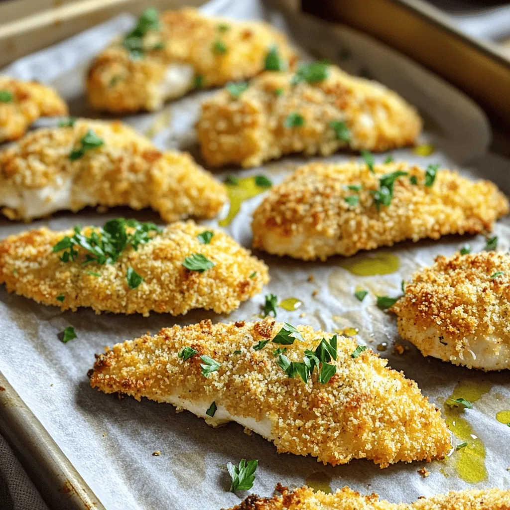 - 1 pound chicken breast tenders - 1 cup buttermilk for marinating - 1 cup all-purpose flour for coating - 1 cup panko breadcrumbs for crunch To make great crispy baked chicken tenders, the main ingredients play a big role. The chicken breast tenders keep the dish light and juicy. Soaking them in buttermilk makes them very tender. This step is key because it adds flavor and moisture. Next, we need the dry ingredients. The all-purpose flour creates a nice base coat. When you mix it with spices, it gives the chicken a tasty kick. The panko breadcrumbs are a must for that extra crunch. They turn golden brown and crisp up in the oven. - Spices for flavor enhancement, like garlic powder, onion powder, and smoked paprika - Alternative garnishes, such as fresh parsley You can spice things up with garlic powder, onion powder, and smoked paprika. They add depth to each bite. If you want more heat, a touch of cayenne pepper works wonders. For garnishing, fresh parsley not only looks nice but adds a hint of freshness. For the full recipe, check out the Crispy Baked Chicken Tenders details, and feel free to experiment with flavors to make this dish your own! First, soak the chicken tenders in buttermilk for at least 30 minutes. This step is key. Buttermilk adds moisture and flavor. It helps keep the chicken juicy while baking. You can also use plain yogurt if you don’t have buttermilk. The longer you soak, the better the taste. Next, mix your dry ingredients in one bowl. Combine flour, garlic powder, onion powder, smoked paprika, salt, black pepper, and cayenne pepper. This mix gives the chicken great flavor. In another bowl, place panko breadcrumbs. Drizzle olive oil over them. Mix well until the breadcrumbs are coated. Now, it’s time to dredge the chicken. Take each tender from the buttermilk. Shake off the excess liquid. First, coat it with the flour mixture. Then, dip it in the egg wash if you choose to use it. Finally, roll it in the panko breadcrumbs. Make sure it’s fully covered for that crispy texture. Preheat your oven to 425°F (220°C). Line a baking sheet with parchment paper. This helps with cleanup. Arrange the coated chicken tenders on the sheet. Make sure they are not touching. This allows them to bake evenly. Bake for about 20-25 minutes. Flip the tenders halfway through to get even browning. You want them golden brown. Use a meat thermometer to check that the internal temperature is 165°F (74°C). Once done, let them cool slightly before serving. For a nice touch, garnish with fresh parsley. For the full recipe, check the earlier sections. To make your chicken tenders super crispy, use panko breadcrumbs. Panko is lighter and crunchier than regular breadcrumbs. This gives your tenders that amazing texture we all love. Also, drizzle olive oil on the panko. This helps it brown nicely in the oven. The oil creates a golden crust that tastes great. Flipping the tenders halfway through baking is key. This step ensures even cooking and browning. Use tongs to turn them gently. Be careful not to break them. It’s also smart to check the internal temperature. Cook the chicken until it reaches 165°F. This keeps it safe to eat and juicy inside. You can adjust the seasonings to fit your taste. Try adding more garlic or smoked paprika for a kick. You can also get creative with sauces. Honey mustard, ranch, or barbecue sauce pair well with these tenders. Each sauce brings out different flavors, making your meal even better. For the full recipe, check out the [Full Recipe]. {{image_2}} For a gluten-free version of crispy baked chicken tenders, you can easily swap out the flour and breadcrumbs. Use almond flour or coconut flour instead of all-purpose flour. For breadcrumbs, try crushed cornflakes or gluten-free panko. Adjust seasonings by checking labels to avoid hidden gluten. You can also add more spices to enhance flavor. If you want a healthier take, skip the oil or use a light cooking spray. This method still gives you a nice crunch without the extra fat. Also, incorporate whole grains by using whole wheat flour or whole grain breadcrumbs. This change adds fiber and nutrients while keeping the tenders tasty. To switch up the flavor, consider adding herbs or spices to the breadcrumb mixture. Try mixing in dried oregano, thyme, or even some zest from a lemon for a fresh twist. You can also marinate the chicken in different flavors. Marinades with lemon juice, garlic, or fresh herbs can infuse the chicken with vibrant taste before coating it. Experimenting with these variations makes each batch unique and delicious. After enjoying your crispy baked chicken tenders, let them cool for about 10-15 minutes. This helps avoid sogginess. Place the leftovers in an airtight container. Glass or plastic containers work well. Make sure to store them in the fridge. They stay fresh for about 3-4 days. To keep your tenders crispy, use the oven for reheating. Preheat your oven to 375°F (190°C). Place the tenders on a baking sheet and heat for 10-15 minutes. This method keeps them crunchy. If you use a microwave, they may turn soft. If you must use it, heat for about 1-2 minutes. Check to ensure they are warm all the way through. You can freeze chicken tenders for later use. If you want to freeze before baking, place the coated tenders on a baking sheet. Freeze them for about 2 hours until firm. Then, transfer them to a freezer-safe bag. They can last up to 3 months in the freezer. If you freeze after baking, let them cool first. Store them in an airtight container or bag. They will keep for about 2-3 months. To get crispy chicken tenders, follow these tips: - Use panko breadcrumbs: They add extra crunch compared to regular breadcrumbs. - Drizzle with olive oil: This helps the breadcrumbs brown and crisp up. - Don’t overcrowd the baking sheet: Leave space between tenders for even air circulation. - Flip halfway through baking: This ensures both sides cook evenly and get crispy. - Bake at a high temperature: Set your oven to 425°F (220°C) for the best results. Yes, you can prepare chicken tenders in advance. Here are some storage tips: - Marinate the chicken: Soak in buttermilk and cover in the fridge for up to 24 hours. - Prep and coat: You can coat the tenders and store them in the fridge for up to 2 hours. - Freeze: If you need to store them longer, freeze the uncooked tenders. Just place them in a single layer on a baking sheet. Once frozen, transfer to a bag. They can stay frozen for up to 3 months. Here are some great sauce options to enjoy with your chicken tenders: - Homemade ranch: Mix sour cream, mayo, and spices for a creamy dip. - Honey mustard: A simple blend of honey and mustard adds a sweet kick. - BBQ sauce: A smoky flavor pairs nicely with the crunchy tenders. - Buffalo sauce: For a spicy twist, toss tenders in your favorite buffalo sauce. - Store-bought options: You can also grab your favorite sauces at the store for quick dips. Using a meat thermometer is key to ensure your chicken is safe to eat. Here's why: - Check the internal temperature: Chicken should reach 165°F (74°C) to be fully cooked. - Insert the thermometer: Place it in the thickest part of the tender for an accurate reading. - Avoid guesswork: A thermometer takes the guesswork out of cooking chicken. This way, you won't serve undercooked meat. Crispy baked chicken tenders are easy to make with simple steps. You learned about key ingredients like chicken and buttermilk. Marinating keeps them juicy while baking gives that great crunch. Using panko breadcrumbs adds texture, and various spices boost flavor. For different diets, there are gluten-free and healthier choices. You can store leftovers safely and reheat them for the next meal. With these tips, you can master crispy tenders in no time! Enjoy experimenting with flavors and sauces to make them your own.