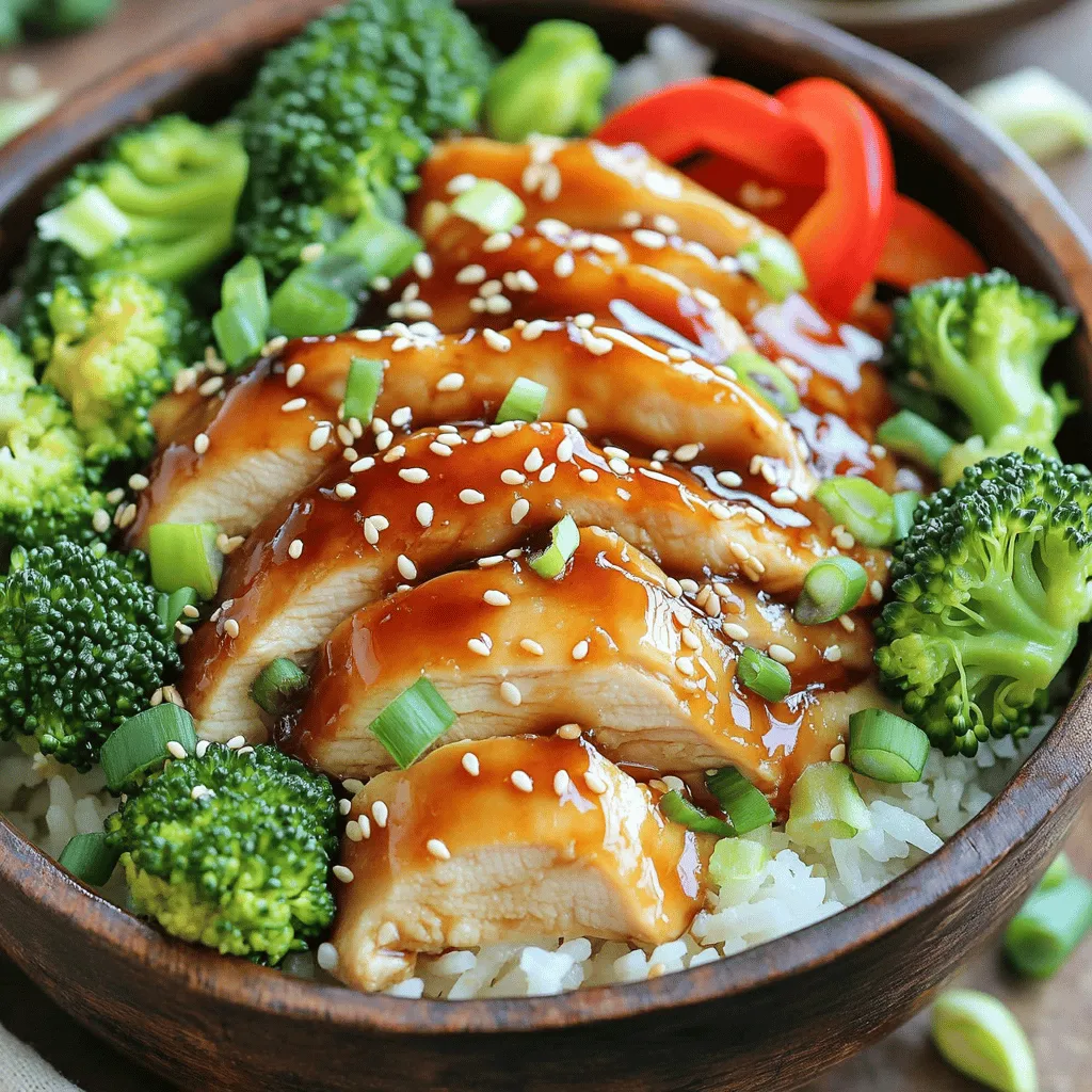 - 500g boneless chicken thighs - 1 cup low sodium soy sauce - 1/2 cup honey or maple syrup - 2 tablespoons rice vinegar - 2 cloves garlic, minced - 1 tablespoon ginger, grated - 2 cups cooked jasmine rice - 1 cup broccoli florets - 1 red bell pepper, sliced - 1/2 cup green onions, chopped - 1 tablespoon sesame seeds To make Teriyaki Chicken Rice Bowls, gather these tasty ingredients. You need boneless chicken thighs, which are juicy and tender. Low sodium soy sauce adds flavor without too much salt. Honey or maple syrup gives a sweet touch. Rice vinegar adds a zing. Minced garlic and grated ginger bring depth to the sauce. For the base, use cooked jasmine rice. It’s fluffy and perfect for soaking up the teriyaki sauce. Add broccoli florets for color and crunch. Red bell pepper adds sweetness and brightness. Top it off with chopped green onions and sesame seeds for garnish. This combination makes a balanced meal that is sure to please. If you want the full recipe, check out the details on how to prepare this dish. To make the teriyaki sauce, start with a medium bowl. Combine the following ingredients: - 1 cup soy sauce - 1/2 cup honey or maple syrup - 2 tablespoons rice vinegar - 2 cloves garlic, minced - 1 tablespoon ginger, grated Mix them well. This sauce gives your chicken a sweet and salty flavor. Set aside a bit of the sauce for later use. Next, heat a large skillet over medium-high heat. Add the sliced chicken thighs to the skillet. Pour half of the teriyaki sauce over the chicken. Cook for about 5 to 7 minutes. Stir occasionally until the chicken is fully cooked. It should be juicy and tender. Now, it’s time to serve! Start with a bed of jasmine rice. Add the cooked chicken and broccoli on top. Include sliced red bell pepper for a nice crunch. Drizzle the reserved teriyaki sauce over each bowl. Finally, garnish with chopped green onions and sesame seeds. This makes your dish colorful and appealing. You can find the full recipe for more detailed instructions. Enjoy making your teriyaki chicken rice bowls! To add more taste to your teriyaki chicken, marinate the chicken. Mix soy sauce, honey, rice vinegar, minced garlic, and grated ginger in a bowl. Place your chicken in this mix and let it sit for at least 30 minutes. This step allows the flavors to soak in. If you have time, marinate it overnight. The chicken will be juicier and more flavorful. Grilling or baking your chicken can change the flavor. Grilling gives a nice smoky taste. To grill, preheat your grill to medium-high heat and cook the chicken for 6-8 minutes on each side. Baking is easier, too. Preheat the oven to 400°F (200°C) and bake the chicken for 20-25 minutes. Both methods keep the chicken tender and full of flavor. Make your rice bowls look great for serving. Start with a scoop of jasmine rice at the bottom. Next, add the teriyaki chicken and broccoli on top. Arrange sliced red bell peppers around the edges for color. Finally, sprinkle chopped green onions and sesame seeds on top. This makes each bowl look inviting and delicious. For a fancy touch, drizzle extra teriyaki sauce over the top. For the full recipe, please refer to the earlier sections. {{image_2}} You can swap chicken for tofu or shrimp. Tofu works great for a vegetarian option. Use firm tofu and press it to remove extra water. Cut it into cubes, then cook it in the skillet like chicken. Shrimp is another tasty choice. Cook shrimp until they turn pink and curl up. Both options still soak up that yummy teriyaki sauce. Feel free to add or change vegetables based on the season. You can use snap peas, carrots, or zucchini. These veggies add color and crunch to your bowl. Steam or sauté them lightly to keep them crisp. Mixing in seasonal vegetables makes your dish fresh and exciting. If you want a healthier option, try brown rice or cauliflower rice. Brown rice adds more fiber and a nutty flavor. Cauliflower rice is low in carbs and very light. You can make cauliflower rice by grating fresh cauliflower or using pre-packaged options. Both choices still pair well with the teriyaki chicken and veggies. For the full recipe, check out the details above. To keep your teriyaki chicken rice bowls fresh, store them in airtight containers. Make sure to let the dish cool before sealing. It will stay good in the fridge for about three to four days. If you want to keep the chicken and rice separate, that's a great option too. This helps each part maintain its texture and flavor. When it's time to eat, you can reheat your teriyaki chicken rice bowls in a few ways. The microwave is quick and easy. Just cover the bowl loosely with a microwave-safe lid or plate. Heat it for about 1-2 minutes, stirring halfway through. If you prefer, you can also reheat in a skillet over medium heat. Add a splash of water to avoid drying out the chicken. Stir often until everything is warm. If you want to freeze your teriyaki chicken rice bowls, it’s simple! Store them in freezer-safe containers. Make sure to leave some space at the top for expansion. They can be frozen for up to three months. To thaw, move them to the fridge the night before you plan to eat them. Reheat them as usual for a quick meal that tastes fresh. If you want a gluten-free option, try tamari. It has a similar taste but is made without wheat. You could also use coconut aminos. This sauce is sweeter and lower in sodium. Both options work well in Teriyaki Chicken Rice Bowls. Making these rice bowls is quick! It takes about 15 minutes to prep and 15 minutes to cook. In just 30 minutes, you can enjoy a tasty meal. Yes, you can prep parts of this dish in advance. Cook the chicken and veggies the night before. Store them in the fridge. When you're ready to eat, just heat them up. You can also cook the rice ahead of time. This makes meal prep easy! For the full recipe, check the earlier section. In this blog post, we covered how to make Teriyaki Chicken Rice Bowls. You learned about key ingredients like chicken, soy sauce, and honey. We also explored easy steps for cooking and assembling the dish. Plus, I shared tips to enhance flavor and alternative proteins for variety. Don’t forget about proper storage and reheating methods for leftovers. With these insights, you can enjoy a tasty meal that suits your taste and schedule. Happy cooking!