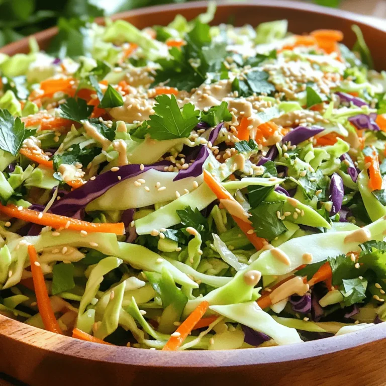 - 3 cups green cabbage, finely shredded - 1 cup purple cabbage, finely shredded - 1 large carrot, julienned - 1/4 cup tahini - 3 tablespoons lemon juice - 1 tablespoon maple syrup - 2 tablespoons apple cider vinegar - 1 clove garlic, minced - Salt and pepper to taste - 1 teaspoon sesame seeds (for garnish) This Tangy Lemon Tahini Slaw is full of color and flavor. You’ll love how the green and purple cabbage mix with the bright carrot. Each bite is crunchy and fresh. The dressing is simple yet delicious. Tahini gives a creamy texture, while lemon juice adds a zesty kick. Maple syrup balances the sourness, making it perfect for everyone. Add apple cider vinegar for extra tang. Minced garlic gives it depth. Don’t forget to season with salt and pepper to bring all the flavors together. Top the slaw with sesame seeds. This adds a nice crunch and makes your dish look great. For the full recipe, check out the detailed instructions. Enjoy making this vibrant slaw! Start by gathering your main vegetables. You will need: - 3 cups green cabbage, finely shredded - 1 cup purple cabbage, finely shredded - 1 large carrot, julienned - 1 red bell pepper, thinly sliced - 1/2 cup fresh parsley, chopped In a large mixing bowl, combine the shredded green cabbage, purple cabbage, carrot, red bell pepper, and parsley. Toss everything together until it is evenly mixed. This mixture gives your slaw a colorful and fresh look. Now, let’s make the dressing. You will need: - 1/4 cup tahini - 3 tablespoons lemon juice - 1 tablespoon maple syrup - 2 tablespoons apple cider vinegar - 1 clove garlic, minced - Salt and pepper to taste In a separate bowl, whisk together the tahini, lemon juice, maple syrup, apple cider vinegar, minced garlic, salt, and pepper until smooth. If it feels too thick, add a little water (1-2 tablespoons) to get the right texture. This dressing adds a tangy flavor that brings the slaw to life. Next, it’s time to bring everything together. Pour the tahini dressing over the vegetable mixture. Gently toss to combine. Make sure all the vegetables are well coated in the dressing. Let the slaw sit for about 10-15 minutes. This time allows the flavors to meld together perfectly. Just before serving, garnish with sesame seeds for a nice crunch. Enjoy your Tangy Lemon Tahini Slaw! For the full recipe, check out the details above. To boost the taste of your slaw, add more lemon juice. This extra tang makes the dish lively and bright. I often squeeze in a bit more lemon juice just before serving. It brings out all the flavors and makes each bite refreshing. If you want more crunch, include 1/4 cup of sunflower seeds. They add a nice bite and a nutty flavor. Toss them in with the slaw just before serving. This small addition makes a big difference and keeps the slaw exciting. Serve the slaw chilled for a refreshing taste. Chilling helps the flavors meld and makes the veggies crisp. You can prepare it ahead of time and let it rest in the fridge for a bit. It’s perfect for summer picnics or as a side at dinner. You can find the full recipe for this slaw earlier in the article. {{image_2}} You can easily switch things up in this slaw. Instead of using carrots, try sliced snap peas or grated radishes. These options add a nice crunch and a fresh taste. You can also mix in other veggies like shredded broccoli or sliced cucumbers. This keeps your slaw exciting and colorful! For a protein boost, add chickpeas to your slaw. They are tasty and provide extra nutrition. Simply rinse a can of chickpeas and toss them in with the other veggies. This will make your slaw more filling and satisfying. You can also use cooked edamame or shredded chicken for a different twist. If you run out of tahini, don't worry! You can experiment with other nut butters. Almond or cashew butter works great too. Just make sure to adjust the flavor with a bit more lemon juice or vinegar. This keeps the dressing bright and tangy. For the best flavor, always taste as you mix. These fun variations make the Tangy Lemon Tahini Slaw a true crowd-pleaser! For the complete recipe, check out the [Full Recipe]. Keep any leftovers in an airtight container in the fridge for 2-3 days. This will help keep the slaw fresh and crunchy. When you store it, make sure to seal the container tightly. This way, you can enjoy the tangy flavors for a little longer. Freezing is not recommended for this slaw. The veggies lose their crispness when thawed. To enjoy the best taste and texture, eat it fresh. The bright flavors really shine when the slaw is made and served right away. Mix the dressing just before serving for maximum freshness. This keeps the veggies crunchy and vibrant. If you mix everything too early, the cabbage and other ingredients may get soggy. Trust me, fresh slaw is always better! For the full recipe, check out the Tangy Lemon Tahini Slaw. Tahini is a smooth paste made from ground sesame seeds. It has a rich, nutty flavor. If you cannot find tahini, you can use almond butter or sunflower seed butter as a substitute. Both options add creaminess and flavor to your slaw. Yes, you can prepare this slaw in advance. However, keep the dressing separate until just before serving. This way, your slaw stays fresh and crunchy. If you mix it too early, the veggies may become soggy. If you want to add some heat, try adding chopped jalapeños to the dressing. A sprinkle of red pepper flakes also works well. These additions give the slaw a nice kick while keeping the tangy flavor. Enjoy experimenting with the spice level! This blog post covered how to create a refreshing slaw. We explored key ingredients like green and purple cabbage, carrots, and a delicious tahini dressing. You learned step-by-step instructions for prep, mixing, and serving. I shared tips for enhancing flavor and texture, along with variations and storage advice. In my experience, this slaw is best fresh and chilled. The simple ingredients combine for a tasty, healthy dish. Enjoy experimenting with flavors and sharing your creations!