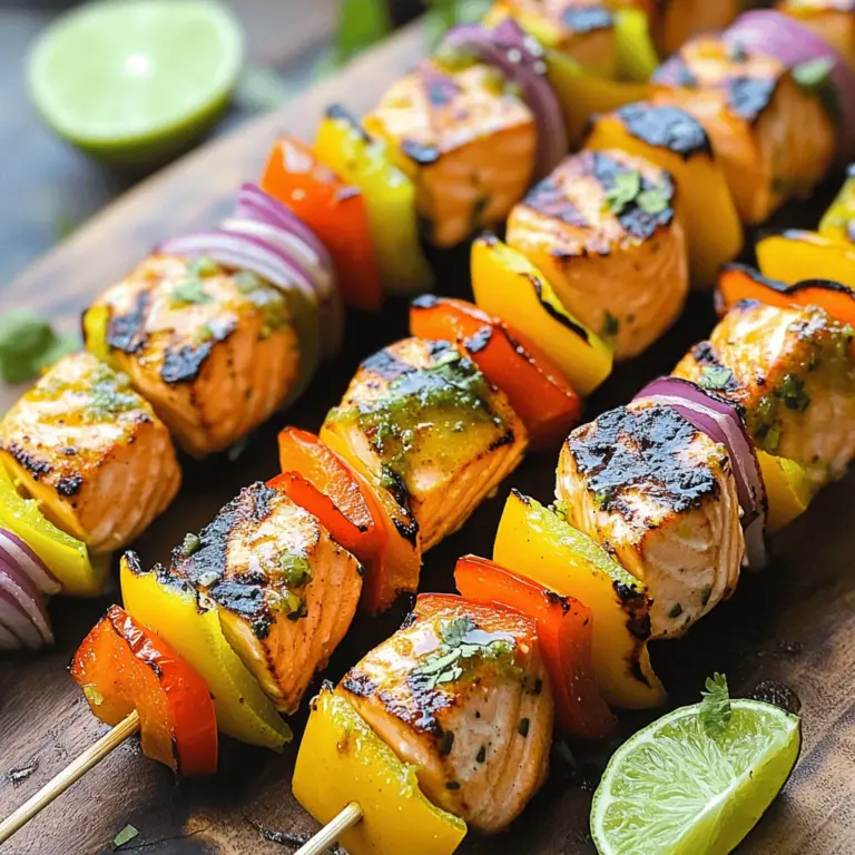 - 1 lb salmon fillet - 2 tablespoons fresh ginger - 3 tablespoons lime juice - 2 tablespoons honey - 3 tablespoons soy sauce - 1 tablespoon sesame oil - 2 cloves garlic - 1 teaspoon black pepper - 1 teaspoon chili flakes (optional) - 1 bell pepper - 1 red onion - Skewers (wooden or metal) - Mixing bowl - Grill When I make Ginger-Lime Grilled Salmon Skewers, I always focus on fresh, vibrant ingredients. The salmon fillet should be the star, cut into bite-sized pieces. I love using fresh ginger because it adds a zesty punch. Lime juice brings a bright acidity that really wakes up the dish. Honey balances it out with a hint of sweetness. Soy sauce adds depth and a savory touch. For the additional ingredients, sesame oil gives a nutty flavor. Garlic adds a warm aroma that blends well with the fish. Black pepper adds a subtle kick, while chili flakes can spice things up if you want. I like to include colorful vegetables like bell peppers and red onions. They not only taste great but also look beautiful on the skewers. To cook these skewers, you'll need some tools. I prefer using metal skewers because they are reusable and durable. A mixing bowl helps me combine all the marinade ingredients easily. Lastly, a grill is key to achieving that perfect char that makes these skewers so tasty. Check out the Full Recipe for step-by-step details on how to prepare these delicious skewers! Start by making the marinade. In a bowl, whisk together these ingredients: - 2 tablespoons fresh ginger, grated - 3 tablespoons lime juice (from about 2 limes) - 2 tablespoons honey - 3 tablespoons soy sauce - 1 tablespoon sesame oil - 2 cloves garlic, minced - 1 teaspoon black pepper - 1 teaspoon chili flakes (optional) This mixture adds great flavor to the salmon. Next, take your salmon fillet and cut it into 1-inch cubes. Place the salmon cubes in a shallow dish or a resealable bag. Pour the marinade over the salmon, ensuring each piece gets coated. Cover it and let it sit in the fridge for 30 minutes to an hour. This waiting time helps the flavors soak in. If you use wooden skewers, soak them in water for 20-30 minutes. This step helps prevent burning on the grill. While the skewers soak, preheat your grill to medium-high heat. This is important for cooking the salmon evenly. Now it's time to put everything together. Take the soaked skewers and alternate pieces of marinated salmon with bell pepper and red onion. Aim for about 4-5 pieces of salmon on each skewer. Once assembled, place the skewers on the grill. Grill them for about 10-12 minutes, turning them occasionally. The salmon should cook through and flake easily with a fork. The vegetables will become tender and slightly charred. After grilling, let the skewers rest for a few minutes. You can find the complete steps in the Full Recipe. For the best results, grill your salmon skewers at medium-high heat. This temperature cooks the fish evenly and helps it stay moist. You want your grill to reach about 375°F to 400°F. To check if your salmon is done, use a fork. Gently poke the salmon; it should flake easily. If you see that it easily separates, it's ready. The fish should also look opaque and not translucent. Marinate your salmon for 30 minutes to an hour. This time allows the flavors to soak in well. If you have more time, marinating for up to two hours can deepen the taste. To enhance flavor, try adding fresh herbs to the marinade. Cilantro or basil can add a fresh kick. You can also whisk in some lime zest for a brighter citrus note. Pair these skewers with light sides like a fresh salad or grilled vegetables. Rice or quinoa also works well and soaks up the flavors. For dips, consider a tangy yogurt sauce or a spicy sriracha mayo. These add a creamy texture and a burst of flavor. Enjoy your Ginger-Lime Grilled Salmon Skewers with these delicious sides! {{image_2}} For those who want to switch it up, there are great alternatives to salmon. You can use chicken or tofu instead. Both options work well with the marinade. They absorb flavor just like salmon does. You can also try different vegetables for skewering. Zucchini, mushrooms, and cherry tomatoes add variety. Each vegetable brings a unique taste to your dish. If you don't have a grill, you can bake the skewers instead. Preheat your oven to 400°F (200°C). Place the skewers on a baking sheet lined with parchment paper. Bake for about 15-20 minutes. Keep an eye on them to avoid overcooking. Broiling is another option. Set your oven to broil and place the skewers on the top rack. This method cooks quickly. Broil for about 8-10 minutes, turning halfway through. You can add spices or herbs to the marinade for extra depth. Consider using cilantro or basil for a fresh twist. A pinch of cumin or smoked paprika can elevate the flavor too. Incorporating different citrus flavors can also change the taste. Try using orange or grapefruit juice instead of lime juice. These options will give your skewers a sweet and tangy profile. For more details, refer to the Full Recipe. To keep your ginger-lime grilled salmon skewers fresh, store them in an airtight container. This way, they stay juicy and tasty. Place them in the fridge if you plan to eat them within three days. When reheating, use the oven or a skillet on low heat. This helps keep the salmon moist. Avoid using the microwave, as it can dry out the fish. Yes, you can freeze cooked salmon skewers! They freeze well if you follow some simple steps. First, let the skewers cool completely. Then, wrap them tightly in plastic wrap or aluminum foil. Next, place them in a freezer bag or container. This keeps out air and prevents freezer burn. For best results, use them within three months. When ready to eat, thaw in the fridge overnight before reheating. This way, you can enjoy the great flavor from the Full Recipe. You should marinate salmon for 30 minutes to 1 hour. This time allows the flavors to soak in. Marinating too long can change the texture. The acid in lime juice can make the fish mushy if left too long. Yes, you can use other fish like trout or swordfish. These fish have a firm texture, just like salmon. They will also absorb the ginger-lime flavor well. Make sure they are cut into similar-sized pieces for even cooking. The ideal grill temperature for salmon is medium-high, around 375°F to 400°F. This heat helps cook the fish evenly and gives a nice char. You can test the heat by holding your hand above the grill. If you can hold it there for 3-4 seconds, it's ready. Salmon is fully cooked when it flakes easily with a fork. The inside should be a light pink color. You can also check the internal temperature. It should reach 145°F. For more details on cooking times, refer to the Full Recipe. In this blog post, we covered how to make tasty salmon skewers. You learned about key ingredients like fresh ginger, lime juice, and soy sauce. We also talked about tools needed, step-by-step instructions, and tips for grilling. Finally, we explored variations and storage options. These skewers are fun and easy to prepare. Try this recipe to impress your family. Enjoy the flavors and get creative with your cooking!