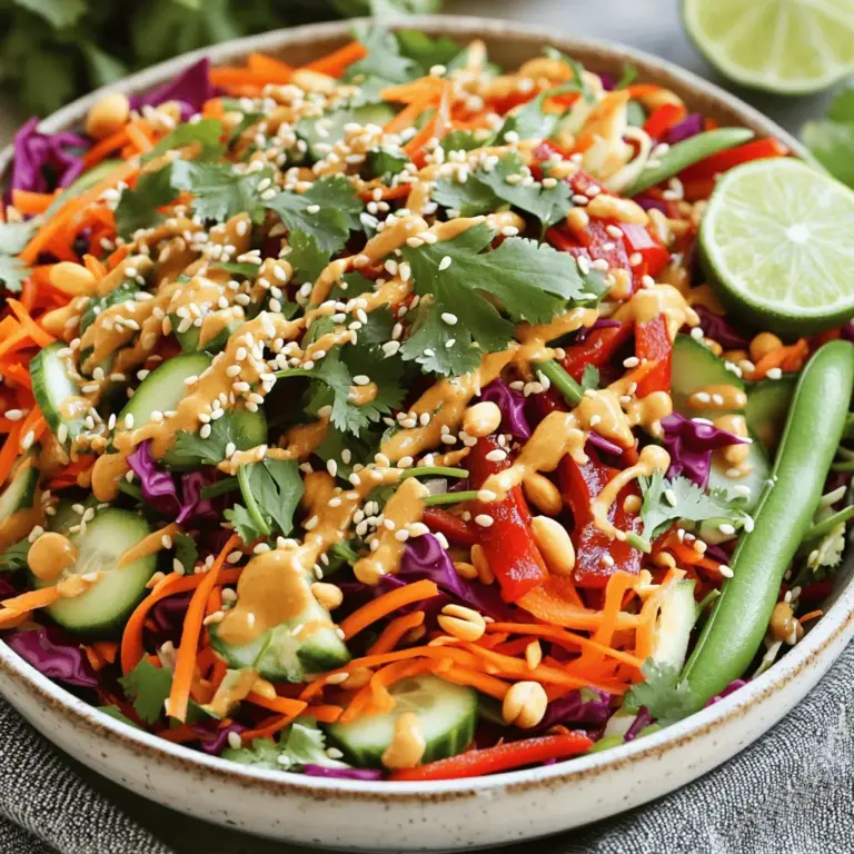 - 2 cups shredded carrots - 1 cup red cabbage, thinly sliced - 1 cup cucumber, julienned - 1 bell pepper (red or yellow), thinly sliced - 1 cup snap peas, trimmed and halved - 1/2 cup fresh cilantro, chopped - 1/3 cup roasted peanuts, roughly chopped - 1/3 cup green onions, sliced - 1 tablespoon sesame seeds - 3 tablespoons peanut butter - 2 tablespoons soy sauce - 1 tablespoon lime juice - 1 tablespoon honey or maple syrup - 1 teaspoon ginger, grated - 1 garlic clove, minced - 1-2 tablespoons water (to thin, as needed) Gathering fresh vegetables is key to this salad. Shredded carrots give a sweet crunch. Red cabbage adds a pop of color and a slight bite. Cucumber keeps things cool and refreshing. The bell pepper adds sweetness and a crunchy texture. Snap peas are perfect for that satisfying snap when you bite. Fresh cilantro brightens up the dish with its aroma. Roasted peanuts provide a nutty flavor and extra crunch. Green onions add a mild onion taste that balances the other flavors. Finally, sesame seeds sprinkle a bit of nuttiness on top. Now, let's focus on the peanut dressing. Peanut butter is the star here, rich and creamy. Soy sauce adds saltiness that enhances flavors. Lime juice brings acidity and freshness. Honey or maple syrup sweetens the mix. Grated ginger provides a zesty kick, and minced garlic gives depth. If the dressing is too thick, just add water until you get the right consistency. This dressing ties the salad together and makes it special. For the full recipe, check out Crunchy Thai Peanut Salad 🥗🥜. Start by making the peanut dressing. In a medium mixing bowl, whisk together: - 3 tablespoons peanut butter - 2 tablespoons soy sauce - 1 tablespoon lime juice - 1 tablespoon honey (or maple syrup) - 1 teaspoon grated ginger - 1 minced garlic clove Mix well until everything is combined. If the dressing feels too thick, add water, one tablespoon at a time. This helps achieve the right texture. Grab a large salad bowl and mix in the fresh veggies: - 2 cups shredded carrots - 1 cup red cabbage, thinly sliced - 1 cup cucumber, julienned - 1 bell pepper, thinly sliced (red or yellow) - 1 cup snap peas, trimmed and halved - 1/2 cup fresh cilantro, chopped Toss the vegetables gently. You want them evenly mixed but not mashed. Now it’s time to bring it all together. Drizzle the peanut dressing over the salad. Toss everything until the veggies are well coated. For a nice crunch, sprinkle: - 1/3 cup chopped peanuts - 1 tablespoon sesame seeds These toppings add flavor and texture. Serve right away, or let the salad chill for about 15 minutes to enhance the flavors. Enjoy this Crunchy Thai Peanut Salad with your favorite dish! For the full recipe, check out the complete instructions above. Chilling your salad for 15 minutes in the refrigerator makes a big difference. It helps the flavors blend and makes every bite refreshing. Using fresh vegetables is key for that satisfying crunch. Consider bright colors and firm textures, like snap peas and bell peppers, for the best results. Serve your salad in a large bowl. This gives it a vibrant look and makes it easy to share. Garnish with extra cilantro and sprinkle sesame seeds on top. These small touches create a beautiful dish. Don't forget to add a lime wedge on the side. It adds a zesty kick that brightens the whole salad. Sometimes, you might want a thinner dressing. You can easily adjust this by adding water. Start with one tablespoon and mix well. If you want a thicker dressing, just use less peanut butter. Finding the right consistency is all about your taste. {{image_2}} You can boost this salad's protein by adding grilled chicken, shrimp, or tofu. These options give a hearty touch. If you want an extra crunch, try adding edamame. It’s tasty and fun to chew. Seasonal vegetables can change the flavor. Swap bell peppers for zucchini or carrots for radishes. This keeps the salad fresh. You might also want to add sprouts. They add a nice crunch and a fresh taste. While the peanut dressing is delicious, you can try a honey mustard vinaigrette instead. This will give a sweet and tangy twist. If you need a nut-free option, use tahini. It’s creamy and rich, making it a great substitute. For the full recipe, check out the Crunchy Thai Peanut Salad section above. Keep your crunchy Thai peanut salad in an airtight container in the refrigerator. This way, it stays fresh and crisp. I recommend eating it within 1-2 days for the best flavor and texture. The longer it sits, the softer the veggies become. It's smart to store leftover dressing in a sealed container in the fridge. It can last up to one week this way. When you’re ready to use it again, just shake or mix it well. This keeps the flavors balanced and the texture just right. For the full recipe, you can check [Full Recipe]. Yes, but it’s best to store the dressing separately until serving. This keeps the salad fresh and crunchy. If you mix the dressing too early, the veggies can get soggy. Just shake the dressing before you pour it over the salad. You can use almonds, sunflower seeds, or cashews as substitutes. Each nut adds its own flavor and crunch. If you have nut allergies, seeds are a great option. They offer a similar crunch and taste that complements the salad. To add heat, slice jalapeños or drizzle Sriracha into the dressing. Start small, then taste as you go. You can also sprinkle crushed red pepper flakes on top for extra spice. Adjust the heat based on your taste. Yes, it’s a great option for meal prep. The ingredients stay fresh for several days when stored properly. Just keep the dressing separate until you are ready to eat. This makes it easy to grab and go during busy days. This blog post covers how to create a Crunchy Thai Peanut Salad. We explored fresh ingredients, easy steps for dressing, and tips for flavor. You can enhance this salad with protein, different veggies, or alternative dressings. Remember to store leftovers properly for the best taste. Keep the dressing separate if you prepare it in advance. Enjoy the crunch and flavors of this simple dish. It’s fresh, tasty, and easy to make any day!