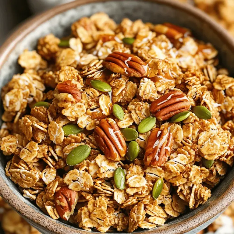 For my Maple Pecan Granola, you will need: - 2 cups rolled oats - 1 cup pecan halves, roughly chopped - 1/2 cup pumpkin seeds - 1/2 cup shredded coconut (unsweetened) - 1/4 cup maple syrup - 1/4 cup coconut oil, melted - 1/2 teaspoon vanilla extract - 1/2 teaspoon cinnamon - 1/4 teaspoon salt - 1/2 cup dried cranberries (optional) Each ingredient in this granola offers great health perks: - Rolled oats: They provide fiber, which helps with digestion and keeps you full. - Pecan halves: They are rich in healthy fats and help support heart health. - Pumpkin seeds: These tiny seeds pack protein and important minerals like magnesium. - Shredded coconut: This adds healthy fats and gives a sweet flavor without sugar. - Maple syrup: A natural sweetener, it contains antioxidants and minerals. - Coconut oil: It helps boost energy and supports healthy skin. - Vanilla extract: This adds flavor and may improve mood. - Cinnamon: Known for its anti-inflammatory properties, it helps regulate blood sugar. - Salt: It enhances flavor and helps maintain hydration. - Dried cranberries: If you choose to add them, they provide antioxidants and sweetness. Choosing the right ingredients makes a big difference. Here are my tips: - Oats: Look for whole rolled oats. Avoid instant oats, as they may have added sugar. - Pecans: Choose fresh pecans. Check for a good crunch and no rancid smell. - Pumpkin seeds: Opt for raw, unsalted seeds for the best health benefits. - Coconut: Use unsweetened shredded coconut. It has better taste and less sugar. - Maple syrup: Look for pure maple syrup, not imitation syrup. It has more flavor and nutrients. - Coconut oil: Extra virgin coconut oil is the best choice for flavor and health. - Spices: Fresh spices provide better flavor. Check expiration dates for maximum taste. Using quality ingredients helps you create a flavorful and nutritious granola. For the full recipe, check out the complete instructions in this article. Follow these steps to make your Maple Pecan Delight Granola. Start by preheating your oven to 325°F (165°C). Line a large baking sheet with parchment paper to prevent sticking. In a big bowl, mix the rolled oats, chopped pecans, pumpkin seeds, shredded coconut, cinnamon, and salt. Stir well to combine all the dry ingredients. Next, take another bowl and whisk together the maple syrup, melted coconut oil, and vanilla extract. Once blended, pour this wet mixture over the dry ingredients. Stir well until everything is fully coated. Spread the granola mixture evenly on the prepared baking sheet. Bake for 20-25 minutes, stirring halfway through. The granola should turn golden brown and smell amazing. Once baked, remove it from the oven and let it cool completely on the baking sheet. It will get crisp as it cools. If you like, add dried cranberries to the cooled granola. Store it in an airtight container at room temperature for up to two weeks. You can find the complete details in the Full Recipe. To make the best granola, focus on a few key techniques. First, mix dry and wet ingredients thoroughly. This ensures even flavor and texture. Stirring halfway through baking helps achieve a uniform crunch. Keep an eye on the granola while it bakes. Ovens can vary, and you don't want it to burn. Cooling on the baking sheet is vital. It allows the granola to firm up and become crunchy. Avoid these common mistakes for perfect granola. Don’t skip the parchment paper. It makes cleanup easy and prevents sticking. Be careful not to overbake. Check for a golden color rather than relying solely on time. Another mistake is not letting it cool completely. If you rush, it may stay soft. Finally, don’t forget to stir it while baking. This helps achieve an even toast and balanced flavor. You can make your granola special by adding your favorite nuts or seeds. Try almonds, walnuts, or sunflower seeds. You can also mix in dried fruits like raisins or apricots. Want a sweeter touch? Add a bit more maple syrup or honey. Don’t forget spices! A pinch of nutmeg or ginger can add warmth. You can follow the Full Recipe for a great start. Toasting granola makes it crunchy and flavorful. Spread the mixture evenly on the baking sheet. Stir it halfway through baking to avoid burning. Keep an eye on it! Granola can go from golden brown to burnt quickly. Once done, let it cool on the pan. It becomes crisp as it cools. You can enjoy your granola in many ways. Serve it with yogurt and fresh fruit for breakfast. Sprinkle it on top of smoothie bowls for added crunch. You can also mix it into oatmeal for texture. For a sweet treat, eat it straight from the jar! Granola is tasty and versatile. {{image_2}} If you have dietary needs, don’t worry! You can swap ingredients in this recipe. For gluten-free granola, use certified gluten-free oats. If you need a nut-free option, replace pecans with seeds like sunflower or hemp. For a vegan choice, ensure the maple syrup is pure and opt for agave syrup if you prefer. You can also use a plant-based oil, like avocado oil, instead of coconut oil. You can easily change the flavor of your granola. For a chocolatey twist, add cocoa powder or chocolate chips. If you like fruit flavors, try mixing in dried blueberries or banana chips. For a spicy kick, add a pinch of nutmeg or ginger. You can also use different spices like cardamom or allspice to create unique tastes. Get creative with your granola! You can add different seeds, like chia or flaxseeds, for extra nutrition. Try mixing in nut butter for creaminess. Add fresh fruits like sliced bananas or berries right before serving for a fresh touch. You can also include yogurt or milk to make it a complete meal. For the full recipe, check out the Maple Pecan Delight Granola. To keep your granola fresh, store it in an airtight container. This helps keep the granola crunchy and tasty. I recommend using a glass jar or a plastic container with a tight lid. Make sure to avoid storing it in a humid place, as moisture can make granola soggy. Homemade granola can last up to two weeks when stored properly. After that, it may lose its crunch. If you want to enjoy it longer, consider freezing it. Always check for any signs of spoilage before eating. Freshness is key for the best taste. Freezing granola is a great option for long-term storage. Place it in a freezer-safe bag or container. Remove as much air as possible to prevent freezer burn. Granola can last for about three months in the freezer. When you want to eat it, just let it thaw at room temperature. This keeps it crisp and flavorful. For the full recipe, you can refer to the detailed instructions above. To make maple pecan granola vegan, swap coconut oil with a different plant oil. You can use canola oil or avocado oil. Ensure all other ingredients are vegan-friendly too. The recipe already uses maple syrup, which is a great vegan sweetener. This simple swap keeps the granola tasty and cruelty-free. Yes, you can use honey instead of maple syrup. Honey adds sweetness and flavor. However, this change makes the granola not vegan. If you want to keep it plant-based, stick with maple syrup. Both options work well in the recipe. You can find pre-made maple pecan granola at most grocery stores. Check the cereal aisle or health food section. Many brands offer this flavor. Look for options with whole ingredients and low sugar. You can also find it at online retailers, making it easy to order. Granola is great in many ways! You can eat it with milk or yogurt. It also tastes great on top of smoothie bowls. For a quick snack, enjoy it on its own. Pair it with fresh fruit for added flavor and nutrition. Yes, you can use other nuts in the recipe. Almonds, walnuts, or cashews are great options. Each nut adds a different taste and texture. Feel free to mix and match your favorites. This customization makes the granola uniquely yours! Making your own maple pecan granola is fun and rewarding. We discussed the key ingredients, their benefits, and tips for choosing quality items. The step-by-step instructions provide clarity, while the tricks and variations let you customize your granola. We also covered how to store it for the best shelf life. With these insights, you can create delicious granola tailored to your taste. Enjoy your culinary journey!