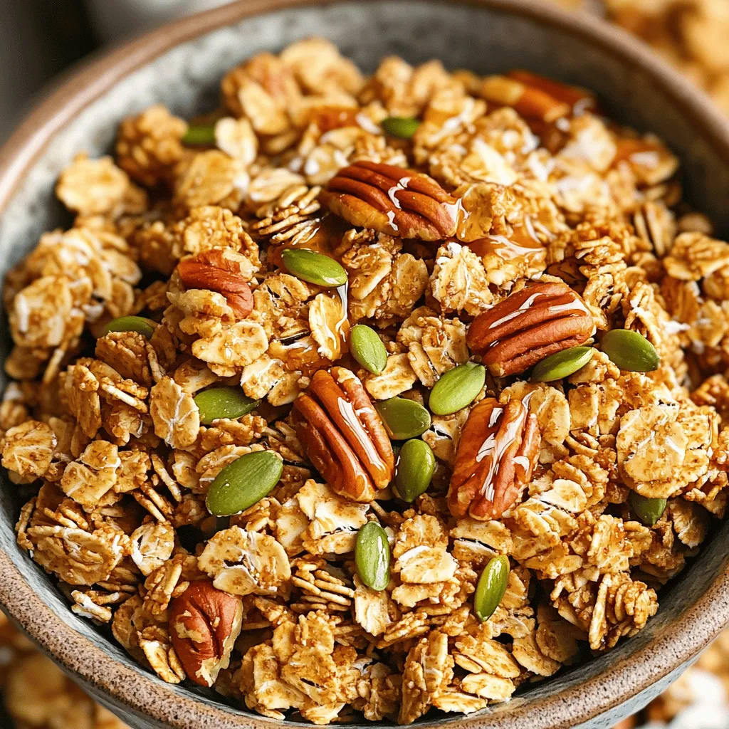 For my Maple Pecan Granola, you will need: - 2 cups rolled oats - 1 cup pecan halves, roughly chopped - 1/2 cup pumpkin seeds - 1/2 cup shredded coconut (unsweetened) - 1/4 cup maple syrup - 1/4 cup coconut oil, melted - 1/2 teaspoon vanilla extract - 1/2 teaspoon cinnamon - 1/4 teaspoon salt - 1/2 cup dried cranberries (optional) Each ingredient in this granola offers great health perks: - Rolled oats: They provide fiber, which helps with digestion and keeps you full. - Pecan halves: They are rich in healthy fats and help support heart health. - Pumpkin seeds: These tiny seeds pack protein and important minerals like magnesium. - Shredded coconut: This adds healthy fats and gives a sweet flavor without sugar. - Maple syrup: A natural sweetener, it contains antioxidants and minerals. - Coconut oil: It helps boost energy and supports healthy skin. - Vanilla extract: This adds flavor and may improve mood. - Cinnamon: Known for its anti-inflammatory properties, it helps regulate blood sugar. - Salt: It enhances flavor and helps maintain hydration. - Dried cranberries: If you choose to add them, they provide antioxidants and sweetness. Choosing the right ingredients makes a big difference. Here are my tips: - Oats: Look for whole rolled oats. Avoid instant oats, as they may have added sugar. - Pecans: Choose fresh pecans. Check for a good crunch and no rancid smell. - Pumpkin seeds: Opt for raw, unsalted seeds for the best health benefits. - Coconut: Use unsweetened shredded coconut. It has better taste and less sugar. - Maple syrup: Look for pure maple syrup, not imitation syrup. It has more flavor and nutrients. - Coconut oil: Extra virgin coconut oil is the best choice for flavor and health. - Spices: Fresh spices provide better flavor. Check expiration dates for maximum taste. Using quality ingredients helps you create a flavorful and nutritious granola. For the full recipe, check out the complete instructions in this article. Follow these steps to make your Maple Pecan Delight Granola. Start by preheating your oven to 325°F (165°C). Line a large baking sheet with parchment paper to prevent sticking. In a big bowl, mix the rolled oats, chopped pecans, pumpkin seeds, shredded coconut, cinnamon, and salt. Stir well to combine all the dry ingredients. Next, take another bowl and whisk together the maple syrup, melted coconut oil, and vanilla extract. Once blended, pour this wet mixture over the dry ingredients. Stir well until everything is fully coated. Spread the granola mixture evenly on the prepared baking sheet. Bake for 20-25 minutes, stirring halfway through. The granola should turn golden brown and smell amazing. Once baked, remove it from the oven and let it cool completely on the baking sheet. It will get crisp as it cools. If you like, add dried cranberries to the cooled granola. Store it in an airtight container at room temperature for up to two weeks. You can find the complete details in the Full Recipe. To make the best granola, focus on a few key techniques. First, mix dry and wet ingredients thoroughly. This ensures even flavor and texture. Stirring halfway through baking helps achieve a uniform crunch. Keep an eye on the granola while it bakes. Ovens can vary, and you don't want it to burn. Cooling on the baking sheet is vital. It allows the granola to firm up and become crunchy. Avoid these common mistakes for perfect granola. Don’t skip the parchment paper. It makes cleanup easy and prevents sticking. Be careful not to overbake. Check for a golden color rather than relying solely on time. Another mistake is not letting it cool completely. If you rush, it may stay soft. Finally, don’t forget to stir it while baking. This helps achieve an even toast and balanced flavor. You can make your granola special by adding your favorite nuts or seeds. Try almonds, walnuts, or sunflower seeds. You can also mix in dried fruits like raisins or apricots. Want a sweeter touch? Add a bit more maple syrup or honey. Don’t forget spices! A pinch of nutmeg or ginger can add warmth. You can follow the Full Recipe for a great start. Toasting granola makes it crunchy and flavorful. Spread the mixture evenly on the baking sheet. Stir it halfway through baking to avoid burning. Keep an eye on it! Granola can go from golden brown to burnt quickly. Once done, let it cool on the pan. It becomes crisp as it cools. You can enjoy your granola in many ways. Serve it with yogurt and fresh fruit for breakfast. Sprinkle it on top of smoothie bowls for added crunch. You can also mix it into oatmeal for texture. For a sweet treat, eat it straight from the jar! Granola is tasty and versatile. {{image_2}} If you have dietary needs, don’t worry! You can swap ingredients in this recipe. For gluten-free granola, use certified gluten-free oats. If you need a nut-free option, replace pecans with seeds like sunflower or hemp. For a vegan choice, ensure the maple syrup is pure and opt for agave syrup if you prefer. You can also use a plant-based oil, like avocado oil, instead of coconut oil. You can easily change the flavor of your granola. For a chocolatey twist, add cocoa powder or chocolate chips. If you like fruit flavors, try mixing in dried blueberries or banana chips. For a spicy kick, add a pinch of nutmeg or ginger. You can also use different spices like cardamom or allspice to create unique tastes. Get creative with your granola! You can add different seeds, like chia or flaxseeds, for extra nutrition. Try mixing in nut butter for creaminess. Add fresh fruits like sliced bananas or berries right before serving for a fresh touch. You can also include yogurt or milk to make it a complete meal. For the full recipe, check out the Maple Pecan Delight Granola. To keep your granola fresh, store it in an airtight container. This helps keep the granola crunchy and tasty. I recommend using a glass jar or a plastic container with a tight lid. Make sure to avoid storing it in a humid place, as moisture can make granola soggy. Homemade granola can last up to two weeks when stored properly. After that, it may lose its crunch. If you want to enjoy it longer, consider freezing it. Always check for any signs of spoilage before eating. Freshness is key for the best taste. Freezing granola is a great option for long-term storage. Place it in a freezer-safe bag or container. Remove as much air as possible to prevent freezer burn. Granola can last for about three months in the freezer. When you want to eat it, just let it thaw at room temperature. This keeps it crisp and flavorful. For the full recipe, you can refer to the detailed instructions above. To make maple pecan granola vegan, swap coconut oil with a different plant oil. You can use canola oil or avocado oil. Ensure all other ingredients are vegan-friendly too. The recipe already uses maple syrup, which is a great vegan sweetener. This simple swap keeps the granola tasty and cruelty-free. Yes, you can use honey instead of maple syrup. Honey adds sweetness and flavor. However, this change makes the granola not vegan. If you want to keep it plant-based, stick with maple syrup. Both options work well in the recipe. You can find pre-made maple pecan granola at most grocery stores. Check the cereal aisle or health food section. Many brands offer this flavor. Look for options with whole ingredients and low sugar. You can also find it at online retailers, making it easy to order. Granola is great in many ways! You can eat it with milk or yogurt. It also tastes great on top of smoothie bowls. For a quick snack, enjoy it on its own. Pair it with fresh fruit for added flavor and nutrition. Yes, you can use other nuts in the recipe. Almonds, walnuts, or cashews are great options. Each nut adds a different taste and texture. Feel free to mix and match your favorites. This customization makes the granola uniquely yours! Making your own maple pecan granola is fun and rewarding. We discussed the key ingredients, their benefits, and tips for choosing quality items. The step-by-step instructions provide clarity, while the tricks and variations let you customize your granola. We also covered how to store it for the best shelf life. With these insights, you can create delicious granola tailored to your taste. Enjoy your culinary journey!