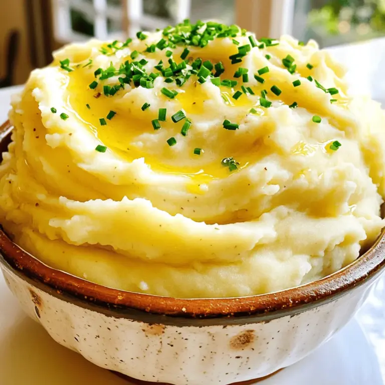 To make creamy garlic mashed potatoes, gather these ingredients: - 2 pounds russet potatoes, peeled and cubed - 4 cloves garlic, minced - 1/2 cup cream cheese, softened - 1/2 cup whole milk - 4 tablespoons unsalted butter - Salt and pepper to taste - Fresh chives, chopped (for garnish) You can add more flavor to your mashed potatoes. Here are some fun options: - Sour cream for tanginess - Grated Parmesan for a cheesy taste - Roasted garlic for a sweeter flavor - Fresh herbs like rosemary or thyme Choose the right potatoes for perfect mash. Here's what to look for: - Pick russet potatoes for a fluffy texture. - Look for potatoes that feel firm, not soft or wrinkled. - Avoid potatoes with green spots or blemishes. - Store potatoes in a cool, dark place to keep them fresh. For the full recipe, check out the complete guide on creamy garlic mashed potatoes! Start by peeling and cubing 2 pounds of russet potatoes. Place them in a large pot. Cover the potatoes with cold water and add a generous pinch of salt. Turn on the heat to medium-high and bring the water to a boil. Once it boils, lower the heat to medium. Let them simmer for 15 to 20 minutes. Check if they are tender by piercing them with a fork. If they are soft, drain the potatoes and return them to the pot. In a small saucepan, melt 4 tablespoons of unsalted butter over low heat. Add 4 cloves of minced garlic to the melted butter. Sauté the garlic for about 1 to 2 minutes until it smells great but does not brown. This step adds a lovely garlic flavor to your mashed potatoes. Now, it’s time to mix everything together. Add the sautéed garlic and butter to the drained potatoes. Also, add 1/2 cup of softened cream cheese and 1/2 cup of whole milk. Use a potato masher to mash the mixture until it is smooth and creamy. If you want a creamier texture, add a splash more milk. Season the mashed potatoes with salt and pepper to taste. Once fully mixed, transfer the potatoes to a serving bowl. Finish by sprinkling chopped fresh chives on top for a nice touch. For the full recipe, refer back to the ingredients and instructions provided. To make your mashed potatoes super creamy, use russet potatoes. They have a lot of starch, which helps. Start by boiling them until they are fork-tender. Drain them well to avoid added water. When you mash, add warm milk and butter slowly. This step helps keep them fluffy. Mixing everything together while it's hot makes a big difference in texture. No one likes gluey mashed potatoes. To avoid this, don’t over-mash your potatoes. Use a potato masher, not a food processor. If you mash too much, the starches release too much glue. Another tip is to let your potatoes steam a bit after draining. This lets extra moisture escape. Lastly, always add your liquids gradually. Garlic pairs well with many flavors. Consider adding herbs like rosemary or thyme for a fresh twist. Cheese, like Parmesan or cheddar, can add depth. For a zing, try a hint of lemon zest. You can also mix in sautéed onions or roasted garlic for a stronger taste. Each of these will elevate your creamy garlic mashed potatoes to a new level. For the full recipe, check out the detailed instructions above. {{image_2}} You can enhance creamy garlic mashed potatoes by adding fresh herbs. Try using chopped parsley, thyme, or rosemary. These herbs bring a fresh taste that pairs well with garlic. Add about two tablespoons of your chosen herb during the mixing stage. This small change makes a big flavor boost. If you love cheese, this is a great option! Mixing in cream cheese or cheddar cheese will add more creaminess. Use about one cup of shredded cheese for a rich, cheesy flavor. Just stir it in after mashing the potatoes. You will enjoy the extra smooth texture and taste. For a vegan take, swap out the cream cheese and milk. Use coconut milk or almond milk instead. You can also replace the butter with olive oil or vegan butter. The garlic flavor still shines through, making it a tasty choice for everyone. You can follow the Full Recipe and make these easy swaps. To store leftover mashed potatoes, let them cool first. Then, place them in an airtight container. This keeps them fresh for up to three days in the fridge. If you want to keep them longer, consider freezing. When you’re ready to enjoy your mashed potatoes again, take them out of the fridge. Add a splash of milk to make them creamy again. Heat them in a saucepan over low heat, stirring often. You can also use the microwave. Just cover them and heat in short bursts, stirring in between. If you freeze your mashed potatoes, they can last up to two months. Use a freezer-safe container, leaving some space for expansion. When you’re ready to eat, thaw them in the fridge overnight. Then, reheat as I just described. This way, your creamy garlic mashed potatoes remain tasty and smooth. For the full recipe, check the earlier section. Yes, you can use other types of potatoes. Yukon Gold potatoes work well too. They add a buttery flavor and a creamy texture. Red potatoes are also an option, but they may yield a chunkier mash. Stick to waxy potatoes for the best result. To make garlic mashed potatoes creamier, add more cream cheese or butter. You can also mix in extra milk or cream. The key is to mash until you reach your desired smoothness. Don’t skip the butter; it adds rich flavor and silkiness. Reheat mashed potatoes in a pot over low heat. Stir in a splash of milk to keep them creamy. You can also use the microwave, but do it in short bursts. Stir often to avoid hot spots and ensure even heating. Yes, you can make this recipe in advance. Prepare the mashed potatoes and store them in the fridge. Just cover them tightly. When you're ready to eat, reheat them gently on the stove or in the microwave. You learned how to make creamy garlic mashed potatoes from scratch. We covered key ingredients, easy steps, and helpful tips. Now you know how to select the best potatoes and prevent gluey textures. You can even explore fun variations like adding cheese or herbs. Remember to store leftovers properly to keep them fresh. Use this guide as a go-to for delicious mashed potatoes anytime. Happy cooking and enjoy your meal!