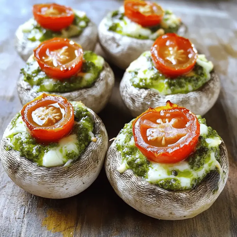 - 12 large white button mushrooms, stems removed - 1/2 cup fresh basil leaves - 1/4 cup pine nuts - 1/4 cup grated Parmesan cheese - 2 cloves garlic, minced - 1/4 teaspoon salt - 1/4 teaspoon black pepper - 2 tablespoons olive oil - 1/4 cup cream cheese, softened - Cherry tomatoes, halved (for garnish) When I make Fresh Basil Pesto Stuffed Mushrooms, I love using fresh ingredients. The mushrooms act as a perfect vessel for the tasty filling. The fresh basil leaves bring a bright flavor that makes each bite special. I always choose large white button mushrooms. These mushrooms are meaty and hold the filling well. I blend the basil, pine nuts, Parmesan, and garlic in a food processor. This creates a rich and creamy pesto. I also add salt and black pepper to enhance the flavors. The olive oil gives it a smooth texture. Then, I mix this pesto with softened cream cheese. This combination makes the filling creamy and delicious. Don’t forget about the cherry tomatoes! They add a nice pop of color when you garnish the stuffed mushrooms. They also give a fresh taste that balances the rich pesto filling. If you want the full recipe, check out the section above. You will enjoy making this quick and easy appetizer! - Preheat your oven to 375°F (190°C). - Combine basil, pine nuts, Parmesan, garlic, salt, and pepper in a food processor. This step is key. You want fresh basil for the best taste. The nuts give a nice crunch, and the cheese adds creaminess. Make sure to pulse until everything is finely chopped. It should smell amazing! - Drizzle olive oil while processing until smooth. - Mix pesto with cream cheese until fully combined. The olive oil helps the pesto blend well. It makes a smooth paste. When you mix it with cream cheese, it turns creamy and rich. This is what makes the filling so tasty! - Spoon pesto mixture into mushroom caps. - Arrange on a baking sheet; bake for 15-20 minutes. Use a small spoon to fill each cap. Don't be shy—load them up! Place them on a baking sheet lined with parchment paper. Baking brings out the flavors and makes the mushrooms tender. You'll love how they look and smell when they're done. For the full recipe, check out the main section. Enjoy making these tasty bites! To make the best fresh basil pesto stuffed mushrooms, use fresh and firm mushrooms. Look for large white button mushrooms with no blemishes. Fresh mushrooms hold their shape during cooking and taste great. High-quality ingredients enhance the flavor. Use fresh basil, good-quality Parmesan cheese, and fresh garlic. These small details make a big difference in taste. Experiment with your roasting times for the mushrooms. You want them tender, but not mushy. Try baking them for 15-20 minutes. This time works well for a nice texture. After baking, allow the mushrooms to cool slightly before serving. This helps the flavors settle and makes them easier to handle. Enjoy these tasty bites warm for the best experience. {{image_2}} You can easily change the nuts in your pesto. Instead of pine nuts, try walnuts or almonds. Both options add a unique flavor and texture. If you want a creamier taste, swap the Parmesan for mozzarella. This twist will give your dish a delightful new dimension. To spice things up, add a pinch of red pepper flakes. This small addition brings heat without overpowering the dish. You can also mix in sautéed onions or peppers for extra flavor. These ingredients add sweetness and depth, making your stuffed mushrooms even more delicious. Enjoy experimenting with these variations to create your perfect bite! To keep your stuffed mushrooms fresh, place them in an airtight container. This method helps prevent them from drying out. Store the container in your refrigerator. It’s best to eat them within 2-3 days. After this time, the mushrooms may lose their flavor and texture. If you have leftovers, reheating is easy. Preheat your oven to 350°F (175°C). Place the stuffed mushrooms on a baking sheet. Heat them until they are warmed through, about 10-15 minutes. This method maintains their delicious taste and texture. Enjoy your tasty treat again! To make fresh basil pesto, you need just a few simple steps. First, gather these ingredients: - 1/2 cup fresh basil leaves - 1/4 cup pine nuts - 1/4 cup grated Parmesan cheese - 2 cloves garlic, minced - 1/4 teaspoon salt - 1/4 teaspoon black pepper - 2 tablespoons olive oil Start by placing the basil, pine nuts, Parmesan, garlic, salt, and pepper in a food processor. Pulse it until finely chopped. Next, slowly add the olive oil while the processor runs. This will create a smooth paste. That's it! You now have fresh basil pesto ready for your stuffed mushrooms or other dishes. You can use dried basil if you don't have fresh. However, the flavor is different. Fresh basil has a bright and vibrant taste. Dried basil is more concentrated, so use less. A general rule is to use one-third the amount of dried basil. This means if a recipe calls for 1 cup of fresh basil, use only about 1/3 cup of dried. But keep in mind, the taste will not be as fresh or bright. Yes, these stuffed mushrooms can be gluten-free! The main ingredients, mushrooms, pesto, and cream cheese, are all gluten-free. Just make sure to check the labels on your cream cheese and any other ingredients for hidden gluten. If you want to be extra safe, use gluten-free breadcrumbs or skip them altogether. Enjoy these tasty bites without worry! You can find the full recipe in the previous sections. This blog shared a simple way to make stuffed mushrooms using fresh ingredients. You learned how to prepare them, stuff them, and bake them to perfection. Remember, using fresh ingredients leads to the best flavor. Feel free to tweak the recipe with your favorite nuts or cheeses. Store leftovers in an airtight container and enjoy them within a few days. Stuffed mushrooms are easy to make and make a tasty snack or appetizer. Experiment with the tips given, and keep these mushrooms a go-to treat.