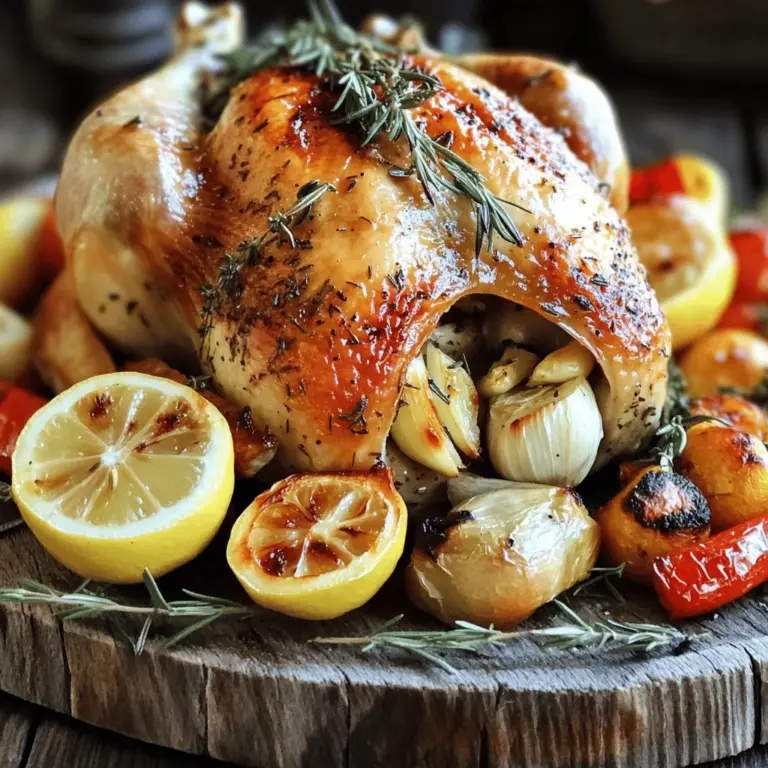 - 1 whole chicken (about 3-4 lbs) - 1 lemon, halved - 1 head of garlic, cut in half crosswise - 4 tablespoons olive oil - 2 tablespoons fresh rosemary, chopped - 2 tablespoons fresh thyme, chopped - 2 teaspoons salt - 1 teaspoon black pepper - 1 teaspoon paprika - 1 cup chicken broth To make garlic herb roasted chicken, you need a few key ingredients. First, a whole chicken around 3 to 4 pounds is perfect. This size ensures juicy meat and crispy skin. Fresh herbs like rosemary and thyme bring bright flavors. Use two tablespoons of each herb for the best taste. You will also need one lemon, halved. The lemon adds a refreshing zing that enhances the chicken's flavor. Garlic is another must-have. Cut a head of garlic in half to release its rich aroma. Olive oil gives the chicken a golden crust. Mix four tablespoons with the herbs, salt, pepper, and paprika for a flavorful paste. Don’t forget the chicken broth! This adds moisture during cooking. Feel free to add vegetables around the chicken for a complete meal. Carrots, potatoes, or onions work great. They soak up the chicken's juices and become tender and tasty. For the full recipe, check out the details above and get ready to roast! 1. Preheating the oven: Start by preheating your oven to 425°F (220°C). This high heat ensures that the chicken cooks evenly and gets that nice, crispy skin. 2. Creating the herb paste: In a small bowl, mix together 4 tablespoons of olive oil, 2 tablespoons of chopped rosemary, 2 tablespoons of chopped thyme, 2 teaspoons of salt, 1 teaspoon of black pepper, and 1 teaspoon of paprika. This herb paste adds a burst of flavor. 3. Preparing the chicken for roasting: Pat the chicken dry with paper towels. This step is key for a crispy skin. Place the chicken in a large roasting pan. Rub the herb paste all over the chicken, making sure to also coat the inside of the cavity. Don’t skip this part! 1. Roasting time and temperature: Roast the chicken in the preheated oven for about 1 hour and 15 minutes. You want the internal temperature to reach 165°F (75°C). The juices should run clear when you pierce the chicken. 2. Basting process: Halfway through roasting, baste the chicken with the pan juices. This keeps it moist and adds more flavor. Use a spoon or a baster for this step. 3. Checking doneness: Once cooked, remove the chicken from the oven. Let it rest for 10-15 minutes before carving. This resting time helps the juices settle for a juicier chicken. For the complete instructions, check the Full Recipe. To get the best taste from your garlic herb roasted chicken, focus on seasoning. Use fresh herbs like rosemary and thyme. They bring bright flavors that make your dish pop. Mix them with olive oil, salt, pepper, and paprika to create a tasty herb paste. Rub this paste all over the chicken for a full flavor experience. To keep the chicken moist, add liquid to the roasting pan. Chicken broth works great. It creates steam as the chicken cooks, locking in juiciness. Basting the chicken halfway through with pan juices also helps. This keeps the skin crispy and the meat tender. For even cooking, place your chicken breast-side up in the pan. This allows heat to circulate evenly. Make sure your oven is preheated to 425°F (220°C) before putting the chicken in. After cooking, resting the chicken is key. Let it sit for 10-15 minutes before carving. This allows the juices to redistribute, making each bite flavorful and moist. Enjoy your delicious garlic herb roasted chicken! For the full recipe, check the details above. {{image_2}} You can change the taste of garlic herb roasted chicken by using different herbs. Try basil or parsley for a fresh twist. They add bright flavors that brighten the dish. You can also add spices for heat. A pinch of cayenne pepper gives a nice kick. It’s a fun way to make the dish your own. Grilling is perfect for summer days. It gives the chicken a smoky flavor. You can also roast it in the oven for a classic taste. If you prefer a hands-off approach, use a slow cooker. Just season the chicken, place it in the pot, and let it cook. This method keeps the chicken juicy and tender. Explore these variations to find what you love! For the full recipe, check out the complete guide to garlic herb roasted chicken. To keep your garlic herb roasted chicken fresh, refrigerate it within two hours of cooking. Store it in an airtight container to prevent drying out. If you have a lot of leftovers, cut the chicken into pieces. This makes it easier to store and use later. You can also use freezer bags for longer storage. Just remove as much air as possible before sealing. When reheating, keep your chicken juicy. You can use the oven or a skillet. For the oven, preheat it to 350°F (175°C). Place the chicken in a baking dish with a splash of broth. Cover it with foil to trap moisture. Heat for about 20 minutes or until warm. If you use a skillet, add a little broth or water. Warm it over medium heat, covered. This method helps retain moisture. You can also shred leftover chicken for salads, sandwiches, or soups. It’s a great way to enjoy your meal in a new form! For the full recipe, check out the earlier section. How long should you cook garlic herb roasted chicken? Cook the garlic herb roasted chicken for about 1 hour and 15 minutes. Make sure the internal temperature reaches 165°F (75°C). This ensures the chicken is safe to eat and juicy. Can you make this recipe ahead of time? Yes, you can prepare the chicken ahead of time. Season it with the herb mix and let it sit in the fridge for up to 24 hours. This helps the flavors soak into the chicken. What to serve with garlic herb roasted chicken? Serve the chicken with roasted vegetables or a fresh salad. Mashed potatoes or rice also pair well. These sides complement the chicken's rich flavors. Why is my chicken not browning? If the chicken is not browning, it may be due to low oven heat. Ensure your oven is preheated to 425°F (220°C). Basting with pan juices can also help achieve that golden color. What to do if it’s undercooked? If the chicken is undercooked, return it to the oven. Cook it longer until it reaches the safe internal temperature of 165°F (75°C). Use a meat thermometer for accuracy. How can you tell when chicken is fully cooked? To tell if chicken is fully cooked, check the juices. They should run clear when you cut into the thigh. A meat thermometer will also confirm it’s done at 165°F (75°C). For the full recipe, refer back to the earlier sections. In this post, we covered how to make a garlic herb roasted chicken. We discussed the key ingredients needed, steps for preparation and cooking, and helpful tips for better flavor. You learned about variations, storage, and common questions. Remember, keeping it simple can yield great results. Use fresh herbs and season well. Always check for doneness to ensure a perfect meal. Enjoy your delicious chicken and make it your own!