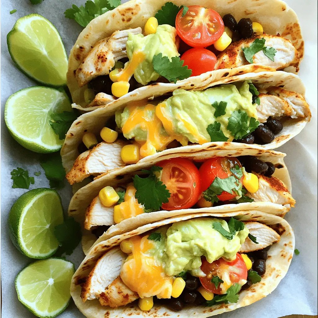 - Chicken: Use 2 boneless, skinless chicken breasts. The chicken adds protein and flavor. Cook it well for the best taste. - Tortillas: Get 2 large tortillas, either flour or whole wheat. Choose what you like best for a soft wrap. - Avocado and Fillings: Use 1 ripe avocado, mashed. Add 1 cup of halved cherry tomatoes, ½ cup of rinsed black beans, and ½ cup of corn. These give texture and freshness to your burrito. - Spices for flavoring: Use 1 tablespoon of olive oil, 1 teaspoon of chili powder, and 1 teaspoon of cumin. Add salt and pepper to taste. These spices make your chicken taste great. - Optional toppings and garnishes: Add ¼ cup of chopped fresh cilantro and ½ cup of shredded cheese. Lime wedges for serving enhance the flavor. You can mix and match these for your own taste. For more detailed steps, check the Full Recipe. To cook the chicken, start with a skillet on medium heat. Add one tablespoon of olive oil. Season the two chicken breasts with chili powder, cumin, salt, and pepper. Cook the chicken for about 6-7 minutes on each side. You want the juices to run clear. This means the chicken is done. After cooking, let the chicken rest for 5 minutes. Then, slice it into thin strips. This helps keep it juicy and easy to eat. In a medium bowl, combine the mashed avocado, halved cherry tomatoes, black beans, corn, and chopped cilantro. Mix gently so you do not mash the tomatoes or beans. Fresh ingredients taste best. The colors will look inviting, and the flavors will blend well. Make sure to taste the mixture. Adjust the seasoning if needed. This filling is fresh and healthy. Lay a tortilla flat on a clean surface. Spoon a portion of the avocado mixture into the center. Add a few slices of the cooked chicken on top. Finish with shredded cheese. Layering is key. This way, each bite is packed with flavor. Fold the sides of the tortilla inward. Then, roll from the bottom up to create a burrito. Make sure the filling is secured inside. A tight roll keeps everything in place. For a crispy exterior, toast the burrito. Place it seam-side down in the skillet over medium heat. Cook for 2-3 minutes on each side. You want it golden brown and crispy. This adds texture and flavor. If you prefer a soft burrito, you can skip this step. The choice is yours! For the complete recipe, check out the Full Recipe. For juicy chicken, start with a marinade. You can mix olive oil, lime juice, and spices like garlic powder or paprika. Let the chicken soak for at least 30 minutes. This adds great flavor and keeps the meat moist. When cooking, use medium heat. This helps the chicken cook evenly. Avoid cutting it right away; let it rest for five minutes before slicing. This keeps the juices locked in. Wrap your burrito tightly to keep the filling in. First, place the filling in the center. Fold the sides in, then roll from the bottom up. This method secures everything inside. To prevent sogginess, avoid overfilling your burrito. Less is more! If you're concerned about moisture, you can lightly toast the burrito in a skillet. This adds a nice crunch and helps seal the edges. Pair your burritos with sides like rice or a fresh salad. You can also serve them with salsa or sour cream for added flavor. For a fun twist, use unique dishes. Try serving burritos in a bowl or on a wooden board. This adds a nice touch and makes your meal look special. For the full recipe, check out the Full Recipe section. {{image_2}} You can easily switch the chicken in this recipe. Use beef, pork, or even tofu for a different taste. For a vegetarian option, try grilled vegetables or legumes. If you want to go vegan, skip the chicken and cheese. You can add more beans or even lentils for protein. These swaps keep your burrito tasty and satisfying. If you don’t have avocado, you could use hummus or mashed peas. These swaps add creaminess to your burrito. For beans, try pinto beans or chickpeas. If you want a dairy-free option, replace cheese with nutritional yeast or a vegan cheese. These simple changes can still give you a delicious meal. You control the spice level. If you want it mild, skip the chili powder. You can use sweet paprika instead. For a spicy kick, add jalapeños or cayenne pepper. Experiment with different spices, like smoked paprika or garlic powder, for more flavor. Adjusting spices helps make your burritos perfect for your taste. To store leftovers, let the burritos cool to room temperature. Wrap each burrito tightly in plastic wrap or aluminum foil. Place them in an airtight container or a resealable bag. This helps keep them fresh. You can store them in the fridge for up to three days. Make sure to eat them within this timeframe for the best taste and safety. For freezing, wrap each burrito in plastic wrap first, then in foil. This keeps them from getting freezer burn. You can freeze them for up to three months. When you want to eat one, take it out and let it thaw in the fridge overnight. To reheat, unwrap the burrito and warm it in the microwave for about two minutes. You can also heat it in an oven at 350°F for about 15-20 minutes. This will help keep the tortilla crisp and tasty. To keep your burritos from falling apart, use large tortillas. They hold more filling. Make sure to fold the sides in first. This helps contain the filling. Then, roll it tightly from the bottom. Press gently as you roll. You can also use a bit of cheese on the edge to help seal it. If you can't use avocado, try mashed beans or hummus. Cream cheese works too. You can also use guacamole if you like it. These options give creaminess to your burrito. They add flavor and still keep it moist. You can add any toppings you like! Try different meats like beef or shrimp. Add veggies such as bell peppers or spinach. You can also switch the cheese for your favorite type. Want some heat? Add jalapeños or hot sauce. Personalize it to match your taste! Yes, you can make these burritos ahead of time! Wrap them in foil or plastic wrap. Store them in the fridge for up to two days. When you're ready to eat, just reheat them in the oven or microwave. If you freeze them, they will last up to a month. Thaw them in the fridge overnight and reheat when ready. Enjoy your easy chicken avocado burritos anytime! Making delicious burritos is easy when you know the right steps. We discussed the main ingredients like chicken, tortillas, and avocado. You learned how to prepare the chicken, mix fillings, and assemble the burritos. I shared tips for flavor and secure wrapping. You also saw ways to adapt the recipe to your taste and how to store leftovers. In the end, experimenting with flavors and ingredients makes burritos fun. Enjoy making your perfect burrito!