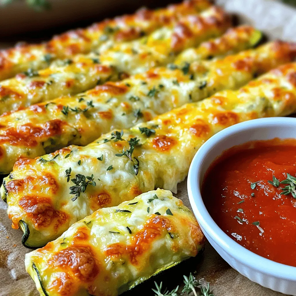 - 2 medium zucchinis, grated - 1 cup shredded mozzarella cheese - 1/2 cup grated Parmesan cheese - 1/2 cup almond flour or regular flour - 2 large eggs - 1 teaspoon garlic powder - 1 teaspoon dried oregano - Salt and pepper to taste - Marinara sauce, for dipping To make Cheesy Zucchini Breadsticks, you need a few key items. Start with two medium zucchinis. They add moisture and flavor. Grate them and squeeze out excess water. This step is crucial for a good texture. Next, gather your cheeses. Use one cup of shredded mozzarella for its meltiness. Then, add half a cup of grated Parmesan for a sharp taste. You also need half a cup of almond flour or regular flour. This helps bind the ingredients. In addition, you will need two large eggs. They help hold everything together. For flavor, include one teaspoon of garlic powder and one teaspoon of dried oregano. Finally, add salt and pepper to taste. For dipping, I recommend marinara sauce. It pairs perfectly with the cheesy breadsticks. For the full recipe, check the earlier section. Enjoy making this tasty snack! - Preheat oven to 425°F (220°C). - Line a baking sheet with parchment paper. - In a large bowl, combine grated zucchini and cheeses. - Add flour, eggs, garlic powder, oregano, salt, and pepper. Mix well. - Spread the mixture onto the baking sheet. - Bake for 20-25 minutes until golden brown. Make sure you check the breadsticks before baking time ends. If the edges turn golden, they are ready to come out. Enjoy these cheesy delights fresh from the oven! For the complete recipe, you can find it [here](#). To make cheesy zucchini breadsticks, start by squeezing out the excess moisture from the zucchini. This step is key. If the zucchini stays wet, it makes the breadsticks soggy. After that, ensure you mix all the ingredients evenly. This helps every bite taste the same and gets the right texture. You can easily customize the flavor of your zucchini breadsticks. Add herbs or spices that you love. For a stronger taste, use fresh garlic instead of garlic powder. This small change can make a big difference. Think about adding Italian seasoning for an extra kick. When serving your cheesy zucchini breadsticks, consider some tasty dipping sauces. Marinara sauce is classic, but you can try ranch or garlic aioli for a twist. For a nice touch, garnish your breadsticks with fresh herbs. Chopped parsley or basil looks great and adds flavor too. {{image_2}} You can spice up your cheesy zucchini breadsticks easily. Try adding red pepper flakes. This gives a nice kick. You can also mix in fresh herbs like basil or thyme. These herbs add a great aroma and flavor. Both options let you customize the taste. If you have dietary needs, there are options for you. Use almond flour instead of regular flour for gluten-free breadsticks. This keeps the texture nice and light. For those avoiding dairy, try dairy-free cheese. It melts well and tastes great. You can add more fun to your breadsticks with toppings. Sprinkle extra cheese before the final bake. This gives a gooey, cheesy layer on top. You can also add more vegetables. Chopped spinach or bell peppers are great choices. They boost the nutrition while adding color. Enjoy these fun variations in your cheesy zucchini breadsticks for a tasty twist! For the full recipe, check out the details above. To keep your cheesy zucchini breadsticks fresh, store them in an airtight container. This helps lock in moisture and flavors. Make sure the container is clean and dry before adding the breadsticks. If you plan to eat them within a few days, keep them in the fridge. I find that they stay tasty for about 3 to 4 days this way. When it's time to enjoy your leftovers, you can choose between the microwave or the oven. The microwave is quick but can make the breadsticks a bit soggy. To avoid this, heat them in short bursts of 15 seconds. If you want a nice, crispy texture, the oven is best. Preheat it to 350°F (175°C) and bake for about 10 minutes. This method keeps them crunchy and warm. If you have extra breadsticks, freezing is a great option. To freeze them, wait until they cool down completely. Then, wrap each stick in plastic wrap or foil. Place them in a freezer-safe bag or container. They can last up to 2 months in the freezer. When you're ready to eat them, thaw in the fridge overnight. After thawing, reheat them in the oven for the best results. To cut your breadsticks, a sharp knife or pizza cutter works best. Use a gentle hand to slice through the crispy edges and soft center. This will help keep the shape intact. A serrated knife can also work well for a clean cut. Yes, you can use frozen zucchini. Just remember to thaw it first and squeeze out the water. Fresh zucchini has a better texture and taste, but frozen works in a pinch. You may need to adjust the moisture in your mixture when using frozen zucchini. You can prepare the mixture and store it in the fridge for one day. This makes meal prep easy. For longer storage, bake the breadsticks, let them cool, and freeze them. Reheat in the oven for a quick snack. Mozzarella is my favorite cheese for its meltiness. Parmesan adds a nice flavor too. You can swap mozzarella with cheddar or gouda for different tastes. Vegan cheese works well if you need a dairy-free option. Just choose a cheese that melts nicely. For the full recipe, check out the Cheesy Zucchini Breadsticks. These zucchini breadsticks are easy to make and delicious. You need simple ingredients like zucchini, cheese, and flour. Follow the steps to mix, bake, and serve these tasty treats. Remember to add your favorite dipping sauce for extra flavor. With so many variations and tips, you can customize them for any meal. Store leftovers well for a quick snack later. Enjoy your tasty, healthy breadsticks!