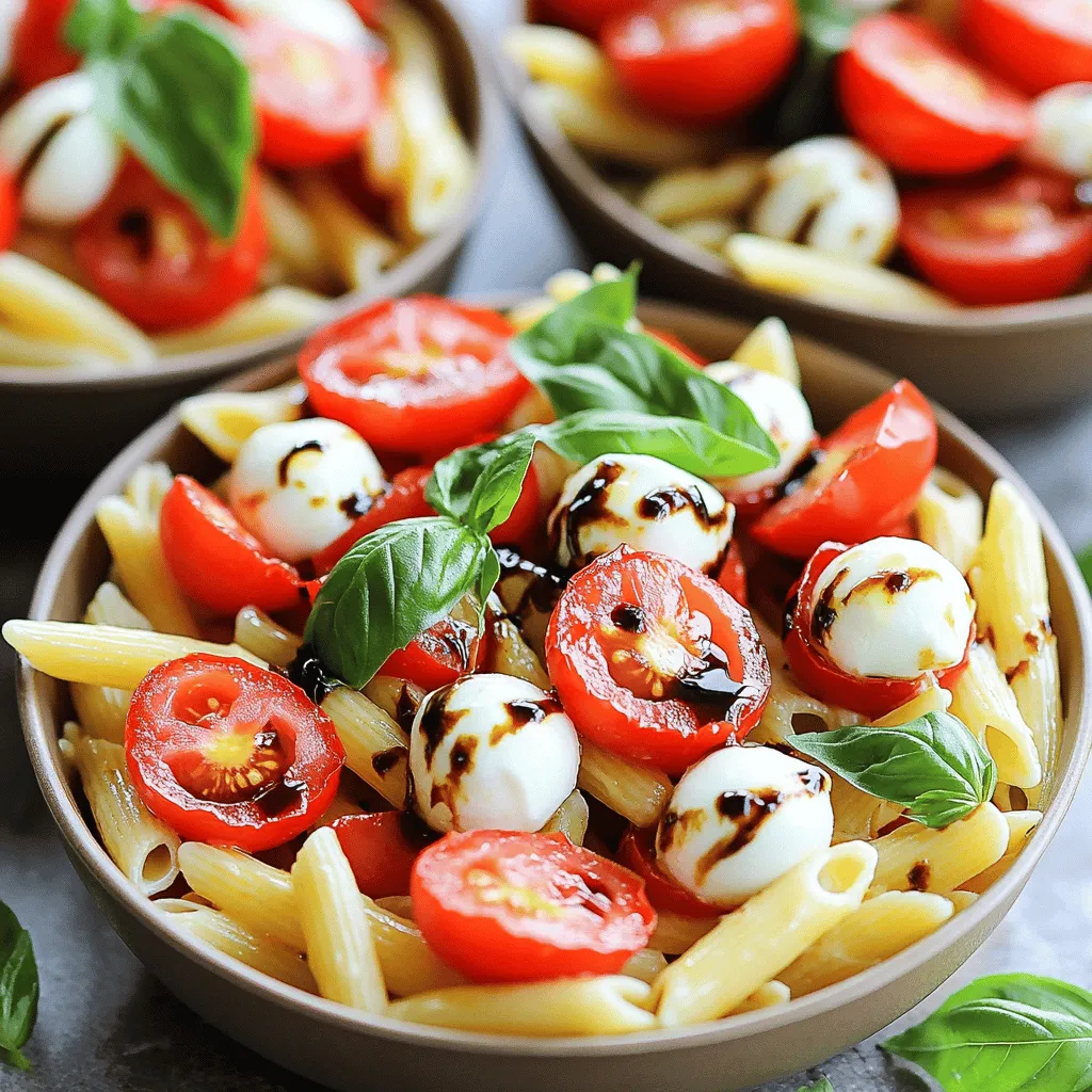 For Easy Caprese Pasta, you need fresh and vibrant ingredients to create a delightful meal. Here’s what you will need: - 12 oz pasta (penne or fusilli) - 2 cups cherry tomatoes, halved - 1 cup fresh mozzarella balls, halved - 1/4 cup fresh basil leaves, torn - 3 tablespoons olive oil - 2 cloves garlic, minced - Salt and pepper to taste - Balsamic glaze for drizzling (optional) These ingredients come together to make a bright and tasty dish. The pasta is the base, while the tomatoes and mozzarella add freshness. The garlic and basil bring in extra flavor. Having a well-stocked pantry helps you whip up this dish quickly. Here are some staples you should keep on hand: - Olive oil for cooking and drizzling - Salt and pepper for seasoning - Balsamic glaze to enhance flavors - Various types of pasta for variety These basics will help you create a delicious meal on short notice. You can mix and match flavors and ingredients as you like. If you can’t find fresh ingredients, don’t worry! There are good substitutes: - Use dried basil if fresh isn't available. - Try regular mozzarella if fresh mozzarella is hard to find. - Any small tomatoes can replace cherry tomatoes. These swaps keep the spirit of the dish alive while making it easy for you to prepare. You can still enjoy a wonderful Caprese Pasta with what you have at home. For the full recipe, check the Easy Caprese Pasta section. Start by boiling a large pot of salted water. Once it bubbles, add 12 ounces of pasta. I like penne or fusilli for this dish. Cook it until it is al dente, which means firm but not hard. This usually takes about 8-10 minutes, but check the package for exact times. When done, save half a cup of pasta water. Then drain the pasta and set it aside. In the same pot, heat 3 tablespoons of olive oil over medium heat. Add 2 minced garlic cloves and stir for 1-2 minutes. You want the garlic to smell great but not burn. Next, toss in 2 cups of halved cherry tomatoes. Cook these for about 3-4 minutes. Stir them gently as they soften and release their juices. This step is key for depth of flavor. Now, return the drained pasta to the pot with the garlic and tomatoes. Toss everything together. If it seems dry, add some reserved pasta water little by little. This will help the sauce cling to the pasta. Then fold in 1 cup of fresh mozzarella balls and 1/4 cup of torn basil leaves. Season with salt and pepper to taste. Toss again until all ingredients are mixed well. For an extra touch of flavor, drizzle with balsamic glaze when serving. For the full recipe, check the earlier section. Cooking pasta is simple, but small changes can make it better. Start with plenty of water. Use a large pot to boil water, so pasta cooks evenly. Add a good amount of salt to the water. This helps flavor the pasta from the start. Cook the pasta until it is al dente, which means it should be firm but not hard. This way, it will hold up well when mixed with the sauce. Remember to reserve some pasta water before draining. This water can help adjust the sauce later. Seasoning is key to making your pasta pop. After sautéing garlic, add cherry tomatoes to the pot. Cooking them for a few minutes helps bring out their natural sweetness. You can also add a pinch of salt and pepper to the mix. This enhances the overall flavor of the dish. If you want a little extra, drizzle balsamic glaze on top before serving. It adds a nice balance of sweet and tangy. You can also experiment with other herbs like oregano or thyme for unique flavors. How you serve your pasta makes a big difference. Use shallow bowls to give it an elegant look. Place the pasta in the center and arrange halved cherry tomatoes and fresh basil on top. This adds color and freshness to your dish. You can also sprinkle a bit of cracked black pepper for a finishing touch. If you want to impress guests, serve with a side of crusty bread. This adds a nice touch and completes the meal. For the full recipe, check the Easy Caprese Pasta section. {{image_2}} You can easily boost your Caprese pasta with protein. Grilled chicken pairs well with the fresh flavors. Simply slice cooked chicken breast and mix it in. Shrimp is another great choice. Sauté shrimp until they turn pink, then add them to the pasta. For a plant-based option, try chickpeas or lentils. They add heartiness and protein without meat. If you want a vegetarian version, you're already on the right track. The recipe is packed with fresh ingredients. For gluten-free pasta, use rice or quinoa pasta. They work well and keep the dish tasty. Just cook them according to the package. You can also add extra veggies like spinach or zucchini for added nutrients. Seasonal ingredients can change the dish each time you make it. In spring, consider adding asparagus or peas. In summer, use heirloom tomatoes for extra flavor. In fall, roasted butternut squash adds a sweet touch. In winter, you might swap in Brussels sprouts for a hearty bite. These swaps keep the meal exciting and fresh. Check out the Full Recipe for more ideas! To store leftover Caprese pasta, let it cool first. Then place it in an airtight container. This helps keep the pasta fresh. You can store it in the fridge for up to three days. Make sure to cover it well, so it does not dry out. When you are ready to eat your leftovers, place the pasta in a pot. Add a splash of water or olive oil to keep it moist. Heat it on low over the stove. Stir gently to avoid burning. You can also use a microwave. Heat in short bursts, stirring in between. This keeps the flavors intact. If you want to freeze your Caprese pasta, use a freezer-safe container. Make sure to leave some space at the top for expansion. You can freeze it for up to three months. When you are ready to eat it, thaw it in the fridge overnight. Then reheat it using the steps above. Enjoy your Easy Caprese Pasta whenever you like! For the complete recipe, check out the Full Recipe. I love using penne or fusilli for Easy Caprese Pasta. These shapes hold the sauce well. They also add a nice bite to every forkful. You want pasta that grabs the flavors. Both types are easy to find. You can use other shapes too, like farfalle or rigatoni. Yes, you can make this dish ahead of time! Cook the pasta and mix it with the sauce. Just leave out the fresh mozzarella and basil until serving. This keeps them fresh and tasty. You can store it in the fridge for up to two days. When you’re ready to eat, just warm it up and add the cheese and herbs. If you can’t find fresh mozzarella, try using burrata. It has a creamy center and adds great flavor. You can also use regular mozzarella, but it won’t be as soft. Another option is feta cheese for a tangy twist. Just crumble it on top for a different taste. I often use these swaps based on what I have handy. You learned how to make Easy Caprese Pasta with fresh, tasty ingredients. We covered key ingredients, step-by-step directions, and useful tips. You can try tasty variations or add protein to suit your taste. Remember to store leftovers properly and reheat them for the best flavor. This dish is simple and can be changed up with your favorite items. I hope you feel ready to make a delightful meal that’s quick and satisfying. Enjoy your cooking!