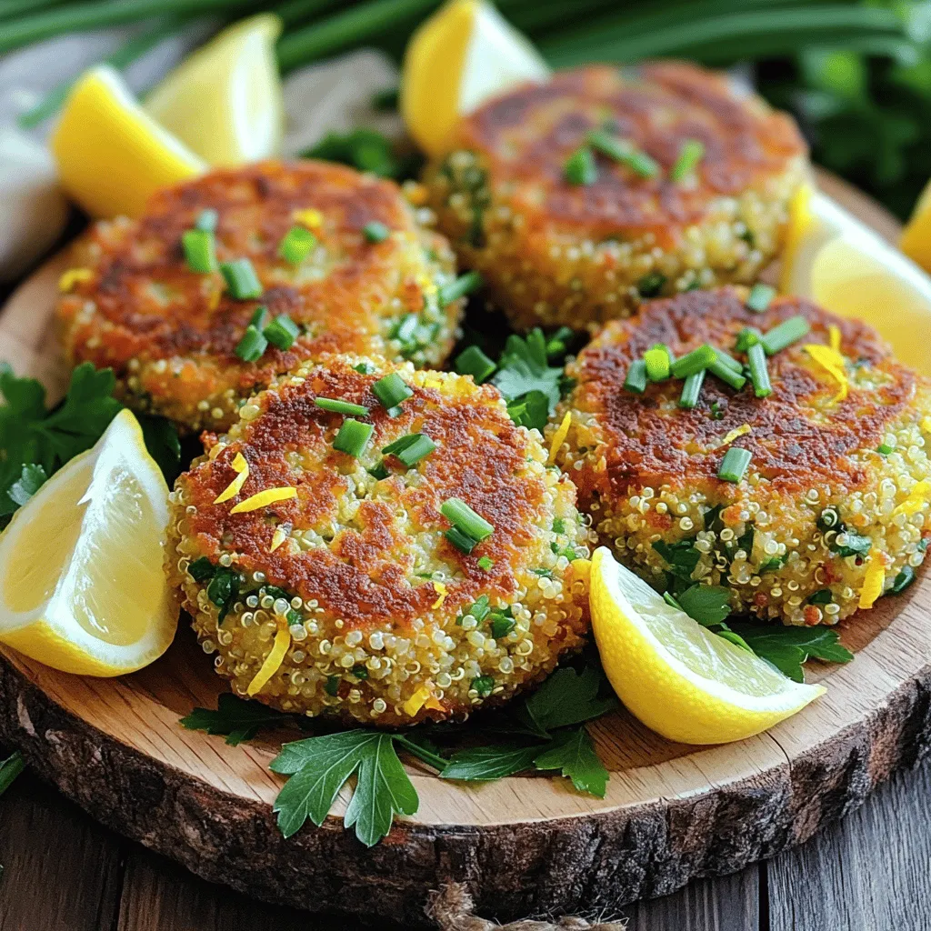 Gathering your ingredients is key to making these gluten-free lemon herb quinoa cakes. Here’s what you need: - 1 cup cooked quinoa (chilled) - 1/2 cup gluten-free breadcrumbs - 2 large eggs - 1/4 cup grated Parmesan cheese (or nutritional yeast for a vegan option) - 1/4 cup fresh parsley, chopped - 2 tablespoons fresh chives, chopped - 1 tablespoon lemon zest - 2 tablespoons lemon juice - 1 clove garlic, minced - 1 teaspoon baking powder - Salt and pepper to taste - Olive oil for frying Each ingredient plays a role in making these cakes tasty and nutritious. The quinoa offers a light, fluffy base. Gluten-free breadcrumbs help bind everything together. Eggs add moisture and richness. Parmesan cheese gives a nice umami flavor, while nutritional yeast serves as a great vegan option. Fresh herbs like parsley and chives provide bright, herbal notes. The lemon zest and juice add a zesty kick that brightens each bite. Garlic brings depth and warmth. Baking powder gives the cakes a little lift, ensuring they are light and not dense. A sprinkle of salt and pepper enhances all these flavors nicely. You can find the full recipe at the top of this section. First, gather your ingredients. You need 1 cup of cooked and chilled quinoa, 1/2 cup of gluten-free breadcrumbs, and 1/4 cup of grated Parmesan cheese or nutritional yeast. Place these in a large mixing bowl. Next, crack 2 large eggs into the bowl. Add 1/4 cup of chopped fresh parsley, 2 tablespoons of chopped fresh chives, 1 tablespoon of lemon zest, and 2 tablespoons of lemon juice. Don't forget 1 clove of minced garlic, 1 teaspoon of baking powder, and some salt and pepper. Mix everything well. This step is key for great flavor! If the mixture feels too wet, add a bit more gluten-free breadcrumbs. This helps it hold together better. Aim for a moldable consistency. You want to easily form patties that won't fall apart. Now it’s time to shape the cakes. Take a scoop of the mixture and mold it into a patty. Aim for about 2 to 3 inches in diameter. Make sure each cake is compact so it cooks evenly. You can place them on a plate or a cutting board for easy access. Heat a skillet over medium heat and add a drizzle of olive oil. You want just enough oil to coat the bottom. Once the oil is hot, carefully place the quinoa cakes into the skillet. Cook each side for about 4 to 5 minutes. Look for a golden brown finish. This step gives the cakes a nice crisp texture. Keep an eye on them as they cook. If they start to brown too quickly, lower the heat. Once they are done, remove the cakes and let them drain on a paper towel. This helps absorb any extra oil. For the full recipe, check the recipe section above. Enjoy your tasty and simple gluten-free lemon herb quinoa cakes! To make your quinoa cakes perfect, focus on the texture. You want them firm but not dry. If your mix feels too wet, add a bit more gluten-free breadcrumbs. This helps hold the cakes together. Frying the cakes can be tricky. To avoid sticking, use a non-stick skillet or cast iron pan. Heat the skillet before adding olive oil. Once the oil is hot, place the cakes gently into the skillet. This way, they will cook evenly and get golden brown on both sides. For a beautiful presentation, serve the quinoa cakes on a nice plate. Add a lemon wedge and fresh herbs on top. This adds color and a fresh look. Pair the cakes with a light salad. A cucumber and tomato salad works well. The crunch of the salad complements the soft cakes. You can also try a yogurt sauce on the side for extra flavor. Check out the Full Recipe for all the details you need to create these tasty cakes! {{image_2}} You can easily change the taste of your gluten-free lemon herb quinoa cakes. Try adding fresh herbs like dill or basil. These herbs bring new flavors and aromas to the dish. For a more colorful and healthy cake, mix in some vegetables. Spinach or bell peppers work great. Just chop them finely and add them to the mix. This way, you make the cakes not only tasty but also nutritious. If you want to make vegan-friendly quinoa cakes, you can swap the eggs. Use flaxseed meal or chia seeds instead. Just mix 1 tablespoon of either with 2.5 tablespoons of water. Let it sit for a few minutes until it gets thick. You can also use nutritional yeast instead of Parmesan cheese. This keeps the dish flavorful while sticking to a vegan diet. These simple changes make it easy to enjoy quinoa cakes no matter your diet! For the full recipe, check out the details I shared earlier. To keep your quinoa cakes fresh, store leftovers in the fridge. Place them in an airtight container. This will help keep them moist and tasty. They can last for about three days. If you want to keep them crisp, use a container with a paper towel. The towel will absorb extra moisture. This also helps maintain their texture. If you want to save them for later, freezing is a great option. Make sure the cakes are fully cooled before freezing. Wrap each cake in plastic wrap. Then, place them in a freezer-safe bag or container. This protects them from freezer burn. You can freeze them for up to three months. When you are ready to eat, take out the desired number of cakes. Thaw them in the fridge overnight for the best results. You can also reheat them in a skillet. Heat on low for about five minutes on each side. This helps restore their crispy texture. Enjoy your delicious quinoa cakes anytime! Gluten-free lemon herb quinoa cakes last for about three to five days in the fridge. To keep them fresh, store the cakes in an airtight container. This helps maintain their moisture and flavor. If you want to freeze them, wrap each cake tightly in plastic wrap. Then place them in a freezer-safe bag. They can last up to three months in the freezer. When you're ready to eat, let them thaw in the fridge overnight. Yes, you can make these cakes ahead of time. Prepare the mixture and shape the patties, then store them in the fridge. This way, they stay fresh until you are ready to cook. You can also cook them ahead of time and reheat them later. Just let them cool completely before storing. Reheat them in a skillet over medium heat until they are warm and crisp. Quinoa cakes pair well with many sides. A light cucumber and tomato salad adds freshness. You can also serve them with a yogurt sauce or a tangy lemon dressing. For extra flavor, try a side of sautéed greens. Grilled or roasted vegetables are great too. These sides enhance the lemon and herb flavors in the cakes. Absolutely! Quinoa cakes are great for meal prep. You can cook a big batch at once and store them for the week. They are easy to reheat in the microwave or skillet. Just make sure to keep them in airtight containers. This keeps them from drying out. You can mix and match sides for quick meals, making them perfect for busy days. For the full recipe, visit the [Full Recipe]. In this blog post, you learned how to make tasty gluten-free lemon herb quinoa cakes. We covered key ingredients, step-by-step instructions, and tips for perfecting your cakes. You also found storage info and ways to customize your cakes for different diets. These cakes are not just good; they’re flexible and fun. You can serve them with many sides or freeze them for later. Enjoy making these delicious cakes and sharing them with others!