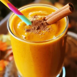 To make the Chai Spiced Pumpkin Smoothie, gather these key ingredients: - 1 cup canned pumpkin puree - 1 banana, frozen - 1 cup almond milk (or milk of choice) - 1 teaspoon chai spice blend (or ½ teaspoon cinnamon, ¼ teaspoon ginger, and a pinch of cardamom) - 1 tablespoon maple syrup (adjust to taste) - ¼ teaspoon vanilla extract - 1 tablespoon chia seeds (optional for added texture) - Ice cubes (optional for a colder smoothie) These ingredients blend together to create a creamy and flavorful drink. You can boost the flavor and nutrition with these optional add-ins: - Spinach or kale for a green boost - Protein powder for extra energy - Nut butter for a richer texture - Greek yogurt for creaminess These add-ins make the smoothie even better while adding more nutrients. This smoothie is not just tasty; it's also healthy! Here's a quick breakdown: - Pumpkin is rich in vitamins A and C, which support your immune system. - Bananas provide potassium, helping keep your heart healthy. - Chia seeds are full of fiber and omega-3 fatty acids. - Almond milk is low in calories and good for hydration. Overall, this smoothie makes a great snack or breakfast option. For the complete recipe, check out the [Full Recipe]. Making a Chai Spiced Pumpkin Smoothie is quick and easy. You need about 5 minutes to prep. Here’s what you’ll need: - Blender - Measuring cups and spoons - Glasses for serving 1. Start by adding 1 cup of canned pumpkin puree to your blender. 2. Next, toss in 1 frozen banana. This gives your smoothie a creamy texture. 3. Pour in 1 cup of almond milk or any milk you like. 4. Add 1 teaspoon of chai spice blend. If you don’t have it, use ½ teaspoon cinnamon, ¼ teaspoon ginger, and a pinch of cardamom. 5. Drizzle in 1 tablespoon of maple syrup. You can adjust this based on how sweet you like it. 6. Include ¼ teaspoon of vanilla extract for depth of flavor. 7. If you want extra texture, add 1 tablespoon of chia seeds. 8. For a colder smoothie, throw in some ice cubes. 9. Blend everything on high until it’s smooth and creamy. Stop to scrape down the sides if needed. 10. Taste your smoothie. If it’s not sweet enough, add more maple syrup. 11. Pour the smoothie into glasses and serve right away. To get that perfect smoothie consistency, keep these tips in mind: - Use a frozen banana for creaminess. - Adjust the liquid based on how thick or thin you want it. - If the smoothie is too thick, add a little more milk. - If it’s too thin, blend in more pumpkin or banana. Following these steps will help you create a delicious Chai Spiced Pumpkin Smoothie. For more details on the recipe, check out the Full Recipe. You can make your chai spiced pumpkin smoothie even better. Try adding nutmeg for warmth. A dash of cloves gives it a kick. You can also mix in a little allspice for a unique twist. Just remember, start with a small amount and taste as you go. This way, you can find the flavor you love best. If you have leftover smoothie, store it in the fridge. Use a tight container to keep it fresh. It lasts about 1 day. If you want to keep it longer, pour it into ice cube trays. This way, you can use the cubes later in other smoothies or drinks. Presentation matters! Pour the smoothie into clear glasses to show off that rich color. Sprinkle some extra chai spice on top for flair. You can also add a cinnamon stick as a stirrer. It looks great and adds a nice scent. Serve with a straw for easy sipping. This will make your drink even more enjoyable. For the full recipe, check out the details above. {{image_2}} If you want a dairy-free option, use plant-based milk. Almond milk works well. You can also try oat milk or coconut milk for a creamier texture. These will keep your smoothie rich and tasty without any dairy. To add protein, consider including Greek yogurt or protein powder. Both options mix well without changing the flavor too much. You can also use silken tofu for a silky texture and added nutrients. This helps keep you full and satisfied. Feel free to swap out ingredients based on the season. In winter, add some fresh ginger for warmth. In summer, try adding spinach for extra greens. You can also use seasonal fruits, like apples or pears, for a fun twist. These changes keep the smoothie fresh and exciting. For the full recipe, check the section above. You can store your Chai Spiced Pumpkin Smoothie in the fridge. Keep it in a sealed jar or container. It stays fresh for up to two days. Give it a good shake before you drink it. The ingredients may separate, but that’s normal. If you want to save some for later, freeze it! Pour the smoothie into ice cube trays or freezer-safe bags. This method is great for quick treats. The smoothie can last up to three months in the freezer. Just remember to label it with the date. When you're ready to enjoy your frozen smoothie, take it out and thaw it. You can leave it in the fridge overnight. If you’re short on time, let it sit at room temperature for about an hour. After thawing, blend it again to mix everything nicely. This helps bring back that creamy texture. A chai spice blend is a mix of warm spices. Common spices include cinnamon, ginger, and cardamom. You can also find black pepper, cloves, and nutmeg in some blends. These spices create a cozy flavor profile that pairs well with pumpkin. You can buy pre-made blends or make your own at home. For this recipe, a teaspoon of chai spice is perfect to enhance the flavors. Yes, you can use fresh pumpkin! Just cook the pumpkin until soft and blend it into a puree. It will take more time than canned pumpkin, but the flavor is fresh and earthy. Make sure to measure out one cup of your puree for the smoothie. This adjustment gives you a lovely homemade taste. If you want a less sweet smoothie, reduce or skip the maple syrup. You can taste the smoothie and add just a little if needed. You can also try using unsweetened almond milk instead of sweetened versions. This change will help balance the flavors without adding extra sugar. This smoothie is packed with nutrients. Pumpkin is rich in vitamin A and fiber. The banana adds potassium and natural sweetness. Chia seeds are great for healthy fats and protein. Almond milk is low in calories and dairy-free. Together, they make a filling and healthy treat that can keep you satisfied. This smoothie is already vegan-friendly! Use almond milk or any other plant-based milk. Ensure that your maple syrup is pure and vegan as well. With these simple swaps, you can enjoy this delicious smoothie while sticking to a vegan diet. You can also add a scoop of plant-based protein powder for an extra boost. For more details, check out the Full Recipe! This blog post covered key ingredients and how to make a great smoothie. You learned about add-ins, nutrition, and tips for the best taste. We explored fun variations, storage methods, and common questions. Remember, making smoothies can be easy and fun. Use fresh, healthy ingredients to customize your drink. Keep experimenting and enjoy your smoothie journey!