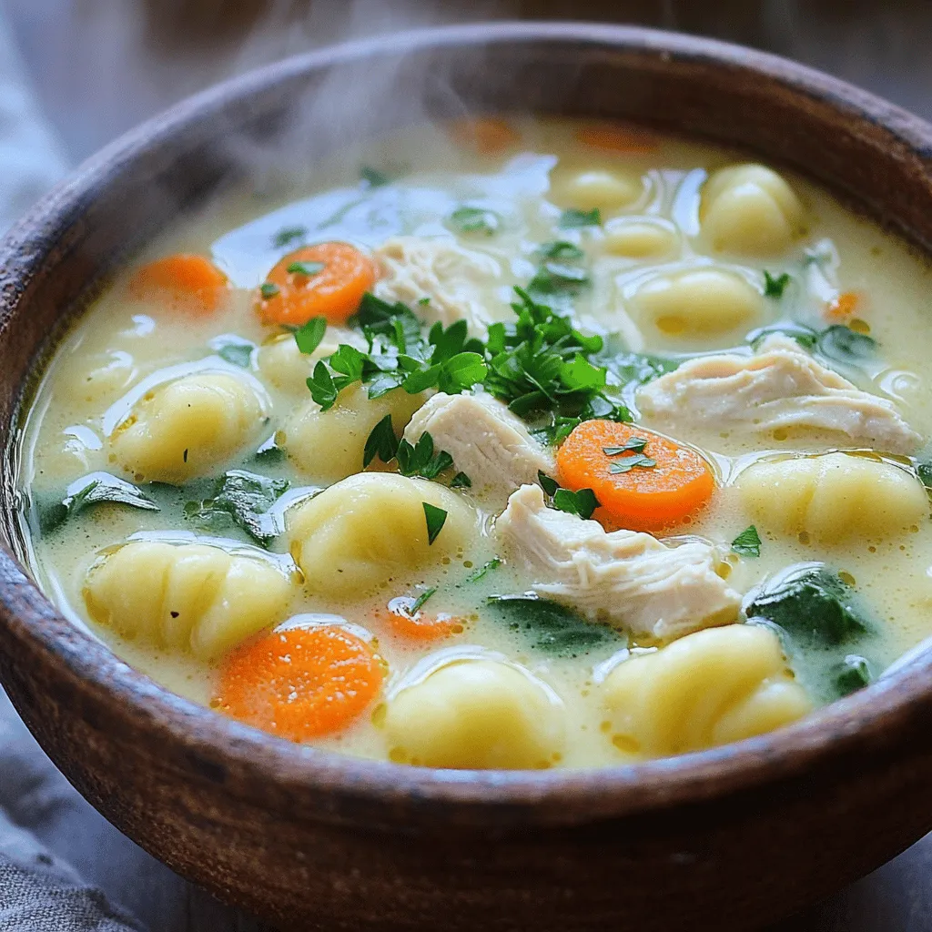 Cooking creamy chicken gnocchi soup is simple and fun. Here’s everything you need: - 1 tablespoon olive oil - 1 medium onion, diced - 2 cloves garlic, minced - 2 carrots, sliced - 2 celery sticks, diced - 1 pound boneless, skinless chicken breasts, diced - 4 cups low-sodium chicken broth - 1 teaspoon dried thyme - 1 teaspoon dried oregano - 1 cup heavy cream - 1 pound potato gnocchi - 2 cups fresh spinach - Salt and pepper to taste - Fresh parsley, chopped (for garnish) These ingredients come together to make a warm, tasty soup. You can find the full recipe above to guide you through. Each item plays a key role in building flavor and texture, from the hearty chicken to the delicate gnocchi. Don’t skip the fresh spinach; it adds color and nutrition. Use fresh parsley for a beautiful finish. Enjoy cooking! 1. Sauté onion and garlic In a large pot, heat one tablespoon of olive oil over medium heat. Add one medium diced onion. Cook until it turns clear, about five minutes. Next, stir in two minced garlic cloves. Cook for another minute until fragrant. 2. Add vegetables and chicken Now, add two sliced carrots and two diced celery sticks to the pot. Let them cook for three to four minutes until they soften. Then, add one pound of diced chicken breasts. Season with salt, pepper, one teaspoon of dried thyme, and one teaspoon of dried oregano. Cook for five to seven minutes, stirring often, until the chicken is browned and cooked through. 3. Pour in broth and cook gnocchi When the chicken is done, pour in four cups of low-sodium chicken broth. Bring this mixture to a gentle boil. Once boiling, add one pound of potato gnocchi to the pot. Reduce the heat to a simmer and let it cook for about three to four minutes. The gnocchi will float to the top when ready. 4. Incorporate cream and spinach Finally, stir in one cup of heavy cream and two cups of fresh spinach. Allow the spinach to wilt for about two minutes. Taste and adjust the seasoning with more salt and pepper if needed. Remove from heat and let the soup sit for a few minutes. This helps it thicken slightly before serving. For the full recipe, refer to the earlier section. Enjoy your cozy soup! - Using fresh ingredients: Fresh ingredients bring out the best flavors. Choose ripe vegetables and high-quality chicken. Fresh herbs like thyme and oregano can make a big difference too. - Importance of seasoning: Seasoning is key. Add salt and pepper gradually as you cook. Taste often to balance flavors. This step makes your soup truly shine. - Best practices for cooking gnocchi: Cook gnocchi until they float. This usually takes about 3-4 minutes. Overcooked gnocchi gets mushy. Keep an eye on them while they cook. - Overcooking the gnocchi: If you cook gnocchi too long, they can lose their texture. Aim for that perfect, tender bite. Set a timer to help you remember. - Neglecting to taste for seasoning: Always taste your soup before serving. You might need a pinch more salt or a squeeze of lemon. Adjusting flavors at the end makes a big impact. - Skipping the resting time: Letting the soup rest helps thicken it. It allows flavors to meld together. This step can make your soup even more delicious. For the complete recipe, check out the Full Recipe section. {{image_2}} You can change some ingredients in this soup to fit your needs. If you want to skip heavy cream, use half-and-half or whole milk. These options cut the fat but still keep the soup creamy. You can also try coconut milk for a dairy-free choice. For veggies, mix it up! Instead of carrots and celery, use zucchini or bell peppers. These add color and flavor. You can also toss in frozen peas or corn for a sweet touch. If you want to swap out chicken, consider using dumplings or beans. These options are hearty and add a nice texture. You can also use rotisserie chicken to save time. To make your soup more exciting, add spices for heat. A pinch of red pepper flakes gives a nice kick. You can also use paprika for a smoky flavor. Incorporating cheese makes the soup even creamier. Try stirring in grated Parmesan or cheddar cheese. This adds depth and richness to the dish. Using homemade stock enhances the flavor. Homemade stock is often more flavorful than store-bought. If you use store-bought, choose low-sodium options to control salt levels. For the Full Recipe, refer to the earlier section. These variations make the soup fun to personalize! To keep your creamy chicken gnocchi soup fresh, use airtight containers. Glass or plastic containers work well. Make sure they seal tightly. This helps to keep air out and flavors in. Store the soup in the fridge. It’s best to cool it to room temperature first. Once cooled, place it in the fridge. It will stay good for about 3 to 4 days. When you’re ready to enjoy your soup again, reheating is easy. The best method is to use the stove. Pour the soup into a pot and heat on low. Stir often to warm it evenly. To avoid separation of the cream, heat slowly. If it gets too hot too fast, the cream might split. You can also add a splash of broth or milk while reheating. For long-term storage, you can freeze the soup. Use freezer-safe containers. Leave some space at the top for the soup to expand. This soup can last up to 3 months in the freezer. Just remember to label your containers! For the full recipe, click here. Can I make this soup ahead of time? Yes, you can make this soup ahead of time. It tastes great when reheated. Just follow the Full Recipe and store it in the fridge. Allow it to cool before putting it in a container. Is it possible to freeze this soup? You can freeze this soup, but it may change texture. The cream can separate when thawed. To freeze, let the soup cool completely. Place it in airtight containers or freezer bags. It can last up to three months in the freezer. What can I serve with this soup? This soup pairs well with crusty bread or a fresh salad. You can also enjoy it with garlic bread for a cozy meal. Approximate caloric content One serving of this soup has about 400 calories. This may vary based on ingredient choices. Breakdown of macros per serving - Protein: 25g - Carbohydrates: 40g - Fat: 15g Health benefits of main ingredients - Chicken: Provides lean protein for muscle health. - Spinach: Packed with vitamins and minerals. - Carrots: High in fiber and good for eyesight. - Potato gnocchi: A tasty source of carbohydrates for energy. This creamy chicken gnocchi soup is a warm dish made with simple ingredients. We covered how to sauté veggies, cook chicken, and add gnocchi. Remember fresh ingredients bring out the best flavors. Avoid common mistakes like overcooking the gnocchi and skipping seasoning. You can also tweak the recipe with different veggies or proteins. Store any leftovers properly to enjoy later. This soup is perfect anytime. Consider trying it to warm your heart and satisfy your hunger.