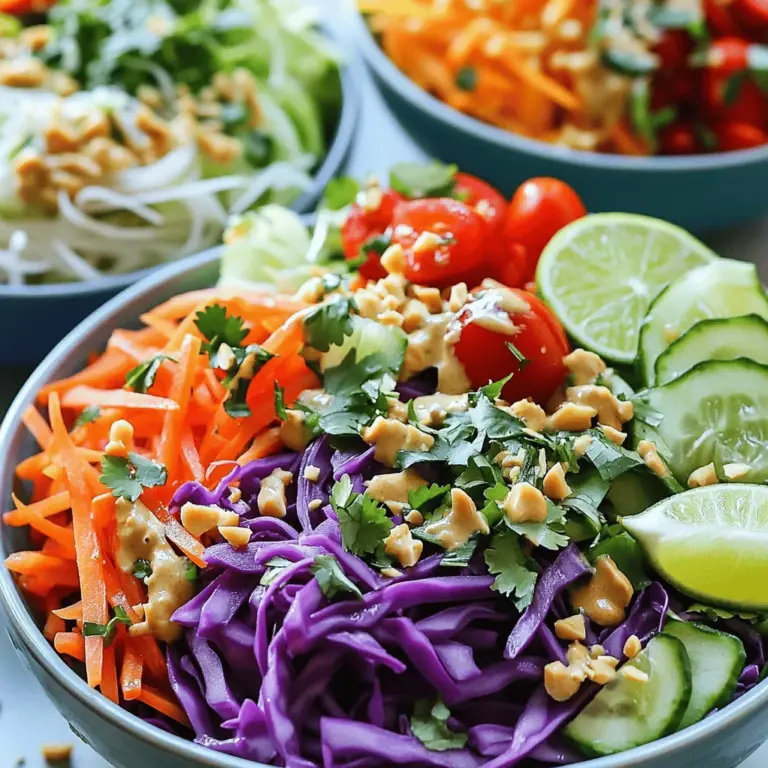 To make this vibrant salad, you need some key ingredients. Here’s what you’ll need: - 8 oz rice noodles - 1 cup purple cabbage, shredded - 1 carrot, julienned - 1 bell pepper (any color), thinly sliced - 1 cucumber, julienned - 1 cup cherry tomatoes, halved - 1/4 cup fresh cilantro, chopped - 1/4 cup peanuts, chopped (or cashews) - 1/4 cup green onions, chopped - 3 tablespoons peanut butter - 2 tablespoons soy sauce (or tamari for gluten-free) - 1 tablespoon lime juice - 1 tablespoon sesame oil - 1 teaspoon honey or agave syrup - 1 garlic clove, minced - Salt and pepper to taste These ingredients combine to create a fresh and colorful dish. The rice noodles serve as a delicious base. The veggies add crunch, color, and nutrients. The dressing ties everything together. You can boost the flavor of your salad with a few extras. Consider adding: - Sliced jalapeños for heat - Shredded carrots for extra crunch - Mint or basil for fresh herbs - Avocado for creaminess These optional ingredients can personalize your salad. They can enhance your dish and bring new tastes. If you don’t have an ingredient, don’t worry! Here are some easy swaps: - Use rice vermicelli instead of rice noodles. - Swap purple cabbage for green cabbage or lettuce. - Try sunflower seeds instead of peanuts or cashews. - Use almond butter if peanut butter isn’t available. These substitutions help you work with what you have. They ensure you can still enjoy a great meal. If you're curious about the full recipe, check it out for all the details! Start by cooking the rice noodles. Follow the package instructions closely for the best results. Once cooked, drain the noodles and rinse them under cold water. This stops the cooking and keeps them from sticking. Set the noodles aside while you prepare the veggies and dressing. Next, get your fresh vegetables ready. Take one cup of shredded purple cabbage. This adds a nice crunch and color. Julienne one carrot and one cucumber to give the salad a crisp texture. Thinly slice one bell pepper of your choice for flavor. Halve one cup of cherry tomatoes for sweetness. In a large mixing bowl, combine all these veggies. Toss them gently to mix well. Don’t forget to add the chopped cilantro, peanuts, and green onions for extra taste. Now, let’s make the creamy dressing. In a small bowl, whisk together three tablespoons of peanut butter and two tablespoons of soy sauce. Add one tablespoon of lime juice and one tablespoon of sesame oil. Mix in one teaspoon of honey or agave syrup, along with one minced garlic clove. Season with a pinch of salt and pepper. Keep whisking until the dressing is smooth and creamy. Once the dressing is ready, pour it over the mixed vegetables. Add the cold rice noodles and toss everything together. Make sure the noodles and veggies are well-coated. Let the salad sit for about ten minutes. This allows the flavors to blend together nicely. Taste the salad and adjust any seasoning if needed. For the full recipe, check the previous section. Enjoy your colorful and tasty Rainbow Crunch Thai Noodle Salad! To cook rice noodles just right, follow these steps: - Boil water in a pot. - Add the noodles and cook for about 3-5 minutes. - Stir often to prevent sticking. - Once tender, drain and rinse with cold water. This stops the cooking and keeps them firm. A little oil can help keep them from clumping. The dressing brings life to the salad. Here’s how to boost the flavor: - Add a splash of lime juice for zest. - Use fresh garlic for a stronger taste. - A pinch of chili flakes can add heat. - Try adding a bit of fish sauce for depth. Taste as you mix to find your favorite balance. Cutting veggies correctly makes the salad fun and easy to eat. Here’s how: - Shred the cabbage thinly for crunch. - Julienne carrots and cucumber for nice shapes. - Slice bell peppers thin for crisp bites. - Halve cherry tomatoes for sweetness. Keep all veggies fresh by washing them right before use. This helps maintain their color and crunch. For the full recipe, check the complete instructions above. {{image_2}} You can boost this salad with protein to make it heartier. Chicken, shrimp, or tofu work well. Cook your choice of protein and slice it thin. Toss the protein into the salad with the noodles and veggies. This adds flavor and makes the dish more filling. Try marinating the protein in soy sauce or lime juice for extra taste. If you want a vegetarian version, use tofu or tempeh. Both are great sources of protein. For a vegan option, skip honey and use agave syrup instead. You can also add chickpeas or edamame for more protein. These swaps keep the salad tasty and satisfying while sticking to your diet. You can change the veggies based on the season. In summer, try adding zucchini or radishes. In fall, use roasted butternut squash or sweet potatoes. For winter, consider adding kale or Brussels sprouts. Each season brings new flavors and colors, keeping your salad fresh and exciting. Just remember to keep the crunch for that perfect texture. For the full recipe, check the main article. Enjoy experimenting! To keep your Rainbow Crunch Thai Noodle Salad fresh, place it in the fridge. Use an airtight container to seal in flavors. This salad tastes best cold, so it’s great for leftovers. Make sure to store any extra dressing separately. This keeps the salad crunchy. I recommend using glass containers with tight lids. They help keep the salad fresh and let you see the colorful layers. If you prefer plastic, choose BPA-free containers. Avoid metal containers, as they can change the taste of the salad. You don’t need to reheat this salad. It is best served cold. If you like, add more fresh herbs or nuts just before serving. This will boost the crunch and flavor. If the salad seems dry, drizzle a bit of dressing on top. Enjoy this fresh dish any time! For more details, check the Full Recipe. Yes, you can make this salad ahead of time. I often prepare it a few hours before serving. This allows the flavors to mix well. Just store it in the fridge. Keep the dressing separate until you're ready to eat. This keeps the noodles and veggies crisp. The salad stays fresh for about three days in the fridge. After that, the veggies lose their crunch. For best taste, eat it within two days. If you notice any wilting, it’s time to toss it. This salad pairs well with grilled chicken or shrimp. You can also serve it with tofu for a vegetarian option. A side of spring rolls or a fruit salad enhances the meal. For a light touch, try serving it with a cold soup. This blog post covered all you need for Rainbow Crunch Thai Noodle Salad. You learned about essential and optional ingredients, plus substitutions. The step-by-step guide made cooking rice noodles and preparing fresh veggies easy. You also got tips for perfect noodles and flavorful seasonings. In the end, this salad is flexible and fun. You can store leftovers well and enjoy them later. Whether you’re aiming for a light meal or a side dish, this salad fits. Try it and make it your own!