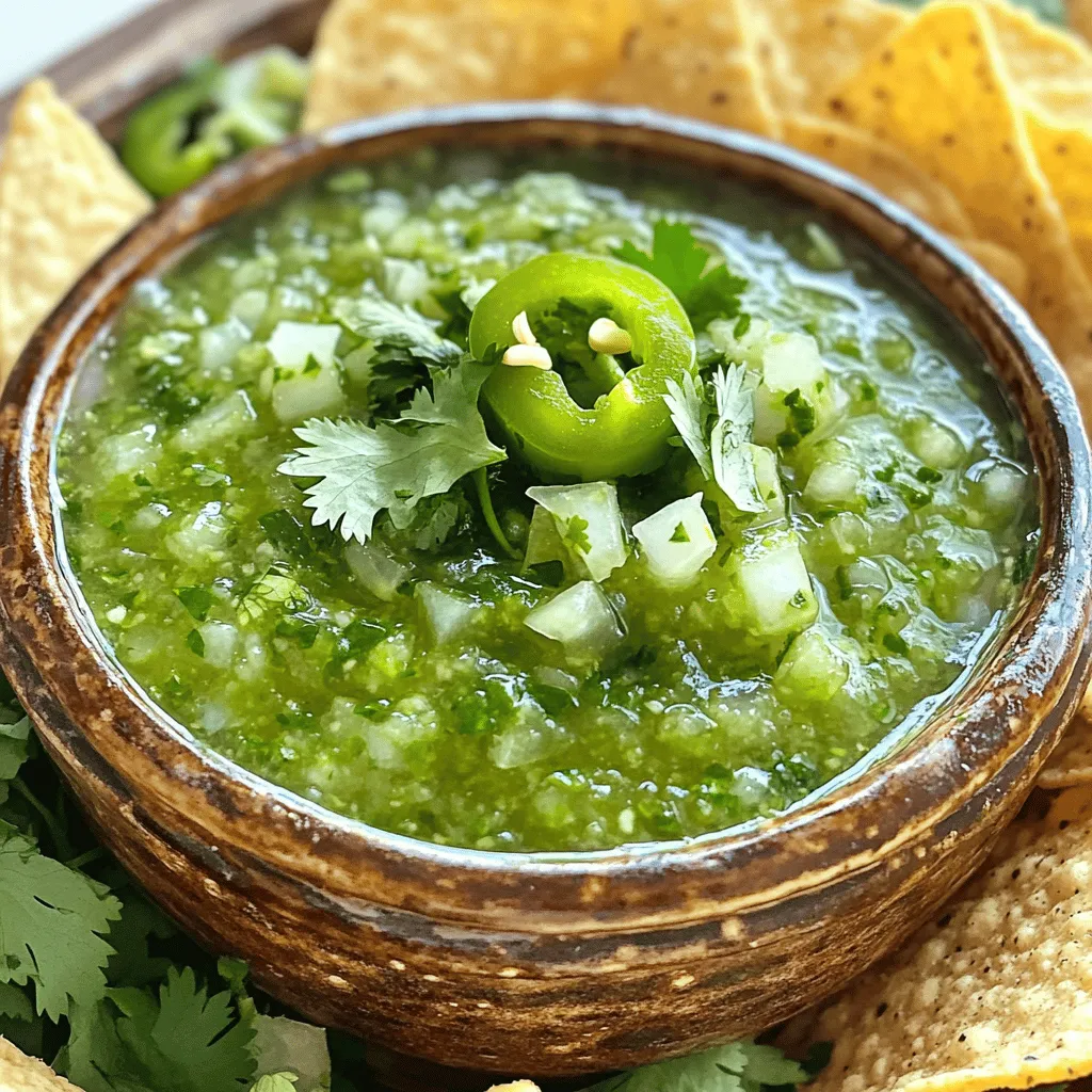 To make a fresh salsa verde, gather these simple ingredients: - 8 tomatillos, husked and quartered - 1 small onion, diced - 2 cloves garlic, minced - 1-2 jalapeño peppers, seeded and chopped - 1/2 cup fresh cilantro, chopped - Juice of 1 lime - Salt to taste - 1 tablespoon olive oil These ingredients mesh well together, creating a bright and zesty flavor. Tomatillos are key to that fresh taste. If you can't find tomatillos, you can use green tomatoes instead. They bring a similar tang. For onions, you can swap with shallots for a milder taste. If you want less heat, skip the jalapeños or use bell peppers. For a vegan option, use agave nectar instead of honey if you want a hint of sweetness. Feel free to add a splash of apple cider vinegar for extra zing. You can also toss in diced avocado for creaminess. If you love fruit, diced mango or pineapple can add a sweet twist. These options allow you to customize your salsa verde to your liking. Explore your palette and enjoy the process! Check out the Full Recipe for more details. To start, gather all your ingredients. You will need tomatillos, onion, garlic, jalapeños, cilantro, lime, salt, and olive oil. Husk and quarter the tomatillos. Dice the onion and mince the garlic. Seed and chop the jalapeños. This prep is key for a fresh salsa verde. Preheat your oven to 425°F (220°C). Line a baking sheet with parchment paper. Spread the quartered tomatillos on the sheet. Drizzle them with olive oil. Roast for 15-20 minutes until soft and slightly charred. This adds great flavor. In a skillet, heat over medium. Add the diced onion and sauté until it turns translucent, about 3-4 minutes. Then add the minced garlic. Cook for one more minute until it smells good. Now it’s time to blend! In a blender or food processor, add the roasted tomatillos, sautéed onion and garlic, chopped jalapeños, cilantro, lime juice, and salt. Blend until smooth. If you like it chunkier, pulse it a few times instead of blending completely. Taste and adjust salt or lime juice as needed. Transfer the salsa verde to a bowl. Refrigerate it for at least 30 minutes. This helps the flavors blend. Enjoy this fresh salsa verde with tortilla chips or on tacos! To make your salsa verde just right, you can change the spice level. Start with one jalapeño. If you want more heat, add another. You can also remove seeds from the jalapeño. This will make the salsa milder. For extra kick, try adding a dash of hot sauce. Fresh ingredients make a big difference. Use ripe tomatillos for the best taste. Roasting them brings out their natural sweetness. Add garlic and onion for depth. Don’t forget lime juice; it adds brightness. Fresh cilantro gives it a nice herbal note. If you want a twist, try adding avocado for creaminess. One common mistake is over-blending. Blend just enough to mix, but keep some texture. Another mistake is not seasoning enough. Always taste and adjust as needed. Don’t skip chilling the salsa. Letting it sit helps the flavors blend together. Lastly, avoid using old ingredients. Freshness is key for great salsa verde. For the full recipe, check out the detailed steps and ingredients! {{image_2}} You can add fruit to salsa verde for a unique twist. Pineapple, mango, or peach can bring sweetness. Start by adding 1 cup of diced fruit with your other ingredients. Blend until smooth. This fruity touch brightens the flavor and adds a fun twist. It's perfect for summer dishes or barbecues. Salsa verde can be as hot or mild as you like. For a mild version, use only one jalapeño or omit it altogether. For more heat, add two or more jalapeños or try serrano peppers. Remove the seeds for less heat. A great tip is to taste as you go. Adjust the spice level to suit your taste. Salsa verde varies by region. In Mexico, you might find versions with avocado or roasted vegetables. Some areas use green tomatoes instead of tomatillos. In the Southwest U.S., adding black beans or corn gives a hearty twist. You can experiment with herbs too. Swap cilantro with parsley or add mint for a fresh flavor. Each variation offers a new taste experience. Explore these options for a fun salsa verde adventure! Once you make your salsa verde, store it in an airtight container. This keeps it fresh and tasty. Place it in the fridge right after it cools. Salsa verde can last up to a week in the refrigerator. Always check for signs of spoilage, like a funny smell or off color. You can freeze salsa verde if you want to keep it longer. Use a freezer-safe container or a zip-top bag. Leave space at the top for expansion. Salsa verde can last up to three months in the freezer. When you are ready to use it, thaw it in the fridge overnight. Stir well before serving. Salsa verde tastes best fresh, but it can last. In the fridge, it stays good for about a week. In the freezer, it can last for three months. For the best taste, try to eat it within these times. Always taste before serving to ensure its freshness. To make salsa verde chunky, blend it less. After you mix the main ingredients, pulse a few times. This keeps some pieces whole. You can adjust the texture to your liking. If you want more bite, add extra chopped tomatillos or peppers after blending. Keep tasting until it’s just right for you. Yes, you can use canned tomatillos. They are convenient and still tasty. Rinse them well before use to remove extra salt. Canned tomatillos may give a softer texture. If you want a firmer salsa, use fresh tomatillos instead. The flavor may change a bit, but it will still work well in your dish. Salsa verde goes with many dishes. It works great with grilled meats like chicken or pork. You can use it as a dip for tortilla chips. It also makes tacos burst with flavor. For something different, drizzle it over roasted vegetables. This recipe is versatile and adds a fresh touch to any meal! You can find the full recipe above to create this delicious addition to your table. Homemade salsa verde is simple and fun to make. We covered the ingredients, substitutions, and add-ins. I shared tips for perfecting your salsa and avoiding common mistakes. You can also explore different variations to customize the flavor. Remember, the best salsa verde suits your taste. So, feel free to experiment. Whether you save it in the fridge or freezer, your salsa will add a kick to any meal. Enjoy your cooking, and savor every bite!