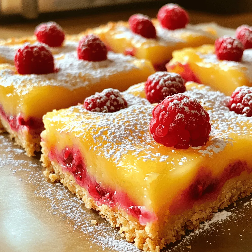 To make these tasty raspberry lemon bars, gather these ingredients: - 1/2 cup unsalted butter, melted - 1 cup all-purpose flour - 1/4 cup powdered sugar - 1/4 teaspoon salt - 1 cup fresh raspberries (or frozen, thawed) - 3 large eggs - 1 cup granulated sugar - 1/4 cup fresh lemon juice (about 2 lemons) - Zest of 1 lemon - 1/4 cup all-purpose flour (for the filling) - 1/4 teaspoon baking powder - Powdered sugar, for dusting You will need a few key tools to make these bars: - 8x8-inch baking dish - Mixing bowls - Whisk - Rubber spatula - Parchment paper or cooking spray - Sharp knife or pizza cutter Choosing the right raspberries is key. Here’s how: - Look for bright red berries. They should be firm and plump. - Check for any signs of mold or mushiness. Avoid these. - Smell the raspberries. They should have a sweet scent. - If possible, buy local or in-season for best flavor. Using fresh, ripe raspberries makes a big difference in taste. They will add that perfect balance of sweet and tart to your lemon bars. You can find the full recipe to guide you through the process. Start by preheating your oven to 350°F (175°C). This ensures even baking. Next, grease an 8x8-inch baking dish. You can also use parchment paper for easy removal later. In a mixing bowl, combine these ingredients: - 1/2 cup unsalted butter, melted - 1 cup all-purpose flour - 1/4 cup powdered sugar - 1/4 teaspoon salt Mix until it looks like crumbly dough. Press this dough evenly into the bottom of your dish. Bake for about 15 minutes, or until the edges turn lightly golden. Once baked, let it cool slightly before adding the filling. While the crust is cooling, it's time to prepare the filling. In a separate bowl, whisk together these ingredients until smooth: - 3 large eggs - 1 cup granulated sugar - 1/4 cup fresh lemon juice (about 2 lemons) - Zest of 1 lemon - 1/4 cup all-purpose flour (for the filling) - 1/4 teaspoon baking powder After mixing well, gently fold in 1 cup of raspberries. Be careful not to crush them too much. This mixture will create a sweet and tangy filling. Pour the lemon-raspberry filling over the pre-baked crust. Return it to the oven and bake for an additional 20 to 25 minutes. The filling should set but have a slight jiggle in the center. Once done, take it out and let it cool completely at room temperature. For the best results, refrigerate for at least 2 hours. This makes it easier to slice. Finally, dust the bars with powdered sugar before serving. You can find the Full Recipe for more details. To make the best raspberry lemon bars, focus on quality ingredients. Fresh lemons and ripe raspberries shine in this recipe. Always zest your lemons before juicing. The zest adds a bright flavor. Be sure to cool the crust before adding the filling. This step keeps the bars from getting soggy. When mixing the filling, whisk the eggs well. This helps create a smooth texture. Gently fold in the raspberries to keep them whole. One common mistake is overbaking the bars. They should have a slight jiggle in the center when done. If the edges get too dark, your bars may taste bitter. Avoid pressing the crust too hard into the dish. A light touch gives a fluffy texture. Using too much flour in the filling can make it dense. Always measure carefully. Lastly, don’t skip the cooling time. It helps the bars set properly and makes slicing easier. Raspberry lemon bars taste great on their own, but pair them with whipped cream for extra creaminess. A scoop of vanilla ice cream complements the tangy flavor. Serve them alongside a cup of tea or coffee for a delightful treat. You can also add fresh mint leaves for a pop of color and flavor. For the full recipe, check the previous section. {{image_2}} You can switch up the fruit in these bars. Try blueberries for a sweet twist. Blackberries work well too, adding a deep flavor. Strawberries can add a beautiful color and taste. If you like tropical flavors, mango or passion fruit can be fun options. All these fruits pair nicely with lemon's bright taste. If you want a gluten-free crust, use almond flour or oat flour. These flours give a nice texture. For a vegan option, swap the butter with coconut oil. You can use flax eggs instead of regular eggs. Mix 1 tablespoon of ground flaxseed with 3 tablespoons of water for each egg. This keeps the bars moist and tasty. To boost the flavor, add fresh herbs like mint or basil. These herbs can give a fresh twist. A pinch of ginger adds warmth and spice. You can also try a dash of cinnamon for a cozy note. Each of these will make your raspberry lemon bars unique and special. For the full recipe, check out [Full Recipe]. After making your raspberry lemon bars, you might have some left. To store them, place the bars in an airtight container. Keep them in the fridge for up to five days. This way, they stay fresh and tasty. If you want to enjoy them later, consider freezing them. Freezing is a great way to keep your bars for longer. First, let the bars cool completely. Then, cut them into squares. Wrap each square in plastic wrap. After that, put all the wrapped bars in a freezer-safe bag. They can last for up to three months in the freezer. When you're ready to eat, just thaw them in the fridge overnight. To reheat your raspberry lemon bars, you can use the microwave. Heat them for about 10-15 seconds. This will warm them up without making them soggy. You can also serve them cold straight from the fridge. Dust with powdered sugar before serving for a nice touch. For the full recipe, be sure to check the complete guide! Yes, you can use frozen raspberries. Just make sure to thaw them first. They may release more juice than fresh ones. This can make the bars a little wetter, but they will still taste great. I often use frozen raspberries when fresh ones aren't in season. They work well and save time. The bars are done when the filling is set but still has a slight jiggle in the center. You can also check the edges; they should look firm and slightly puffed. A toothpick inserted in the center can help too. If it comes out clean or with a few moist crumbs, your bars are ready! If you don’t have fresh lemon juice, you can use bottled juice. However, fresh juice gives a brighter taste. You can also use lime juice for a different flavor. Just keep the amount the same, about 1/4 cup. Always taste the mixture to ensure it has the right balance of sweet and tangy. For the full recipe, refer to the instructions above. You now know how to create delicious raspberry lemon bars. We covered the key ingredients, tools, and tips for choosing fresh raspberries. I walked you through each step, from making the crust to the finishing touches. Remember to avoid common mistakes for the best results. Feel free to try different fruit or crust options to suit your taste. Store leftovers properly to enjoy them later. With this guide, you can enjoy these tasty treats anytime. Happy baking!