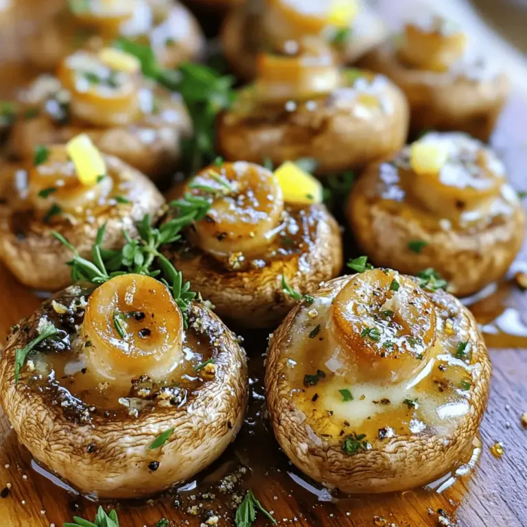 To make roasted garlic butter mushrooms, you need a few key items: - 500g button mushrooms, cleaned and stems trimmed - 4 cloves of garlic, minced - 4 tablespoons unsalted butter - 2 tablespoons olive oil - 1 teaspoon fresh thyme leaves (or ½ teaspoon dried thyme) - Salt and pepper to taste - A squeeze of fresh lemon juice These ingredients come together to create a rich, savory flavor. The mushrooms soak up garlic and butter, making every bite delicious. You can enhance the dish with some optional ingredients: - A pinch of red pepper flakes for heat - Chopped shallots for added sweetness - Grated Parmesan cheese for a cheesy touch Adding these items can give your mushrooms even more character. Don't be afraid to get creative! Don’t worry if you don’t have all the ingredients. Here are some easy swaps: - Use shiitake or cremini mushrooms instead of button mushrooms. - Swap unsalted butter for vegan butter for a dairy-free option. - Olive oil can be replaced with avocado oil. These substitutions can still yield tasty results. Just remember to keep the same cooking methods for the best flavor. You can find the [Full Recipe](#) to guide you through the process. Start by gathering your ingredients. You will need 500g of button mushrooms, 4 cloves of garlic, 4 tablespoons of unsalted butter, and 2 tablespoons of olive oil. Also, have fresh thyme and parsley ready. Don't forget salt, pepper, and a lemon. Next, clean the mushrooms and trim their stems. This step ensures they roast evenly. In a bowl, mix the cleaned mushrooms with olive oil, minced garlic, thyme, and a pinch of salt and pepper. Toss them until they are well coated. This blend will enhance the flavor during roasting. Now, preheat your oven to 400°F (200°C). While it heats, melt the butter in a small saucepan on low heat. Once melted, pour it over the seasoned mushrooms. Make sure they are evenly covered for a rich taste. Spread the mushrooms in a single layer on your baking sheet. This ensures they roast properly. Place them in the oven and roast for 15-20 minutes. Stir them occasionally to help them cook evenly. You will know they are ready when they turn tender and golden brown. Once done, take them out and add a squeeze of fresh lemon juice. This brightens the flavors. Transfer the mushrooms to a serving dish and sprinkle fresh parsley on top for a pop of color. For more tips and techniques, you can explore links on roasting vegetables or using herbs in cooking. Watching videos or reading articles can help you master these skills. Check out resources that focus on roasting methods to deepen your understanding. To boost the flavor of your roasted garlic butter mushrooms, try these tips: - Use fresh garlic for a strong aroma. - Add a splash of white wine for depth. - Experiment with herbs like rosemary or basil. - Finish with a sprinkle of cheese for richness. These small changes can make a big difference in taste. Avoid these common pitfalls when making your mushrooms: - Don’t crowd the baking sheet. This traps steam and makes them soggy. - Use low heat when melting butter. High heat can burn it. - Forgetting to toss the mushrooms halfway through roasting can lead to uneven cooking. By steering clear of these errors, you’ll achieve perfect results every time. Roasted garlic butter mushrooms shine as a side dish. They pair well with: - Grilled meats like steak or chicken. - Pasta dishes for a hearty meal. - A fresh green salad for balance. You can also serve them on toasted bread as a tasty appetizer. For the full recipe, check out the Roasted Garlic Butter Mushrooms🧄 section. {{image_2}} If you're vegan, don't worry! You can still enjoy these tasty mushrooms. Replace the butter with vegan margarine or coconut oil. The flavor will still shine through. Use the same steps from the recipe. You can also add a splash of soy sauce for extra depth. Want to elevate your dish? Add cheese! Goat cheese or feta crumbles work great. Mix them in right before serving. Fresh herbs like rosemary or basil also enhance flavor. You can even try a touch of balsamic glaze. It adds a sweet and tangy twist. These simple changes make your mushrooms gourmet. Mushrooms come in many types. Each type brings a unique taste. Try using shiitake or portobello mushrooms for a deeper flavor. In the fall, chanterelles or oyster mushrooms shine. They can change the whole dish. Just remember, cooking time may vary with different mushrooms. Keep an eye on them for that perfect roast. For the full recipe, check out the instructions above. To store your roasted garlic butter mushrooms, let them cool first. Place them in an airtight container. This keeps moisture out and helps them stay fresh. If you plan to eat them within a few days, they can stay in the fridge. Use them within 3 to 5 days for the best taste. When you want to enjoy your leftovers, reheat them gently. You can use a skillet on low heat. Add a tiny bit of butter or olive oil to help keep them moist. Stir often to heat them evenly. You can also use a microwave. Heat in short bursts to avoid overcooking. If you want to save your mushrooms for longer, freezing works well. Let them cool completely, then place them in a freezer-safe bag. Remove as much air as you can to prevent freezer burn. They can last up to 3 months in the freezer. When you are ready to eat, thaw them in the fridge overnight. You can then reheat them as mentioned earlier. For the full recipe, visit the Roasted Garlic Butter Mushrooms section. Mushrooms are low in calories and packed with nutrients. They provide vitamins like B and D. Mushrooms also contain minerals such as selenium and potassium. These nutrients help boost your immune system. They can also support heart health by lowering cholesterol. Eating mushrooms may even help with weight management due to their fiber content. Their antioxidants help fight free radicals in your body. So, adding mushrooms to your meals can be a smart choice for your health. Yes, you can use many types of mushrooms. Button mushrooms are common, but try cremini or shiitake for deeper flavors. Portobello mushrooms can add a meaty texture to dishes. Other options include oyster and enoki mushrooms. Each type brings its own taste and texture to the dish. Experimenting with different mushrooms can make each meal unique and fun. Just remember to adjust cooking times based on the size and type of mushrooms you choose. You can easily make roasted garlic butter mushrooms on the stovetop. Start by heating a large skillet over medium heat. Add olive oil and butter, letting them melt. Then, add the cleaned mushrooms and sauté them for about 5-7 minutes. Stir in minced garlic and thyme, cooking until the mushrooms are tender. You can season with salt, pepper, and lemon juice at the end. This method gives you a lovely, flavorful dish without needing an oven. For the full recipe, check out the Roasted Garlic Butter Mushrooms section. Roasted garlic butter mushrooms offer delicious flavors and easy preparation. We covered the key ingredients, cooking steps, and helpful tips. Remember to try variations like vegan options or gourmet twists to keep it interesting. Storing leftovers correctly can help you enjoy them longer. With this guide, you’re ready to create tasty mushrooms for any meal. Enjoy experimenting and impress your friends and family with these simple yet flavorful dishes!