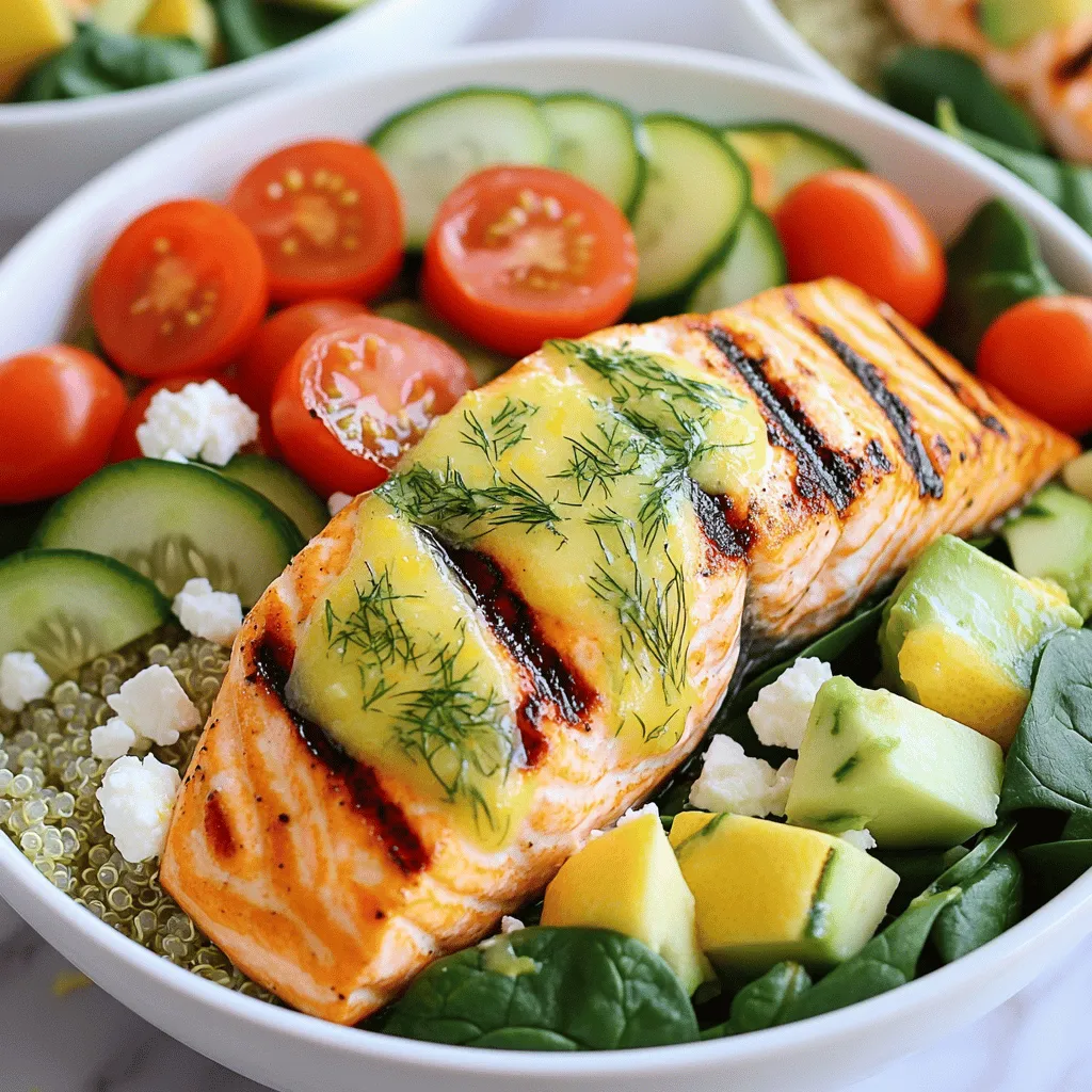 To make Zesty Lemon Dill Salmon Bowls, you will need these key items: - 2 salmon fillets - 2 tablespoons olive oil - Juice of 1 lemon - Zest of 1 lemon - 2 tablespoons fresh dill, chopped (plus more for garnish) - 1 teaspoon garlic powder - Salt and pepper to taste - 1 cup quinoa - 2 cups vegetable broth (or water) - 1 cup cherry tomatoes, halved - 1 avocado, sliced - 1 cucumber, diced - 1/4 cup feta cheese, crumbled (optional) - 2 cups baby spinach These ingredients work well together, giving you a fresh and zesty meal. The salmon shines with the bright flavors of lemon and dill. Quinoa adds a nice texture and protein boost. You can add a few optional ingredients to enhance the dish: - Capers for a briny kick - Red onion, thinly sliced - Bell peppers for crunch - A dash of hot sauce for heat These choices add depth and extra tastes to your bowls. Feel free to mix and match based on what you enjoy. Finishing touches can elevate your dish. Consider these fresh garnishes: - Extra dill for a pop of color - Lemon wedges for added zest - Microgreens for a fancy look - Sesame seeds for a nutty crunch These garnishes not only enhance the look but also add flavor. You can customize your dish to suit your taste. For the full recipe, check out the earlier section. Start by preheating your grill or skillet over medium-high heat. In a small bowl, mix olive oil, lemon juice, lemon zest, dill, garlic powder, salt, and pepper. This mix packs a punch! Brush it onto the salmon fillets. Make sure each fillet gets a good coat. Place the salmon on the grill or skillet. Cook for about 5-6 minutes per side. You want the salmon to flake easily. While the salmon cooks, rinse the quinoa under cold water in a fine mesh strainer. In a medium saucepan, combine the quinoa and vegetable broth. You can also use water if you prefer. Bring the mixture to a boil, then reduce the heat and cover. Let it simmer for about 15 minutes. When done, the liquid should be absorbed. Fluff the quinoa with a fork and add a pinch of salt to taste. To build your bowls, start with a layer of baby spinach. Then, add a scoop of the cooked quinoa on top. Place a salmon fillet in each bowl. Add halved cherry tomatoes, sliced avocado, and diced cucumber. If you like, sprinkle crumbled feta cheese on top. Finally, drizzle any leftover lemon-dill mix over everything. Garnish with more fresh dill for a pop of color and flavor. Enjoy your fresh and zesty meal! For detailed measurements and tips, check out the Full Recipe. To cook salmon just right, focus on timing. Salmon fillets need about 5-6 minutes per side. Use medium-high heat on your grill or skillet. When the salmon flakes easily with a fork, it’s done. Always brush the fillets with the lemon-dill mixture for extra flavor. This helps keep them moist and tasty. Rinse your quinoa before cooking. This removes any bitter taste. Use vegetable broth or water in a 1:2 ratio for cooking. Bring it to a boil, then lower the heat. Cover and simmer for about 15 minutes. After cooking, fluff it with a fork. This keeps the grains separate and light. Feel free to add more flavors! Consider tossing in some capers or olives for a briny taste. Fresh herbs like parsley or basil can brighten your dish. If you love spice, try adding a pinch of red pepper flakes. For crunch, top your bowls with nuts or seeds. You can check the Full Recipe for more ideas to elevate your meal. {{image_2}} You can swap salmon for other proteins. Chicken or shrimp works well. Both cook fast and absorb flavors nicely. Tofu is a great choice too. It adds protein and is friendly for plant-based diets. Just marinate it in the lemon-dill mixture before cooking. Feel free to change the veggies in your bowl. Bell peppers, zucchini, and asparagus are tasty options. Roasted carrots or sweet potatoes can add sweetness and depth. Just make sure to keep the colors bright for a beautiful meal. To make this dish vegan or vegetarian, replace salmon with hearty vegetables. Grilled eggplant or portobello mushrooms are great choices. For protein, add chickpeas or lentils. You can still use the lemon-dill mix for great flavor. Serve it all over quinoa and baby spinach for a filling meal. To keep your zesty lemon dill salmon bowls fresh, place leftovers in an airtight container. This helps stop air from spoiling the food. Store the container in the fridge. The salmon and quinoa stay good for up to three days. If you have extra veggies, add them just before eating for the best taste. When you want to enjoy your leftovers, reheat them gently. Use the microwave or a skillet. If using the microwave, warm it on medium power for about one minute. Check if it’s hot enough. If not, heat for another 30 seconds. For the skillet, heat it on low, stirring gently until warm. This method helps keep the salmon moist. You can freeze the salmon bowls if you want to save some for later. Place the cooled bowls in freezer-safe bags or containers. Be sure to remove as much air as possible. They can last up to three months in the freezer. To thaw, move them to the fridge overnight. You can also use a microwave on defrost setting for quicker results. Salmon lasts about 1 to 2 days in the fridge. Keep it in an airtight container. If it has a strong smell or changes color, throw it away. This ensures you eat safely. Freshness matters in flavor and health. So, always check before cooking. Yes, you can use frozen salmon! Just thaw it in the fridge overnight. Don’t use the microwave for defrosting, as it can cook the edges. Once thawed, follow the same steps in the recipe. The taste will still be great. Just ensure it’s well coated with the lemon-dill mix. If you don’t have quinoa, try rice or couscous. Both options cook quickly and taste great. For a healthy twist, use farro or barley. Each has a unique texture but complements the salmon well. Adjust cooking times as needed. Check the package for instructions. In this post, we explored how to make zesty lemon dill salmon bowls. We covered key ingredients for taste, step-by-step cooking, and tips for success. I shared variations for proteins and veggies, plus storage and reheating advice. This dish is delicious and flexible. You can make it your own easily. With these steps, you can create a meal that is fresh and flavorful. Enjoy your cooking!