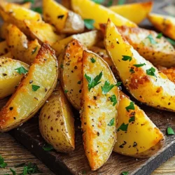 - 4 large russet potatoes - 3 tablespoons olive oil - 1 teaspoon garlic powder - 1 teaspoon paprika - 1 teaspoon onion powder - 1 teaspoon dried oregano - Salt and pepper to taste - Fresh parsley, chopped (for garnish) Russet potatoes are ideal for wedges. They have a high starch content, giving them a fluffy inside. Their skin is thick, which adds texture when baked. Other good options include Yukon Gold and red potatoes. Both have a nice flavor and hold their shape well. Seasonings bring your potato wedges to life. Garlic powder adds a rich taste, while paprika gives a hint of smokiness. Onion powder and oregano add depth and aroma. You can customize flavors easily. Try adding chili powder for heat or Parmesan cheese for a savory twist. Experiment with what you love! First, you need to wash the potatoes. Scrub them under cold water. This removes dirt and keeps them clean. I like to use a vegetable brush for this. Next, cut each potato into eight wedges. Keep the skin on for more flavor and crunch. Aim for even sizes. This helps them cook at the same rate. If you cut them too small, they may burn. If you cut them too big, they might stay soft inside. Now, let’s mix the marinade. In a large bowl, add three tablespoons of olive oil. Then, sprinkle in one teaspoon each of garlic powder, paprika, onion powder, and dried oregano. Don’t forget salt and pepper to taste! Mix these ingredients well until they blend into a smooth mix. An even coating is key for great flavor. This way, every wedge will have the same tasty seasoning. Next, it’s time to bake! Preheat your oven to 425°F (220°C). This temperature ensures the wedges turn crispy. Line a baking sheet with parchment paper for easy cleanup. Spread the potato wedges on the baking sheet. Make sure they are in a single layer. If they are too close together, they won’t crisp up. Bake them for 30 to 35 minutes. Flip them halfway to get an even golden brown color. After baking, let them sit for a few minutes. This helps them crisp up even more. Finally, garnish with fresh chopped parsley before serving. For the full recipe, check back to the ingredients section! To get the best crunch from your potato wedges, you need the right baking temperature. I recommend setting your oven to 425°F (220°C). This high heat helps to crisp the outside while keeping the inside fluffy. Flipping the wedges halfway through baking is key too. Use a spatula to turn them gently. This ensures all sides cook evenly. Don't rush this step; it makes a big difference in texture. Potato wedges are great on their own, but you can enhance them with some tasty dips. Try serving them with ketchup, ranch, or a spicy aioli. They add flavor and fun to your snack. For presentation, arrange the wedges on a large platter. Sprinkle chopped fresh parsley on top. This adds a pop of color and makes the dish look fancy. One common mistake is overcrowding the baking sheet. If the wedges are too close, they will steam instead of crisp. Make sure to spread them out evenly. Another mistake is not preheating the oven. Always preheat your oven to ensure the wedges start cooking at the right temperature. This step is crucial for that golden, crispy finish. {{image_2}} You can easily change the flavor of your crispy potato wedges. Here are two great ideas: - Spicy Cajun Twist: Mix in 1 teaspoon of cayenne pepper and 1 teaspoon of smoked paprika. This adds heat and depth to your wedges. It’s perfect for those who love a kick in every bite. - Italian Herb Blend: Use 1 teaspoon of dried basil, 1 teaspoon of dried thyme, and 1 teaspoon of garlic powder. This blend brings a savory and aromatic taste that pairs well with any meal. Dips can make your crispy potato wedges even better. Here are two simple recipes: - Homemade Ketchup: Combine 1 cup of tomato paste, 1 tablespoon of vinegar, and a pinch of salt. Mix well and adjust to your taste. This ketchup is fresher than store-bought and super easy to make. - Creamy Ranch Dip: Mix 1 cup of sour cream, 1 tablespoon of dried dill, and 1 teaspoon of garlic powder. Stir until smooth. This dip adds a cool and creamy touch that complements the warm wedges. Using an air fryer gives you crispy potato wedges with less oil. Here’s how to adjust the recipe: - Adjustments for Cooking in an Air Fryer: Cut your wedges smaller. This helps them cook faster and become crispier. Use about 2 tablespoons of oil in the marinade. - Cooking Time and Temperatures: Cook the wedges at 400°F (200°C) for 20-25 minutes. Shake the basket halfway through to ensure even cooking. Enjoy that crunch without all the fuss! For the full recipe, check out the Crispy Potato Wedges section. To keep your crispy potato wedges fresh, use an airtight container. Glass or plastic containers work well. Make sure the wedges cool down completely before you store them. This prevents moisture buildup, which can make them soggy. To enjoy your potato wedges again, reheat them in the oven. Set the oven to 400°F (200°C). Place the wedges on a baking sheet and heat for about 10–15 minutes. This method helps keep them crispy. Avoid using a microwave, as it can make them soft and chewy. You can freeze potato wedges for later use. To freeze them before baking, cut and season the wedges, then spread them on a baking sheet. Freeze until solid, then transfer to a freezer bag. For wedges baked already, let them cool completely and place in a freezer-safe container. To thaw, place them in the fridge overnight. Reheat in the oven as mentioned above for best results. Crispy potato wedges last about 3 to 5 days in the fridge. To keep them fresh, store them in an airtight container. If you want to keep them longer, you can freeze them. In the freezer, they can last up to 3 months. Just make sure to cool them completely before you freeze them. Yes, you can make these wedges ahead of time. For best results, prepare the wedges and store them in the fridge. You can also bake them in advance, then reheat when ready to serve. If you choose to pre-bake, let them cool first. This way, they won't get soggy in storage. Absolutely! You can use oils like vegetable, canola, or avocado oil. Each oil brings a unique flavor. For a richer taste, try using melted butter or a mix of olive oil and butter. Just remember, different oils may change the crispiness and flavor a bit. In this blog post, we explored how to make crispy potato wedges using simple ingredients. We discussed the best potatoes to choose, tips for seasonings, and easy steps for baking. I shared tricks for achieving maximum crispiness and serving ideas to make your wedges shine. Remember, you can customize flavors and discover fun variations. Making these wedges can be a fun, easy kitchen project. Enjoy your tasty creations, and don’t hesitate to experiment with your favorite flavors!