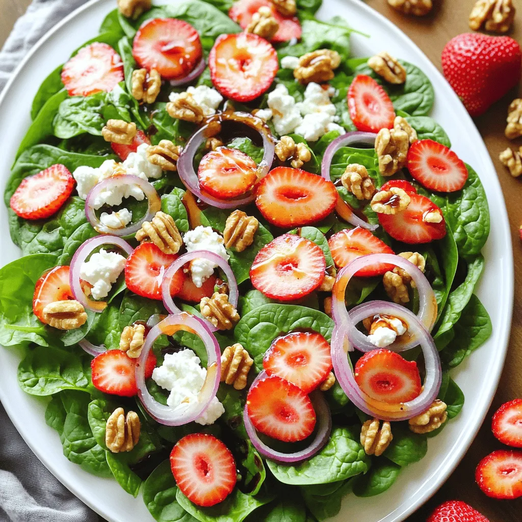 For this salad, fresh ingredients are key. Start with 4 cups of fresh baby spinach. Look for vibrant green leaves without any wilting. This spinach adds a nice crunch and a healthy boost. Next, choose 1 ½ cups of strawberries. They should be bright red, firm, and sweet. Avoid any that are mushy or have dark spots. These strawberries will bring a juicy, sweet flavor to the dish. You will also need ¼ cup of red onion, thinly sliced. Red onion adds a sharp taste that balances the sweetness of the strawberries. Just use enough to give flavor without overpowering the salad. For the creamy touch, I recommend ½ cup of crumbled goat cheese. You can choose plain or herbed goat cheese based on your taste. The creaminess of the cheese will blend well with the other ingredients. Next, prepare ¼ cup of walnuts. Toast them lightly in a pan to enhance their flavor. Roughly chop the walnuts so they mix well throughout the salad. This adds some crunch and a nice nutty taste. Now for the dressing. Use 2 tablespoons of balsamic vinegar. Choose a good quality vinegar for a richer flavor. It adds a tangy sweetness that works great with the salad. You will also need 2 tablespoons of honey. This sweetener complements the balsamic vinegar. If you want a different flavor, you can use maple syrup instead. Finally, grab 1 tablespoon of olive oil. Use a high-quality extra virgin olive oil for the best taste. This will help to bring all the flavors together. With these ingredients ready, you can create a delightful Strawberry Spinach Salad with Goat Cheese. Check out the Full Recipe to see how to put everything together! To start, take a large salad bowl. Add 4 cups of fresh baby spinach. Make sure the spinach is clean and dry. Next, toss in 1 ½ cups of sliced strawberries. The sweet berries add a bright flavor. Now, add ¼ cup of thinly sliced red onion. The onion brings a nice crunch. Finally, sprinkle in ¼ cup of toasted walnuts. These nuts add a rich, nutty taste. Mix all the ingredients gently until they are well combined. In a separate small bowl, combine 2 tablespoons of balsamic vinegar, 2 tablespoons of honey, and 1 tablespoon of olive oil. Use a whisk to mix the ingredients well. Whisking helps blend the flavors together. For the best smoothness, make sure to whisk until there are no lumps. If you want a thinner dressing, add a bit more olive oil. Now it is time to put everything together. Drizzle the dressing over the salad mix. Gently toss the salad to coat all the ingredients evenly. Be careful not to crush the strawberries. After the salad is tossed, add ½ cup of crumbled goat cheese on top. The creamy cheese adds a lovely taste. Season with salt and pepper to taste. Toss lightly again if needed. For a beautiful look, serve the salad on a large platter. You can garnish with extra strawberries and walnut halves for added flair. For the full recipe, check out the details above. To keep your salad fresh, wash and dry your spinach well. Rinse the leaves under cold water. Then, use a salad spinner to remove excess water. This step helps the dressing stick better and keeps your salad crisp. For strawberries, prepare them right before serving. Hull and slice them to keep them fresh and juicy. If you wash them in advance, make sure to dry them well. This prevents sogginess in the salad. You can enhance your salad with herbs and spices. Fresh mint or basil adds a nice touch. Just chop a few leaves and sprinkle them in. For a kick, consider a pinch of black pepper or a dash of cayenne. Adjust the sweetness and acidity to your taste. If you like it sweeter, add more honey. If you prefer a tangy flavor, increase the balsamic vinegar. Taste as you go to find your perfect balance. For a beautiful presentation, serve the salad on a large platter. This allows the bright colors of the spinach and strawberries to stand out. Garnish with extra strawberries and walnut halves for elegance. Pair this salad with grilled chicken or fish for a complete meal. It also goes well with a crisp white wine or sparkling water. Enjoy your delightful strawberry spinach salad! For the complete recipe, check out the Full Recipe. {{image_2}} You can change the cheese in this salad. Try feta for a saltier flavor. Or use blue cheese for a bolder taste. Each cheese adds a unique twist to the dish. You can also swap nuts. If you have nut allergies, use seeds instead. Sunflower seeds or pumpkin seeds work well. They add crunch without the nuts. As the seasons change, so can your salad! In summer, add peaches or blueberries. These fruits bring sweetness and color. In the fall, consider apples or pears. They give a crisp texture that pairs well with spinach. For holidays, think about pomegranate seeds. They add a festive touch and a pop of color. You can switch up the dressing to change the flavor. A creamy dressing can make the salad richer. Consider using ranch or a yogurt-based dressing. Both will coat the greens beautifully. If you prefer vinaigrettes, try different types. A citrus vinaigrette can brighten the taste. Or, a honey mustard dressing can add a sweet tang. For the full recipe, check out the Sweet & Savory Strawberry Spinach Salad. To store leftovers, place the salad in an airtight container. This keeps it fresh and tasty. If you have dressing left, store it separately. The salad lasts for about 2 to 3 days in the fridge. After that, the spinach may wilt and the strawberries may spoil. You can prep some parts in advance. Wash and dry the spinach a day ahead. Slice strawberries just before serving to keep them fresh. You can also chop walnuts and red onion in advance. To assemble, just mix the spinach, strawberries, and other ingredients in a bowl. Drizzle the dressing right before eating. This helps keep everything crisp and delightful. For the full recipe, check out the detailed instructions above. You can serve this salad with many dishes. Try grilled chicken or fish for protein. A warm quiche pairs well, too. For a lighter meal, serve it with a veggie soup. Breadsticks or garlic bread make great sides. If you want a full meal, add a rice or quinoa dish. These options balance the sweet and savory flavors of the salad. To make this salad vegan, you can substitute goat cheese with a plant-based cheese. Look for vegan feta or cashew cheese. Instead of honey, use maple syrup or agave nectar. Both options add sweetness without animal products. These swaps keep the flavors bright and tasty while meeting vegan diets. Yes, you can prep this salad in advance, but do it carefully. Wash and dry the spinach and strawberries ahead of time. Keep the dressing separate until serving. This helps keep the salad fresh and crisp. Assemble the salad just before you eat. If you want to save time, you can chop the red onion and walnuts ahead, too. This blog post provided a detailed guide for your Strawberry Spinach Salad. We covered ingredients, from fresh produce to dressing components. I shared step-by-step instructions for preparing the salad and offered tips for freshness and flavor. You also found variations to fit your needs and how to store leftovers. With these insights, you can create a delicious salad that delights your taste buds. Enjoy your cooking, and don't hesitate to try new combinations! Your salad journey starts now.