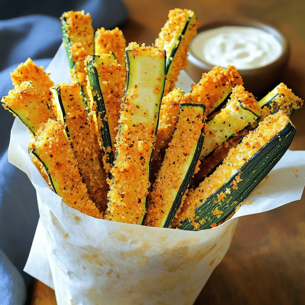 - 2 medium zucchinis, cut into thick strips - 1 cup breadcrumbs (preferably panko for extra crunch) - ½ cup grated Parmesan cheese - 1 teaspoon garlic powder - ½ teaspoon onion powder - ½ teaspoon smoked paprika - ½ teaspoon cayenne pepper (adjust for spice preference) - 1 large egg - Salt and pepper to taste - Olive oil spray Health benefits of zucchini Zucchini is low in calories and high in vitamins. It is a great source of fiber. This helps with digestion and keeps you full longer. Zucchini is also rich in antioxidants. These protect your body from damage. Importance of breadcrumbs for texture Breadcrumbs give the fries a crispy and crunchy texture. Using panko makes them even crunchier. Panko breadcrumbs are lighter and airier than regular ones. This helps create that perfect fry crunch. Flavor profiles of garlic and Parmesan Garlic adds a bold flavor that warms the dish. It pairs well with the salty, nutty taste of Parmesan. Together, they create a savory mix that makes every bite delicious. The spices add heat and depth to the flavor too. For the complete recipe, check out the [Full Recipe]. - Preheat your oven to 425°F (220°C) and prepare the baking sheet. Line it with parchment paper to avoid sticking. This makes cleanup easy. - In a shallow dish, combine the breadcrumbs, grated Parmesan cheese, garlic powder, onion powder, smoked paprika, cayenne pepper, salt, and pepper. Mix well to combine. This will be the flavorful coating for your fries. - For the egg dipping technique, beat one large egg in a separate dish. This will help the breadcrumbs stick to the zucchini. Dip each zucchini strip into the egg, letting any extra drip off. - Best practices for coating with the breadcrumb mix are essential. After dipping in the egg, roll the zucchini in the breadcrumb mixture. Press gently to ensure it sticks. The more you press, the crunchier your fries will be. - Bake the zucchini fries for 20-25 minutes at 425°F (220°C). Check for a golden brown color and crispiness. - Flipping the fries halfway through baking is important for even crispiness. This helps each side get that perfect crunch. Enjoy the aroma while they bake! For the complete process, check the Full Recipe to ensure you miss no detail. To get the best crunch from your spicy garlic Parmesan zucchini fries, use panko breadcrumbs. Panko is lighter and airier than regular breadcrumbs. This texture allows for more air during baking, giving you that perfect crispiness. Also, don't skip the olive oil spray. A light spray helps the fries brown evenly. It’s like giving them a little hug of moisture while they cook. This step is crucial for keeping them crunchy. You can boost the flavor of your zucchini fries by adding herbs or spices. Consider mixing in dried oregano or chili flakes. These additions give your fries a unique twist. You can even switch up the dipping sauces. Try ranch for a classic combo or spicy aioli for a kick. One common mistake is overcrowding the baking sheet. If the fries touch each other, they won't crisp up. Make sure to space them out. Another mistake is skipping the egg wash. The egg helps the breadcrumb mixture stick. Without it, your fries may end up bare and soggy. Always dip them in the egg first for the best coating. {{image_2}} You can mix things up with seasonal swaps. Instead of zucchini, try yellow squash. It has a similar texture and flavor. You can also use carrots or eggplant for a fun twist. If you need a gluten-free option, substitute regular breadcrumbs. Use almond flour or gluten-free breadcrumbs instead. These swaps keep the recipe tasty and fresh. To boost flavor, consider different cheese varieties. Cheddar adds a sharp note, while feta brings a tangy taste. You can also experiment with spices. Try adding Italian herbs like oregano or basil. A sprinkle of chili powder can kick up the heat. These tweaks keep your taste buds excited. Zucchini fries pair well with salads. A fresh green salad balances the crunch. They also complement main courses like grilled chicken or fish. For a fun presentation, serve them in a cone or a basket. Line the basket with parchment paper for a casual look. Don’t forget a dipping sauce! Ranch or spicy aioli enhances the flavor. Check out the Full Recipe for more great serving ideas! To keep your spicy garlic Parmesan zucchini fries fresh, use airtight containers. Glass or plastic containers work well. Make sure they cool completely before sealing. This helps stop moisture buildup. Store them in the fridge. They stay good for about 2 to 3 days. However, for the best taste, eat them sooner. Reheating is key to keeping that crunch. The oven is the best choice for reheating. Preheat it to 375°F (190°C). Place the fries on a baking sheet. Heat them for 10 to 15 minutes. This keeps them crispy. You can also use a microwave but be careful. It can make them soggy. If you must use the microwave, try a few seconds on high heat. To freeze your zucchini fries, first, let them cool. Arrange them on a baking sheet in a single layer. Freeze them for about an hour. Once frozen, transfer them to a freezer bag. Remove as much air as possible. They can stay in the freezer for up to 3 months. When ready to eat, thaw them in the fridge overnight. Reheat in the oven for the best texture. Enjoy your fries just like fresh! For the full recipe, check out the details above. To keep your zucchini fries crispy, start by removing excess moisture. Here are some tips: - Salt the zucchini: Sprinkle salt on the cut zucchini. Let them sit for about 15 minutes to draw out moisture. - Pat dry: After salting, use a paper towel to blot away any liquid. - Use panko breadcrumbs: These are lighter and create a crispier texture than regular breadcrumbs. - Bake on a wire rack: Placing the fries on a wire rack allows air to circulate, preventing sogginess. These steps help ensure your Spicy Garlic Parmesan Zucchini Fries stay crunchy and delicious. Yes, you can prepare zucchini fries in advance. Here’s how: - Prep and coat: Follow the coating steps from the Full Recipe. - Store uncooked fries: Place coated fries on a baking sheet. Cover with plastic wrap and refrigerate for up to 2 hours. - Freezing option: For longer storage, freeze the uncooked fries on a baking sheet. Once frozen, transfer them to a freezer bag. They can last up to 3 months. When ready to cook, bake from frozen. Just add a few extra minutes to the baking time. Zucchini fries pair well with various dishes and dips. Here are some great options: - Dips: Serve with ranch dressing, spicy aioli, or marinara sauce for dipping. - Salads: Pair them with a fresh salad, like a Caesar or Greek salad. - Main courses: They complement grilled chicken, fish tacos, or burgers nicely. These sides enhance your meal and make it more satisfying. This blog post covered everything you need to make tasty Spicy Garlic Parmesan Zucchini Fries. We explored key ingredients, their health benefits, and the step-by-step process. You learned tips for crispiness, flavor enhancements, and common mistakes to avoid. Remember, trial and error will help you find your perfect version. Experiment with different flavors and serve the fries with your favorite dips. Enjoy your cooking journey and impress your friends with this delicious treat!