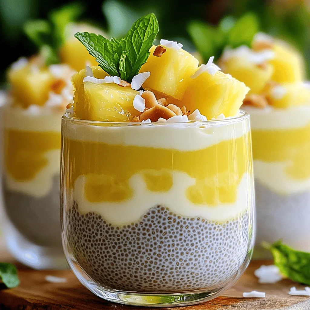 - 1 cup coconut milk (canned or carton) - 1 cup pineapple juice (fresh or from a can) - 1/4 cup chia seeds - 2 tablespoons maple syrup (or honey) - 1/4 teaspoon vanilla extract - Pinch of salt - Fresh pineapple chunks (for topping) - Toasted coconut flakes (for garnish) - Mint leaves (for garnish) You can switch sweeteners if you prefer. Honey and agave syrup work well. For coconut milk, you can use full-fat or light versions. Each gives a different taste and texture. If you don’t have chia seeds, flaxseeds are a good substitute. They will change the texture but still taste great. This recipe is all about balance. Use the right amount of each ingredient for the best flavor. Coconut milk adds creaminess, while pineapple juice gives a sweet, tangy kick. Chia seeds provide a nice, pudding-like texture. The maple syrup adds sweetness, but you can skip it if you prefer. Just remember, the more you customize, the more you create your own tasty version! For the full recipe, check the section mentioned earlier. Enjoy making this delicious treat! 1. In a bowl, mix 1 cup coconut milk and 1 cup pineapple juice. 2. Whisk until the mix is smooth. 3. Add 1/4 cup chia seeds, 2 tablespoons maple syrup, 1/4 teaspoon vanilla extract, and a pinch of salt. 4. Stir well to ensure the chia seeds spread evenly. 5. Cover the bowl and place it in the fridge for at least 4 hours or overnight. Chilling is key for this pudding. This time helps the chia seeds absorb the liquid. Here are some tips: - Chilling Time: Let it sit for at least 4 hours. Overnight is best for a thick texture. - Adjusting Consistency: After chilling, if it's too thick, add a splash of coconut milk or pineapple juice. Stir until you reach your desired texture. - Importance of Refrigeration: Refrigeration helps the chia seeds swell and form a pudding-like consistency. This step is crucial for the right texture. For the full recipe, check out the detailed instructions above. Enjoy making this tropical delight! To get the right thickness for your pudding, adjust the liquid. If your pudding feels too thick, add a splash of coconut milk or pineapple juice. Mix it in slowly. This helps reach your desired consistency without losing flavor. Stirring is key. Use a whisk or spoon to mix well. This ensures even distribution of chia seeds. Visual appeal matters in food. Layer your chia pudding with fresh pineapple chunks. Use clear cups to show off the colors. This makes your dish look inviting. For serving, choose bowls or glasses that showcase your layers. Garnish your pudding with toasted coconut flakes. A few mint leaves add a pop of color and freshness. These small touches enhance the overall look and taste. For the full recipe, check the details above. {{image_2}} You can easily mix up the flavors in your pineapple coconut chia pudding. Here are some fun ideas: - Adding other fruits: Try mixing in mango or berries. They add natural sweetness and color. You can use fresh or frozen fruits. Just chop them up and fold them in after the pudding sets. - Incorporating flavors: A splash of lime juice can brighten the dish. Ginger adds a warm zing. Grate fresh ginger or use ground ginger for a spicy kick. These variations keep your chia pudding exciting and delicious! You can adjust this recipe to fit your dietary needs. Here are some options: - Vegan options: Use plant-based sweeteners like agave syrup. This keeps it vegan-friendly while still tasty. - Gluten-free considerations: This recipe is naturally gluten-free. Just check your ingredients to ensure they meet your needs. These changes help you enjoy chia pudding no matter your diet! To keep your pineapple coconut chia pudding fresh, use airtight containers. Glass jars work great because they do not absorb odors. You can also use plastic containers if they seal well. Store the pudding in the fridge. It lasts for up to five days. After five days, the texture may change, and it might not taste as good. If you want to store it longer, consider freezing the pudding. Pour the pudding into a freezer-safe container. Leave some space at the top. The texture may change a little after freezing, but it will still be tasty. To thaw, move it to the fridge overnight. Stir it well before serving. If it seems too thick, add a splash of coconut milk or pineapple juice to get your desired consistency. Enjoy your delicious treat! For the full recipe, check out the Pineapple Coconut Chia Pudding 🥥 recipe above. Can I make this recipe in advance? Yes, you can make this recipe ahead of time. It tastes even better after chilling overnight. This gives the chia seeds time to soak up the liquid. You can store it in the fridge for up to five days. What are the health benefits of chia seeds? Chia seeds are tiny powerhouses. They are rich in fiber, protein, and omega-3 fatty acids. They help keep you full and support a healthy heart. Plus, they are great for digestion. How do I adjust the recipe for larger servings? To serve more people, just double or triple the recipe. Make sure to keep the same ratios. For example, if you use two cups of coconut milk, use two cups of pineapple juice and so on. This way, everyone can enjoy this tasty treat! What type of coconut milk is best? You can use either canned or carton coconut milk. Canned coconut milk gives a creamier texture, while carton coconut milk is lighter. Choose based on your taste or what you have on hand. Can I use fresh pineapple instead of canned juice? Yes, fresh pineapple is a great choice! Just blend it until smooth. It will add a fresh flavor to your pudding. This makes it even more delicious. Is it necessary to sweeten the pudding? Sweetening is up to you! Maple syrup or honey adds flavor, but it is not required. If you prefer unsweetened, you can skip it. The natural sweetness from the pineapple juice may be enough for you. In this blog post, we explored how to make a delicious pineapple coconut chia pudding. We covered essential ingredients and detailed step-by-step instructions. Tips for perfecting consistency and presentation make this recipe even better. I shared ideas for flavor and dietary variations, plus storage tips. This pudding is tasty and fresh, and it offers healthy benefits. You can keep experimenting with the recipe to make it your own. Enjoy your pudding creation!