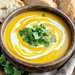 - 1 medium butternut squash, peeled and cubed - 1 tablespoon olive oil - 1 onion, chopped - 3 cloves garlic, minced - 1 teaspoon ground cumin - 1 teaspoon ground ginger - 4 cups vegetable broth - 1 can (13.5 oz) coconut milk - Salt and pepper to taste - Freshly chopped cilantro for garnish The key to a great roasted butternut squash soup is fresh ingredients. The butternut squash offers a sweet, nutty flavor that shines when roasted. Olive oil helps the squash caramelize, bringing out its natural sweetness. Onions and garlic add depth. Spices like cumin and ginger give warmth and a little kick. Vegetable broth makes the soup rich and savory, while coconut milk adds creaminess. Each ingredient plays a role in building flavor. Remember, quality matters. Choose fresh, organic items when you can. This will enhance the taste and nutrition of your soup. - Calories per serving: About 250 - Nutritional benefits of ingredients: - Butternut squash is high in vitamins A and C. - Coconut milk provides healthy fats. - Garlic boosts the immune system. - Onions have anti-inflammatory properties. This soup not only warms you up but also nourishes you. It's a wholesome meal that fits well into any diet. - Baking sheet - Large pot - Immersion blender or countertop blender Having the right tools makes cooking easier. A baking sheet helps roast the squash evenly. A large pot lets you cook the soup without spills. An immersion blender or countertop blender smooths the soup to perfection. Gather these items before you start. This way, you can focus on enjoying the cooking process. For the full recipe, check out the details above. - Preheat your oven to 400°F (200°C). - Peel and cube the butternut squash. Toss it with olive oil, salt, and pepper on a baking sheet. Spread the pieces out in a single layer. This helps them roast evenly. - Roast the squash for 25-30 minutes. It should be tender and slightly caramelized. Turn the squash halfway through cooking for even browning. - In a large pot, add a splash of olive oil over medium heat. Sauté the chopped onion until it turns translucent, about 5-7 minutes. This adds a nice depth of flavor. - Add minced garlic, ground cumin, and ground ginger to the pot. Cook for 1-2 minutes until the spices are fragrant. This step builds a warm and inviting base for your soup. - Once the squash is roasted, transfer it to the pot with the sautéed onion and spices. Pour in the vegetable broth and bring it to a boil. Then reduce the heat and let it simmer for about 10 minutes. This allows the flavors to meld together nicely. - Using an immersion blender, blend the soup until it's smooth. You can also use a countertop blender in batches if needed. - Stir in the coconut milk and heat through. This adds creaminess and richness to the soup. - Adjust the seasoning with salt and pepper to taste. You want to make sure the flavors pop! To achieve perfect caramelization, I recommend cutting the butternut squash into even cubes. This helps them cook evenly. Toss them in olive oil, salt, and pepper. Even spacing on the baking sheet is key. If the pieces touch, they will steam instead of roast. Aim for a single layer. Spices can elevate your soup. Consider adding a pinch of nutmeg or a dash of cayenne for heat. Fresh herbs like thyme or sage can add depth. For a fun twist, top the soup with roasted pumpkin seeds or a drizzle of balsamic glaze. Pair your soup with crusty bread for a hearty meal. Serve it in warm bowls to keep it cozy. A swirl of coconut milk on top makes a lovely presentation. Don't forget to sprinkle freshly chopped cilantro for color and flavor. Enjoy! {{image_2}} You can switch coconut milk for heavy cream. This adds a rich, creamy taste. If you want to cut fat, try low-fat milk. You can also use nut milk like almond or cashew. Each adds a unique twist. You can mix in other veggies too. Carrots or sweet potatoes work great. They can add sweetness and depth. Just roast them alongside the squash for best results. This makes your soup more colorful and tasty. If you want a vegan option, use vegetable broth and coconut milk. This keeps your soup plant-based and creamy. For gluten-free needs, check that your broth is gluten-free. Most brands are safe. If you're watching carbs, skip the potatoes. Use more squash instead. This keeps the soup low-carb while still hearty. You can play with the soup's flavor. For a sweeter taste, add a touch of maple syrup. It pairs well with the squash. If you're after a savory soup, add more spices. Try smoked paprika or a pinch of nutmeg. You can also add some heat. Toss in a bit of chili or cayenne pepper. This gives your soup a delightful kick. Just start with a small amount and taste as you go. For the full recipe, check out the details above. Store your roasted butternut squash soup in an airtight container in the fridge. Let it cool before sealing. This helps keep it fresh. The soup lasts about five days. Always check for signs of spoilage before eating. You can freeze this soup for longer storage. Pour the cooled soup into freezer-friendly containers. Leave some space at the top, as liquids expand when frozen. The soup freezes well for up to three months. To thaw, place the container in the fridge overnight. You can also use the microwave for quick thawing. When ready, reheat the soup on the stove. Stir often for even heating. This soup is great for batch cooking. Make a large pot and store it for later. Use freezer-friendly containers that seal well. Label each container with the date. This way, you know how long it has been stored. Yes, you can make roasted butternut squash soup ahead of time. It stores well in the fridge for about three to five days. Just let the soup cool down before putting it in a container. When you are ready to eat, reheat it on the stove or in the microwave. The flavors will deepen, making it even better. For longer storage, you can freeze the soup for up to three months. Just remember to leave some space in the container, as the soup will expand when frozen. To spice up your roasted butternut squash soup, you have a few options. You can add a pinch of cayenne pepper or red pepper flakes to the soup while cooking. This will give it a nice kick. Also, consider adding fresh chopped chili peppers when you sauté the onions. If you like a warm flavor, try adding smoked paprika. These spices will enhance the overall taste while making it more exciting. Roasted butternut squash soup pairs wonderfully with many dishes. You can serve it with warm, crusty bread for dipping. A simple green salad with a light dressing works great, too. For a heartier meal, add a grilled cheese sandwich or a side of quinoa. To make it fancy, you can top the soup with toasted pumpkin seeds or a drizzle of balsamic glaze. These additions add texture and flavor, making your meal even more enjoyable. For the complete cooking process, check the Full Recipe. In this blog post, we explored how to make delicious roasted butternut squash soup. We covered the key ingredients, equipment needed, and step-by-step instructions. You learned about tips for perfect roasting and flavor enhancements. I also shared variations to fit different diets and tastes. Remember, this soup is versatile and packed with nutrients. Enjoy experimenting and making it your own. With the right techniques, your soup will impress everyone at the table. Happy cooking!
