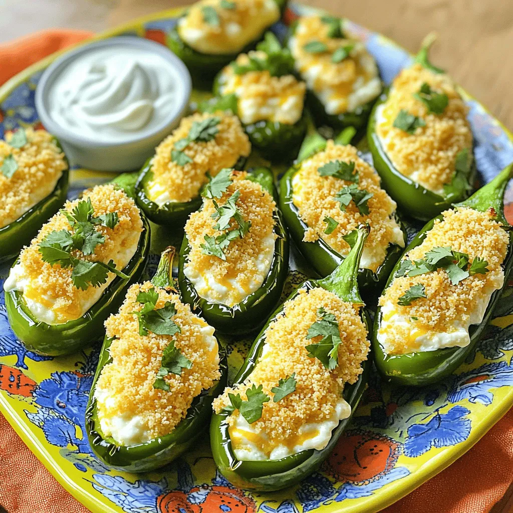 To make baked jalapeño poppers, you need a few tasty items. Here’s what you’ll need: - 12 large jalapeño peppers - 8 oz cream cheese, softened - 1 cup shredded sharp cheddar cheese - 1/2 cup grated Parmesan cheese - 2 cloves garlic, minced - 1 teaspoon smoked paprika - 1/2 teaspoon cumin - 1/4 teaspoon cayenne pepper (adjust for spice preference) - Salt and pepper to taste - 1 cup breadcrumbs (panko for extra crunch) - Olive oil for drizzling These ingredients come together to create a creamy, cheesy filling. The jalapeños add a nice kick to every bite. You can adjust the recipe to fit your taste. Here are some fun ideas: - Add cooked bacon bits for extra flavor. - Try different cheeses like pepper jack or goat cheese. - Mix in chopped green onions or herbs for a fresh touch. - Use different spices like chili powder or oregano for a unique twist. Feel free to get creative! Each change can give your poppers a new spin. Baked jalapeño poppers can be a tasty snack. Here’s a quick look at the nutrition per serving: - Calories: About 250 - Protein: 10g - Fat: 18g - Carbohydrates: 15g - Fiber: 1g - Sugar: 2g These numbers can change based on your ingredient choices. If you swap in lighter cheeses or skip the breadcrumbs, you can make them healthier. Always check your ingredients to stay on track with your dietary needs. For the full recipe, check out the recipe section above and enjoy making these delicious poppers! First, gather all your ingredients. You need 12 large jalapeño peppers, cream cheese, cheddar cheese, and more. Start by preheating your oven to 375°F (190°C). Next, slice each jalapeño in half lengthwise. Remove the seeds and membranes. If you want a milder flavor, take out all the seeds. For more heat, leave some inside. In a bowl, mix the softened cream cheese, shredded cheddar, grated Parmesan, minced garlic, smoked paprika, cumin, and cayenne pepper. Don’t forget to add salt and pepper to taste. Stir until everything is well combined. Now, use a spoon or a piping bag to fill each jalapeño half with this cheesy mixture. Place the filled jalapeños in a baking dish with the cut side facing up. This helps the cheese stay inside. Sprinkle panko breadcrumbs on top for a crunchy finish. Drizzle a little olive oil over the breadcrumbs. This will help them crisp up nicely. Now, bake the jalapeños in the preheated oven for 20 to 25 minutes. Keep an eye on them. You want the cheese to be bubbly and the breadcrumbs to turn golden brown. Once they look perfect, take them out and let them cool for a few minutes before serving. To get the best results, use fresh ingredients. They make a big difference in flavor. If you like extra crunch, try using panko breadcrumbs. They add great texture. You can also adjust the spice by changing the amount of cayenne pepper. For a fun twist, serve your poppers with a dipping sauce, like ranch or sour cream. This adds a nice contrast to the heat. For those who love color, garnish with fresh cilantro. This not only looks good but also adds fresh flavor. Enjoy your delicious snack! You can find the full recipe in the article. When you handle jalapeños, wear gloves. This keeps the oils off your skin. If you forget, wash your hands well. These peppers can cause irritation. Cut them carefully. Slice them lengthwise and remove seeds for less heat. If you want spice, leave some seeds in. To boost the taste, mix spices into the cheese. Smoked paprika gives a nice kick. Cumin adds warmth, and garlic brings depth. You can also try adding herbs like cilantro or chives. For a tangy twist, add a splash of lime juice. These small changes make a big difference. For the best texture, use panko breadcrumbs. They give a nice crunch. Drizzle olive oil over the tops before baking. This helps them crisp up. Bake until the cheese bubbles and the breadcrumbs turn golden. Let them cool for a few minutes before serving to keep the filling intact. If you want more crunch, broil for a minute at the end. Enjoy these tips to make your baked jalapeño poppers shine. For the full recipe, check out the earlier section. {{image_2}} You can easily make jalapeño poppers vegetarian. Instead of cheese, use a mix of beans and spices. Try black beans with garlic, cumin, and lime juice. For a vegan option, swap cream cheese for cashew cheese or tofu. Both options taste great and still pack a flavorful punch. Adjust the spice level to suit your taste. For mild jalapeño poppers, remove all seeds and membranes. This makes them less spicy. If you love heat, add more cayenne pepper to the filling. You can also mix in hot sauce or use spicy cheese for extra kick. Get creative with your fillings to make your poppers stand out. You can add cooked bacon or sausage for a savory touch. For something sweet, try diced pineapples or mango. You can also mix in herbs like cilantro or chives for fresh flavor. Explore different combinations to find your favorite. For the full recipe, check out the details above. To store leftover jalapeño poppers, let them cool first. Place them in an airtight container. Keep them in the fridge for up to three days. If you want to keep them longer, freezing is a great option. To freeze jalapeño poppers, first cool them completely. Arrange them in a single layer on a baking sheet. Freeze them until solid, about two hours. Once frozen, transfer them to a freezer bag. Write the date on the bag. They can last for up to three months in the freezer. When you’re ready to enjoy your jalapeño poppers again, preheat your oven to 375°F. Place the poppers on a baking sheet. Bake for about 15-20 minutes until heated through. For extra crunch, you can add a few more breadcrumbs before reheating. Enjoy them warm for the best flavor! For the full recipe, check the details above. Baked jalapeño poppers are spicy snacks filled with creamy cheese. You slice jalapeños in half, remove seeds, and fill them with a cheese mixture. The mixture usually has cream cheese, cheddar, and spices. After filling, you bake them until golden and bubbly. They are crunchy on the outside and creamy on the inside, making them a perfect treat for parties or game nights. Yes, you can prepare jalapeño poppers ahead of time. Make the cheese filling and stuff the jalapeños. Then, cover them with foil and store in the fridge. They will last up to two days. When ready to eat, just bake them as normal. This makes it easier to serve at gatherings. To change the spice level, you can tweak the jalapeño preparation. Removing the seeds and membranes makes them milder. If you love heat, leave some seeds in. You can also adjust the cayenne pepper in the filling. Add more for extra kick, or skip it if you want less heat. Jalapeño poppers go well with many dips. Sour cream cools down the heat nicely. Ranch dressing adds a creamy flavor that many enjoy. You can also try salsa or guacamole for a fresh taste. Experiment with different dips to find your favorite. Baked jalapeño poppers last for about three to four days in the fridge. Make sure to store them in an airtight container. For longer storage, you can freeze them. Just place them in a freezer-safe bag, and they will keep for up to three months. When you want to eat them, simply bake from frozen or thaw overnight in the fridge. For the full recipe, check out the ingredients and instructions above! Baked jalapeño poppers are a tasty treat that you can make at home. We covered key ingredients, step-by-step instructions, and tips to enhance flavor and texture. Variations let you customize for any diet or spice level. Plus, proper storage and reheating keep them fresh. Enjoy experimenting with different fillings and dips. This guide gives you everything you need to make perfect poppers every time. So, gather your ingredients and start baking!
