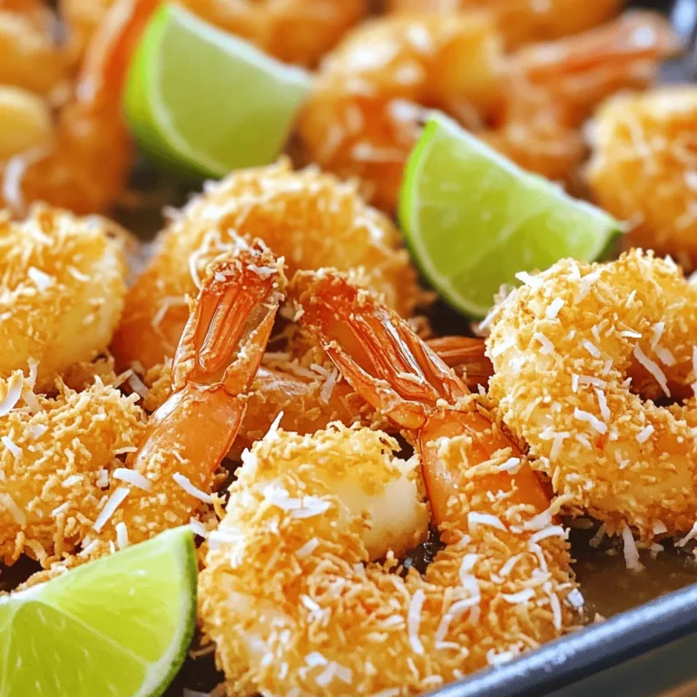 - 1 pound large shrimp, peeled and deveined - 1 cup all-purpose flour - 1 teaspoon garlic powder - 1 teaspoon paprika - Salt and pepper, to taste - 2 large eggs - 1 cup shredded coconut (sweetened or unsweetened) - 1 cup panko breadcrumbs - Oil for frying (coconut or vegetable oil) - Lime wedges, for serving Gathering the right ingredients is key for crispy coconut shrimp. Start with fresh shrimp. Look for large shrimp, peeled and deveined. This makes cooking easier and faster. For the coating, use all-purpose flour mixed with garlic powder, paprika, salt, and pepper. This blend adds a nice flavor to the shrimp. You need two large eggs for binding. The eggs help the coconut and panko stick well. Next, get shredded coconut. Sweetened coconut adds a nice touch, but unsweetened works too. Panko breadcrumbs give that extra crunch. Use them for a light and crispy texture. Finally, choose an oil for frying. Coconut oil adds flavor, but vegetable oil is also great. Don't forget the lime wedges! They add a bright taste when served. For the full recipe, check the earlier section. Enjoy cooking! First, pat the shrimp dry with paper towels. This step is crucial. It helps the coating stick better. If the shrimp are wet, the coating can slide off during cooking. Next, set up your dredging station. Use three shallow bowls for the flour, eggs, and the final coating mix. This makes the process smoother and more organized. Start by mixing the dry ingredients. In the first bowl, combine the flour, garlic powder, paprika, salt, and pepper. This mix gives the shrimp a tasty base layer. In a second bowl, whisk the eggs. This helps bind the coating to the shrimp. In the third bowl, combine the shredded coconut and panko breadcrumbs. This mix will create a crunchy, golden crust. Heat about half an inch of oil in a deep skillet over medium-high heat. The oil should shimmer when it's ready, about 350°F. Carefully add the coated shrimp in batches. Don’t overcrowd the pan; this ensures even cooking. Fry the shrimp for about 2-3 minutes per side. They should turn a beautiful golden brown. Once cooked, use a slotted spoon to remove them. Place the shrimp on a paper towel-lined plate to drain excess oil. Enjoy your crispy coconut shrimp while they are hot! For the full recipe, check the detailed instructions above. To get that ideal crisp, pay attention to your oil temperature. Heat the oil to about 350°F (175°C). This temperature helps fry the shrimp quickly and evenly. If the oil is too cool, the shrimp will absorb oil and become soggy. Next, avoid overcrowding the pan. If you add too many shrimp at once, they will lower the oil temperature. Fry in batches to keep the oil hot. This way, each shrimp gets that golden, crunchy finish we all love. To boost the flavor, consider adding seasonings to your flour mixture. Try adding a pinch of cayenne for heat or some Italian herbs for a twist. You can also mix in some lemon zest for a fresh pop. Using fresh herbs can elevate your dish. Think about adding chopped cilantro or basil to the coconut coating. This will give an extra layer of flavor that will surprise your taste buds. Pair your crispy coconut shrimp with a variety of dipping sauces. A sweet chili sauce or a zesty lime aioli works well. For a tropical touch, try a mango salsa. Get creative with your serving ideas. You can serve the shrimp on a bed of mixed greens or in a taco shell. Add some sliced avocado and fresh veggies for a fun twist. For the complete recipe, check out the Full Recipe. {{image_2}} Want to spice things up? You can add heat to your coconut shrimp. Just mix in cayenne or chili powder with the flour. Start with a small amount, like 1/4 teaspoon. Taste and adjust according to your heat preference. This addition gives your shrimp a nice kick. Not in the mood to fry? You can bake your coconut shrimp. Preheat your oven to 400°F (200°C). Line a baking sheet with parchment paper for easy cleanup. Place the coated shrimp on the sheet in a single layer. Spray them lightly with cooking oil. Bake for about 15-20 minutes, flipping halfway through. You want them golden and crispy. If you need a gluten-free option, don’t worry! You can use gluten-free breadcrumbs. Look for brands that are labeled gluten-free. Instead of all-purpose flour, try using almond flour or coconut flour. Both work well and add nice flavor. Make sure to check labels for any hidden gluten. For the full recipe, check out the detailed instructions above. Enjoy your cooking! To store cooked shrimp, place them in an airtight container. Refrigerate the shrimp within two hours after cooking. If you want to keep them fresh, eat them within three days. Make sure to avoid leaving shrimp out at room temperature for too long. This helps prevent bacteria growth. To reheat, use an oven for the best crispiness. Preheat your oven to 350°F (175°C). Place the shrimp on a baking sheet. Bake them for about 10 minutes, flipping halfway. This method keeps them crunchy. You can also reheat them in an air fryer. Set it to 350°F (175°C) for five minutes. If you want to freeze uncooked shrimp, place them in a zip-top bag. Remove as much air as you can, and seal it tight. You can freeze cooked shrimp too. Just make sure they cool down first. Store them in an airtight container or a freezer bag. They will stay fresh for up to three months. You can bake crispy coconut shrimp instead of frying them. To do this, preheat your oven to 400°F (200°C). Line a baking sheet with parchment paper or a silicone mat. Arrange the breaded shrimp on the sheet in a single layer. Lightly spray the shrimp with cooking spray or brush them with oil. Bake for about 15-20 minutes, flipping halfway through, until they are golden and crispy. This method uses less oil and still gives you a crunchy texture. Yes, you can prepare the shrimp in advance. To do this, bread the shrimp and place them on a baking sheet. Cover and refrigerate for up to two hours before cooking. This helps the breadcrumbs stick better. For storage, keep any leftover cooked shrimp in an airtight container. They will stay fresh for about two days in the fridge. If you want to prepare them for longer, consider freezing them. Several sauces complement crispy coconut shrimp well. Here are a few favorites: - Sweet Chili Sauce: This sauce adds a sweet and spicy kick. - Mango Salsa: Fresh mango salsa brings fruity flavors. - Coconut Curry Sauce: A creamy sauce that pairs beautifully. - Spicy Mayo: Mix mayonnaise with sriracha for a spicy dip. Feel free to make these sauces at home or buy them at the store for convenience. Crispy coconut shrimp is fun to make and delicious to eat. We covered key ingredients and a step-by-step guide for perfect results. I shared tips for crispiness and flavor, plus variations to try. Don't forget about storage and reheating for leftovers. Enjoy this dish with fresh sauces or as a snack. Experiment with flavors and cooking methods to make it your own. Cooking should be enjoyable, and this dish proves that!