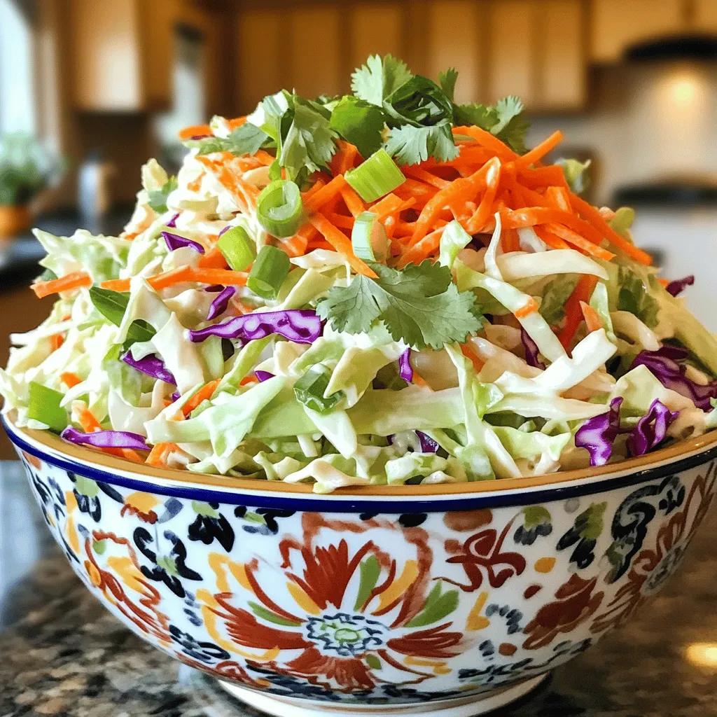 When I make classic coleslaw, I focus on fresh, crisp vegetables and a creamy dressing. Here’s what you need: - 4 cups green cabbage, finely shredded - 1 cup red cabbage, finely shredded - 1 cup carrots, grated - 1/2 cup red bell pepper, thinly sliced - 1/2 cup green onions, chopped - 1/4 cup fresh cilantro, chopped (optional) These veggies add color and crunch. Green and red cabbage provide a nice base. Carrots bring sweetness, while bell peppers add a pop of color. Green onions add a mild bite. Cilantro is optional but gives a fresh taste. - 1 cup mayonnaise - 2 tablespoons apple cider vinegar - 1 tablespoon honey - 1 teaspoon Dijon mustard - Salt and pepper to taste The dressing is creamy and tangy. Mayonnaise acts as the base. Apple cider vinegar adds a nice zing. Honey brings just the right sweetness, and Dijon mustard gives it a little kick. Salt and pepper balance all the flavors. Each serving of classic coleslaw is about 150 calories. It has vitamins from the veggies, especially vitamin C and fiber. This salad is a great side dish, packed with nutrients. For the full recipe, check out the crispy rainbow coleslaw above! To start, gather your fresh veggies. You will need: - 4 cups green cabbage, finely shredded - 1 cup red cabbage, finely shredded - 1 cup carrots, grated - 1/2 cup red bell pepper, thinly sliced - 1/2 cup green onions, chopped - 1/4 cup fresh cilantro, chopped (optional) In a large bowl, combine the green cabbage, red cabbage, grated carrots, and sliced red bell pepper. Toss them gently so they mix well. Then, add in the chopped green onions and cilantro. This blend adds color and flavor. In a small bowl, whisk together the dressing ingredients until creamy. You will need: - 1 cup mayonnaise - 2 tablespoons apple cider vinegar - 1 tablespoon honey - 1 teaspoon Dijon mustard - Salt and pepper to taste Mix until smooth. Taste the dressing and adjust the seasoning. You might want more salt or pepper. The dressing should balance well with the veggies. Now, pour the dressing over your mixed vegetables. Toss everything together carefully. Make sure all the veggies get coated. Cover the coleslaw and refrigerate for at least 30 minutes. This chilling time allows the flavors to meld. Before serving, give the coleslaw a good toss again. This ensures the dressing is evenly distributed. For a nice touch, serve in a decorative bowl. Enjoy this tasty dish with your favorite meals! You can find the Full Recipe for a detailed guide. Shredding cabbage gives coleslaw a fine, light texture. Chopping makes it heavy and dense. Use a sharp knife or a box grater to shred. Keep the cabbage cold for crispness. Rinse the shredded cabbage in cold water for extra crunch. Drain well before mixing. Add spices like celery seed or pepper for a kick. Fresh herbs like dill or parsley brighten the taste. If you want more sweetness, add a bit more honey. For tanginess, increase the apple cider vinegar. Taste as you go. Adjust until it feels just right. Coleslaw pairs well with grilled meats and sandwiches. It adds great crunch to tacos and burgers. Serve it in a colorful bowl to catch the eye. Try adding a sprinkle of paprika or fresh herbs on top for flair. Enjoy making this dish your own! {{image_2}} You can change up the classic coleslaw dressing easily. Try a vinaigrette for a tangy twist. Just mix oil, vinegar, and your choice of herbs. Greek yogurt is another great option. It adds creaminess without too much fat. You can even get creative with flavors. For example, add sriracha for heat or honey mustard for sweetness. Each unique dressing gives a new taste to your coleslaw. Cabbage is the star of coleslaw, but you can switch it out. Kale or spinach can work well, too. They offer a different crunch and flavor. Want to jazz it up? Toss in fruits like apples or grapes for sweetness. Nuts like walnuts or pecans can add a nice crunch. Mix and match to find your favorite combo. Seasonal ingredients can make your coleslaw special. In summer, add fresh corn or berries for a burst of flavor. In fall, try roasted squash or apples. For holidays, think about adding spices like cinnamon or nutmeg. This will create a festive twist. Each season brings new flavors to explore in your coleslaw. Check out the [Full Recipe] for a classic take on this dish! To keep your coleslaw fresh, store it in the fridge right after making it. Place the coleslaw in an airtight container to prevent it from drying out. It will stay fresh for about 3 to 5 days. The longer it sits, the softer it gets. If you want to save coleslaw for later, freezing is an option. However, it may change the texture, so only freeze if needed. Use freezer-safe containers or heavy-duty bags to keep it sealed. When ready to eat, thaw it in the fridge overnight before serving. To refresh coleslaw after refrigeration, simply give it a good stir. If it looks a bit dry, add a splash of vinegar or a bit more dressing. Avoid sogginess by not letting it sit too long in the dressing. Serve immediately for the best crunch. For the full recipe, check out the Crispy Rainbow Coleslaw. Classic coleslaw stands out due to its simple ingredients. It usually has green cabbage, carrots, and a creamy dressing. Many other slaws add fruits, nuts, or spicy elements. Traditional coleslaw is mild and crunchy, while non-traditional slaws can be bold and sweet. This makes classic coleslaw a great side dish for many meals. Yes, you can make coleslaw ahead of time. To keep it fresh, chop the veggies and store them separately from the dressing. Mix the dressing right before serving. This way, the veggies stay crisp and do not get soggy. You can also prepare the coleslaw a few hours in advance. Just remember to chill it in the fridge. This allows the flavors to blend well. Coleslaw can be healthy! It is loaded with vitamins from the veggies. Cabbage is high in fiber and low in calories. Carrots add even more nutrients. However, be mindful of the dressing. Mayonnaise can add extra calories. You can use less dressing or try yogurt for a lighter option. Overall, coleslaw can be a nutritious choice when made with fresh ingredients. Classic coleslaw combines fresh vegetables and a simple dressing to create a tasty dish. You learned how to prepare the ingredients, mix the dressing, and serve it right. With tips for perfect texture and flavor, you can easily customize your coleslaw. Explore variations and enjoy this dish throughout the year. Keep experimenting with this recipe to find your favorite twist. Classic coleslaw adds joy to meals, whether at home or a gathering.