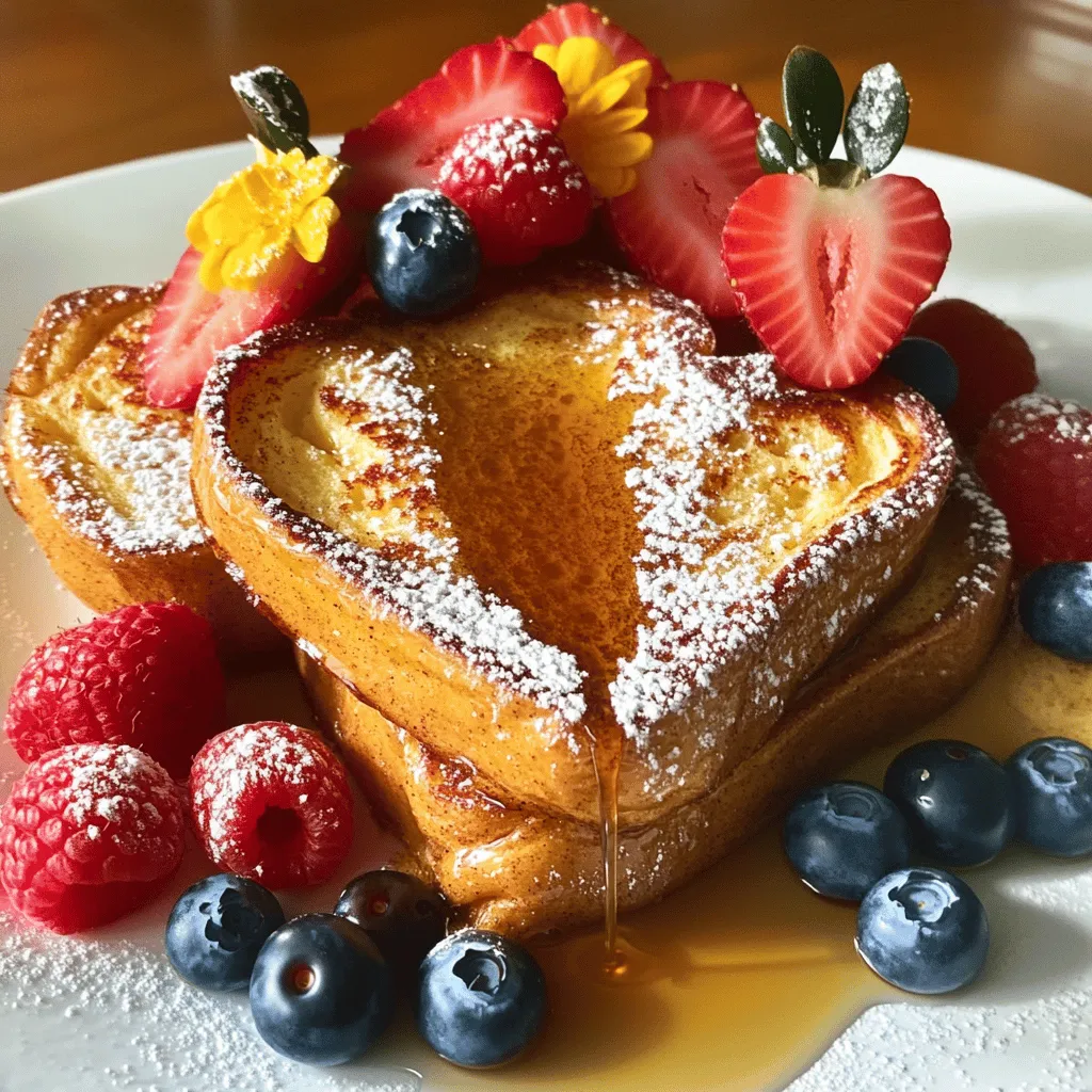 To make the best classic French toast, you need simple ingredients. Here’s what you will need: - 4 slices of brioche bread - 2 large eggs - 1/2 cup milk (or almond milk for a dairy-free option) - 1 tablespoon vanilla extract - 1 teaspoon ground cinnamon - 1 tablespoon sugar - 1 tablespoon butter (for cooking) - Maple syrup, for serving - Fresh berries (strawberries, blueberries, or raspberries), for garnish - Powdered sugar, for dusting These ingredients come together to create a rich and tasty dish that everyone loves. You can change some ingredients to fit your taste or needs. Here are some swaps: - Bread: Use challah or sourdough if you can’t find brioche. - Milk: Almond or oat milk works for a dairy-free option. - Sugar: Try honey or agave syrup for natural sweetness. - Cinnamon: Consider nutmeg or vanilla for a different flavor. These options keep the recipe flexible while still giving you a great taste. Garnishes add a nice touch to your French toast. Here are some ideas: - Maple Syrup: Drizzle a good amount over the top. - Fresh Berries: Strawberries, blueberries, or raspberries add color and taste. - Powdered Sugar: A light dusting gives a sweet finish. - Whipped Cream: For a fun and creamy topping, add some whipped cream. These garnishes make your French toast look pretty and taste even better. For the full recipe, check out the detailed guide. To make classic French toast, you start with simple steps. First, gather your ingredients. You will need: - 4 slices of brioche bread - 2 large eggs - 1/2 cup milk (or almond milk) - 1 tablespoon vanilla extract - 1 teaspoon ground cinnamon - 1 tablespoon sugar - 1 tablespoon butter - Maple syrup, for serving - Fresh berries, for garnish - Powdered sugar, for dusting Next, whisk the eggs, milk, vanilla, cinnamon, and sugar in a bowl. Make sure the mixture is smooth and frothy. Then, heat a non-stick skillet over medium heat. Add the butter and let it melt. Now, dip each slice of brioche into the egg mix. Soak it well but don't let it get too soggy. Place the slices in the hot skillet. Cook for about 3-4 minutes on each side until golden brown. Adjust the heat if needed, so they don't burn. Once cooked, take them out and keep warm. Repeat this with the other slices. Serve the French toast warm with maple syrup, fresh berries, and a dusting of powdered sugar. Enjoy this delicious meal! For even cooking, here are some tips to follow: - Use a non-stick skillet to prevent sticking. - Preheat your skillet well before adding the bread. - Adjust the heat as needed. Too high can burn the toast. - Flip the bread gently to keep it intact. - Cook in batches if necessary to avoid crowding. These small changes help ensure your French toast cooks evenly. When making French toast, avoid these common mistakes: - Soaking the bread too long can make it mushy. - Skipping the preheating step may lead to uneven cooking. - Not using enough butter can cause sticking. - Using stale bread may result in a less tasty dish. - Forgetting to adjust heat can burn the toast. By keeping these tips in mind, you can create a perfect plate of French toast every time. To get that perfect golden brown toast, start with medium heat. Too low heat will cook the bread slowly, while too high heat can burn it. Watch closely as the bread cooks. Flip it when you see a lovely golden color. This way, you get a nice crispy outside and a soft inside. Soaking bread is key to great French toast. Use thick slices, like brioche. Dip each slice into the egg mix, but don’t let it sit too long. About 10 seconds on each side works best. You want it to absorb enough mix without becoming mushy. This gives you a nice, rich flavor. A non-stick skillet or griddle is best for cooking French toast. It helps prevent sticking and burning. Use a spatula to flip the bread easily. A whisk is great for mixing the egg blend. For serving, a nice plate and syrup dispenser will make it look great. For the full recipe, check out the details above! {{image_2}} You can change the flavor of your French toast easily. Try adding nutmeg for a warm spice. A bit of citrus zest adds a bright taste. Just a teaspoon of each can transform your dish. Mix and match flavors to find your favorite. Vanilla is classic, but feel free to explore. You can make French toast to fit your diet. For a gluten-free option, use gluten-free bread. It tastes just as good! If you want a vegan version, swap the eggs and milk. Use flax eggs and almond milk instead. Both options keep the dish tasty and enjoyable. Let’s talk toppings! Maple syrup is the go-to, but you can get creative. Drizzle on chocolate sauce for a sweet treat. Nut butter adds a nutty flavor and rich texture. Fresh fruits like bananas or berries brighten your plate. You can also sprinkle on nuts for crunch. Each topping brings a new twist to classic French toast. You can store leftover French toast in the fridge. Place it in an airtight container. Keep it for up to three days. Make sure it cools down before storing. This helps keep it fresh. You can also cover it tightly with plastic wrap. To reheat French toast, use a toaster or skillet. If using a toaster, set it to medium heat. Toast it until warm and crispy. If using a skillet, add a little butter. Heat on medium-low until warmed through. You want it hot, but not burnt. Freezing French toast is easy! First, let it cool completely. Then, place slices in a single layer on a baking sheet. Freeze until solid, about an hour. After that, transfer slices to a freezer bag. You can store them for up to two months. When ready, reheat straight from the freezer. Enjoy your French toast anytime! The best type of bread for French toast is brioche. Brioche has a soft and rich texture. It soaks up the egg mixture well. You can also use challah or Texas toast. Both options are thick and hold up nicely. They give you a fluffy and delicious bite. Yes, you can prepare the egg mixture ahead of time. Whisk the eggs, milk, vanilla, cinnamon, and sugar in a bowl. Store it in the fridge for up to 24 hours. This saves time in the morning. Just remember to give it a good stir before using. This helps all the ingredients mix well again. French toast is often better with cinnamon. Cinnamon adds warmth and flavor. It pairs well with the sweetness of the bread. However, if you are not a fan, you can skip it. You can also try nutmeg or vanilla for a twist. For the full recipe, check out the Decadent Cinnamon Brioche French Toast. It includes simple steps and yummy tips. Remember to serve with maple syrup and fresh berries. Enjoy your meal and share it with friends! In this article, we covered key ingredients for French toast, from essential items to tasty garnishes. I shared step-by-step cooking instructions and tips to prevent common mistakes. You learned about flavor variations, dietary options, and unique toppings to customize your dish. I also explained how to store leftovers and answered common questions. Making French toast can be fun and easy with the right prep. Enjoy your cooking!