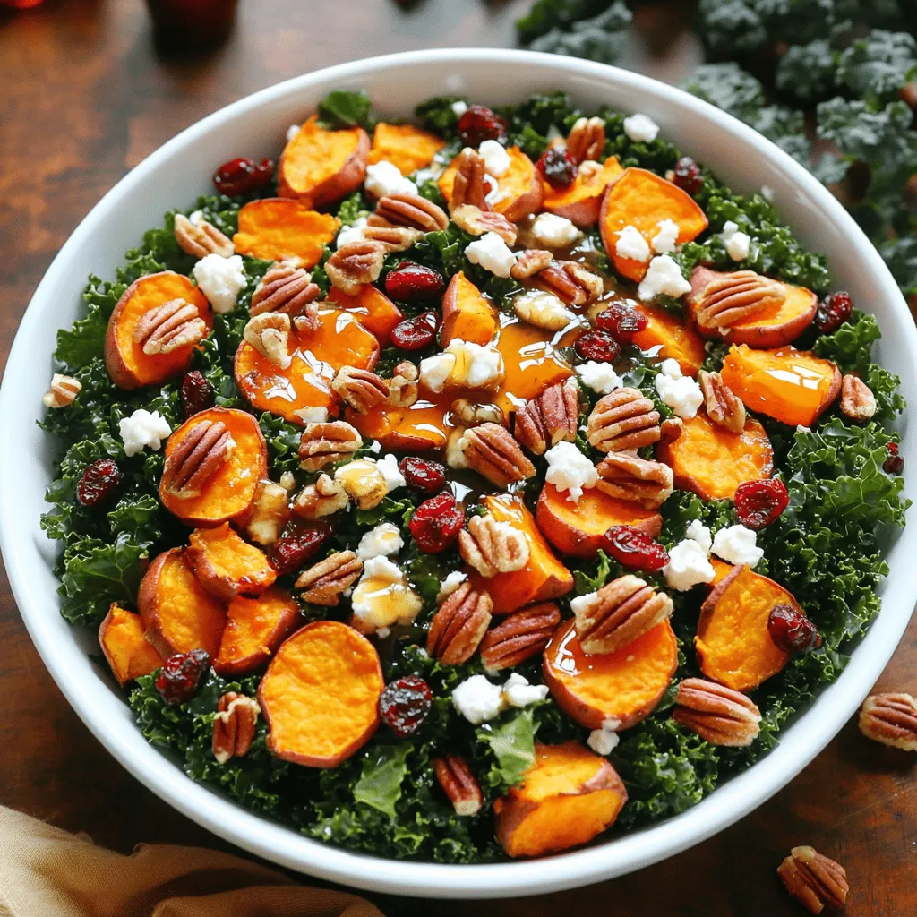 - 2 medium sweet potatoes - 4 cups kale - 1/4 cup dried cranberries - 1/4 cup feta cheese - 1/4 cup pecans - 3 tablespoons olive oil - 1 tablespoon maple syrup - 1 teaspoon garlic powder - 1/2 teaspoon smoked paprika - Salt and pepper Calories per serving This salad has about 300 calories per serving. It is filling yet light. Key vitamins and minerals Sweet potatoes are rich in vitamin A. Kale provides vitamins C and K. Pecans add healthy fats and protein. Health benefits of ingredients Sweet potatoes boost energy and support vision. Kale is packed with antioxidants. Dried cranberries add fiber and sweetness. Feta cheese gives calcium. Pecans are heart-healthy nuts. This Roasted Sweet Potato Kale Salad is not just tasty but also good for you! For the full recipe, check out the instructions above. First, preheat your oven to 425°F (220°C). This will help the sweet potatoes roast nicely. Next, peel and dice two medium sweet potatoes into small cubes. In a bowl, toss them with 2 tablespoons of olive oil, 1 teaspoon of garlic powder, and 1/2 teaspoon of smoked paprika. Add salt and pepper to taste. This mix gives great flavor to the sweet potatoes. Spread the seasoned sweet potatoes out on a baking sheet. Make sure they lie in a single layer. This helps them roast evenly. Bake in the oven for about 25 to 30 minutes. Remember to flip them halfway through cooking. You want them to be golden and tender when done. While the sweet potatoes roast, it's time to prepare the kale. Take 4 cups of chopped kale and place it in a large bowl. Add 1 tablespoon of olive oil and a pinch of salt. Now, massage the kale for about 2 to 3 minutes. This softens the leaves and makes them taste better. Once the sweet potatoes are done roasting, let them cool for a few minutes. Then, mix them with the kale. Add in 1/4 cup of dried cranberries, 1/4 cup of chopped pecans, and 1/4 cup of crumbled feta cheese. Gently toss all the ingredients together to combine their flavors. Drizzle 1 tablespoon of maple syrup over the salad. This adds a nice touch of sweetness. Give the salad another gentle toss to mix everything well. Taste and adjust the seasoning with more salt and pepper if needed. For the full recipe, check back to ensure you got all the details right! To get the best sweetness and texture from sweet potatoes, follow these tips: - Cut sweet potatoes into even pieces. This helps them cook at the same rate. - Toss them with olive oil, garlic powder, and smoked paprika for great flavor. - Use a large baking sheet. This allows air to circulate and helps them roast evenly. - Spread the sweet potatoes out. Do not overcrowd the pan, or they will steam instead of roast. Massaging kale helps to make it tender and less bitter. Here’s how to do it: - Use your hands to rub the kale with olive oil and a pinch of salt. - Massage for about 2-3 minutes. You will notice the leaves change color and soften. - For a different twist, try adding lemon juice or vinegar while massaging. This adds flavor and brightens the salad. This salad pairs well with many dishes. Here are some ideas: - Add grilled chicken or chickpeas for protein. - Serve with a side of quinoa or brown rice for a heartier meal. - For presentation, serve it on a large platter. Drizzle extra maple syrup on top. - Sprinkle more feta and pecans on top for a great look. These tips will help you create a delicious Roasted Sweet Potato Kale Salad that looks and tastes great. For the complete recipe, check the Full Recipe section. {{image_2}} You can play with the greens in this salad. Spinach or arugula work well. They both add a fresh taste. If you want a different crunch, try walnuts instead of pecans. Goat cheese can also replace feta for a creamy twist. Each swap offers a new flavor. For dressing, you can make a homemade vinaigrette. Mix olive oil, vinegar, and a bit of mustard. This adds a nice tang. If you prefer creamy, try a yogurt-based dressing. It pairs well with the sweet potatoes and kale. Add seasonal produce for fun changes. In summer, toss in fresh berries or cucumbers. In winter, add roasted beets or citrus. These will brighten your salad. Using what's in season boosts flavor and nutrition. For more ideas, check the Full Recipe to see how to create the perfect Roasted Sweet Potato Kale Salad! To store leftovers safely, let the salad cool to room temperature. Place it in an airtight container. This keeps the flavors fresh and the ingredients crisp. The best container options are glass or plastic with tight lids. These help prevent spills and keep the salad fresh. You can store it in the fridge for up to three days. When you reheat the salad, do it gently. Use a microwave on low heat for about 30 seconds. This way, you keep the texture of the sweet potatoes and kale. If you prefer, serve the salad cold. Just toss it again to mix the flavors before serving. No, you cannot freeze kale salad with dressing. The kale becomes soggy when thawed. However, you can freeze roasted sweet potatoes. Spread them on a baking sheet and freeze until firm. Then, transfer them to a freezer bag. You can keep them in the freezer for up to three months. Just thaw and reheat when you're ready to enjoy them again! For the full recipe, check out the details above. Roasted sweet potatoes taste sweet due to a process called caramelization. When you heat sweet potatoes, their natural sugars break down. This creates a rich, sweet flavor. The heat also helps the outside become crispy and adds depth. This magic happens when you roast them at high heat, which brings out their sweetness. Yes, you can make this salad ahead of time. To prepare in advance, roast the sweet potatoes and store them in the fridge. You can keep them for up to three days. Just add them to the kale when ready to serve. To store, use an airtight container. You can also prep the kale, cranberries, and nuts ahead. Keep them separate until serving for the best taste. To make this salad vegan, swap out the feta cheese. Use a plant-based cheese or skip it altogether. You can also add avocado for creaminess. Another option is to use nutritional yeast for a cheesy flavor without dairy. The maple syrup is already vegan, so you’re good to go! Some great toppings for this salad include: - Sliced avocado - Toasted pumpkin seeds - Fresh herbs like parsley or cilantro - Pomegranate seeds - Drizzled balsamic glaze These toppings add more flavors and textures. You can mix and match based on your taste! For the full recipe, check out the Roasted Sweet Potato Kale Salad. This article covers a tasty roasted sweet potato kale salad. We explored key ingredients, like sweet potatoes, kale, and cranberries. I shared step-by-step instructions for making it. We discussed tips for perfect roasting and massaging kale. You learned about ingredient substitutions and storage info for leftovers. In the end, this salad is adaptable and fun. It’s a healthy choice you can enjoy anytime. Explore the variations to find your perfect mix. Enjoy your cooking!