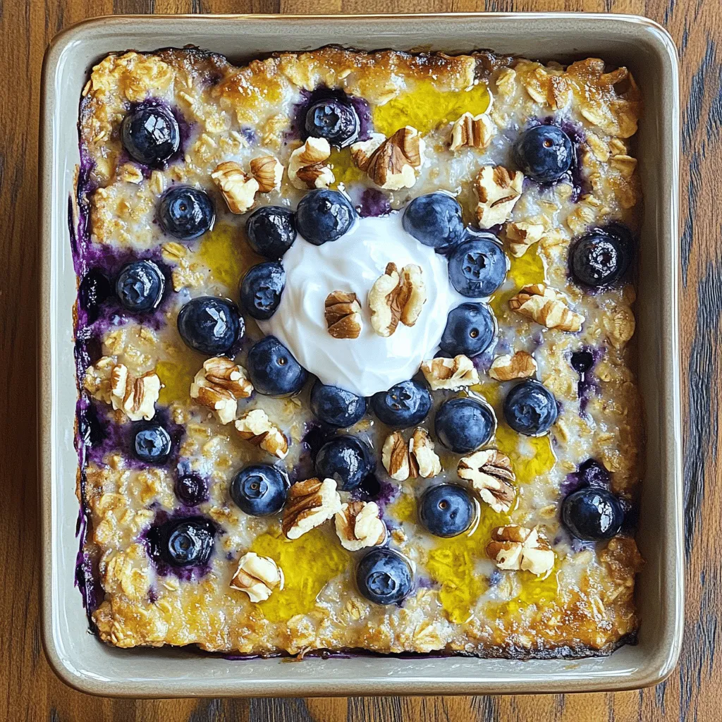 To make a tasty blueberry oatmeal bake, gather these items: - 2 cups rolled oats - 1 cup almond milk (or any milk of choice) - ½ cup maple syrup - 1 teaspoon vanilla extract - 1 teaspoon baking powder - ½ teaspoon ground cinnamon - ¼ teaspoon salt - 2 cups fresh or frozen blueberries - ¼ cup chopped walnuts (optional) - 2 tablespoons coconut oil, melted Each ingredient plays a key role. The rolled oats provide a hearty base. Almond milk adds creaminess, but feel free to use any milk you like. Maple syrup acts as a natural sweetener, while vanilla extract gives a warm flavor. Baking powder helps it rise, and cinnamon adds a cozy spice. Salt enhances all these flavors. Blueberries bring a juicy burst, and walnuts add crunch. You can make this dish even better with some add-ins: - Chopped nuts like pecans or almonds for extra crunch - Seeds like chia or flaxseed for added nutrition - A sprinkle of nutmeg for warmth - Alternative fruits like sliced bananas, apples, or peaches These options allow you to customize your bake. You can mix and match to suit your taste. Add-ins not only boost flavor but also nutrition. Enjoy the fun of creating your unique version! For the full recipe, check it out below. 1. Prepping the oven and baking dish Start by preheating your oven to 350°F (175°C). While the oven warms up, take a 9x9 inch baking dish. Grease it with melted coconut oil. This helps prevent sticking and adds flavor. 2. Mixing the wet and dry ingredients In a large mixing bowl, combine the rolled oats, almond milk, maple syrup, and vanilla extract. Add in baking powder, ground cinnamon, and salt. Stir well to mix everything. The mixture should be smooth and well blended. 1. Combining ingredients and pouring into the dish Once mixed, gently fold in the blueberries. If you choose to use walnuts, add them now. Be careful not to squish the berries. Pour the mixture into your greased baking dish and spread it evenly. Drizzle the melted coconut oil on top for added taste. 2. Baking time and what to look for Now, place the dish in the preheated oven. Bake for 30-35 minutes. You’ll know it’s ready when the oatmeal is set and the top is slightly golden. Remove it from the oven and let it cool for a few minutes before slicing into squares. For the complete recipe, check the Full Recipe section. Enjoy this wholesome breakfast delight! To ensure even cooking, spread the mixture flat in the pan. Use a spatula to press down the oats. This helps them cook uniformly. Also, check your oven temperature with a thermometer. Ovens can be off by quite a bit. To achieve a golden top, brush melted coconut oil on the surface before baking. The oil adds flavor and helps with browning. Bake until the edges look set and a light golden brown. If you want extra color, turn on the broiler for the last minute. Watch it closely to avoid burning. For a delightful breakfast, serve warm with a dollop of Greek yogurt on top. Add a few fresh blueberries and a sprinkle of walnuts for crunch. This makes the dish look festive and inviting. For dessert, drizzle some maple syrup over the bake. You can also pair it with a scoop of vanilla ice cream. This adds a fun twist for guests. You can impress them by cutting the bake into fun shapes or using cookie cutters. These little touches make any meal special. For the full recipe, check out the instructions above and enjoy your wholesome breakfast delight! {{image_2}} You can easily change the fruit in this recipe. Swap blueberries for strawberries, raspberries, or apples. Each fruit adds a new taste and texture. If you want a sweeter dish, add more maple syrup. You can also use honey or agave syrup. Just remember to taste as you mix. Adjusting sweetness lets you control the flavor. To make this dish gluten-free, use certified gluten-free oats. They work just as well and keep the bake hearty. If you need a dairy-free option, almond milk is a great choice. You can also use oat or coconut milk. For those watching sugar intake, try reducing the syrup. Use mashed banana or unsweetened applesauce instead. This keeps the dish tasty while being health-conscious. To keep your blueberry oatmeal bake fresh, store it in the fridge. Place the cooled squares in an airtight container. This helps prevent moisture loss and keeps flavors strong. The oatmeal bake lasts about five days in the fridge. If you want to store it longer, freezing is a great option. Cut the bake into squares and wrap each piece in plastic wrap. Then place the wrapped squares in a freezer-safe bag. This method keeps them fresh for up to three months. When you're ready to enjoy your blueberry oatmeal bake, reheating is easy. You want to keep the texture and flavor just right. The best way is to use the oven. Preheat your oven to 350°F (175°C). Place the squares on a baking sheet, cover with foil, and heat for about 10-15 minutes. This warms them through without drying them out. You can also use the microwave for a quick option. Place a square on a microwave-safe plate and cover it with a damp paper towel. Heat for about 30-45 seconds. Check the temperature, and if needed, heat for an additional 15 seconds. Enjoy your warm, tasty breakfast! How long does blueberry oatmeal bake last in the fridge? Blueberry oatmeal bake stays fresh for about 5 days in the fridge. Make sure to cover it tightly with plastic wrap or store it in an airtight container. This keeps the moisture in and the flavors intact. Can I use quick oats instead of rolled oats? You can use quick oats, but the texture may change. Quick oats absorb liquid faster, so the bake might turn out softer. If you prefer a chewier bite, stick with rolled oats. They create a more satisfying texture. What to do if the bake is too dry or too wet? If your bake is too dry, try adding a bit more milk. Start with one tablespoon at a time until it reaches the right consistency. If it is too wet, bake it a little longer. Monitor it closely to avoid overcooking. Tips for avoiding burnt edges while baking To prevent burnt edges, use a larger baking dish. This allows the mixture to spread out and cook evenly. You can also cover the edges with foil if they start to brown too quickly. Check your bake at the 25-minute mark to adjust if needed. This blog post covered everything you need for blueberry oatmeal bake. We discussed ingredients, step-by-step instructions, and tips for the perfect bake. You learned about storage and how to adapt the recipe for various diets. Now, you can enjoy this tasty dish anytime. With the right ingredients and methods, your bake will impress everyone. Start experimenting with flavors and add-ins to make it your own. Happy baking!