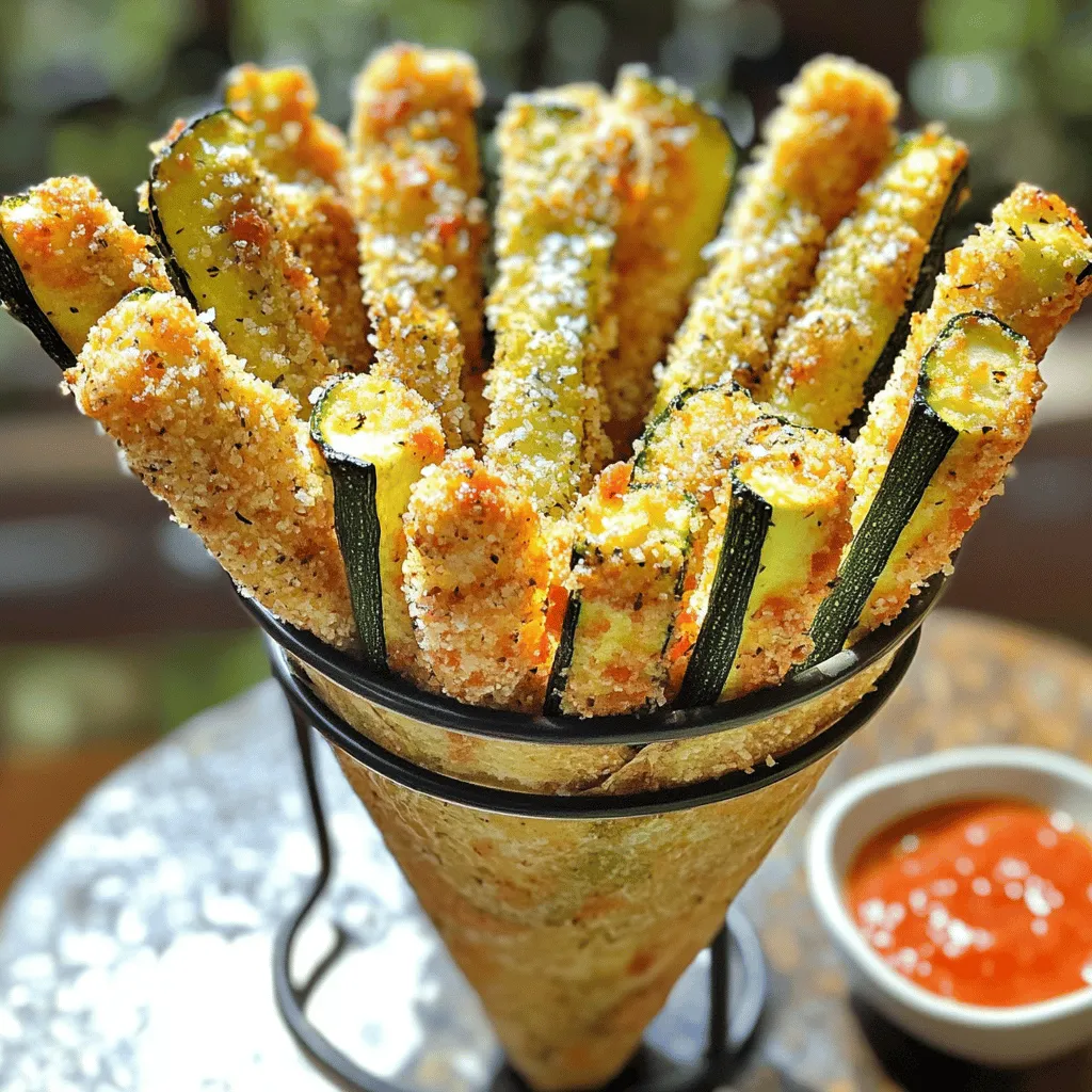 To make the best baked zucchini fries, you need a few key items. Here’s what you'll need: - 2 medium zucchinis, cut into thin strips - 1 cup breadcrumbs (panko or regular) - ½ cup grated Parmesan cheese - 2 large eggs, beaten - Olive oil spray These ingredients work together to create a crunchy and tasty snack. Zucchinis are low in calories and full of nutrients. The breadcrumbs and cheese add flavor and texture. You can add some fun flavors to your zucchini fries. Here are some suggestions: - 1 teaspoon garlic powder - 1 teaspoon onion powder - ½ teaspoon paprika - Salt and pepper to taste Feel free to get creative! You might try adding Italian herbs or a dash of cayenne for heat. These extras can make your fries even tastier. If you don't have all the ingredients, don’t worry! Here are some swaps: - Use almond flour instead of breadcrumbs for a gluten-free option. - Try nutritional yeast in place of Parmesan for a vegan twist. - Any type of cheese will work if you are not picky about flavors. These substitutions keep your fries delicious while matching your diet needs. For the full recipe and more tips, check out the recipe section. To start, pick fresh zucchinis. Look for firm and shiny ones. Rinse them under cold water to clean off dirt. Cut the ends off, then slice them into thin strips. Aim for about ¼ inch thick. This size helps them cook evenly. Now, it's time to bread the zucchini. In a bowl, mix breadcrumbs, Parmesan cheese, garlic powder, onion powder, paprika, salt, and pepper. This mix gives the fries great flavor. In another bowl, beat the eggs. Dip each zucchini strip into the eggs first. Let the extra egg drip off. Then, roll the strip in the breadcrumb mix. Press gently to coat well. Lay the coated strips on a baking sheet lined with parchment paper. Preheat your oven to 425°F (220°C). This high heat helps make them crispy. Bake the fries for 20-25 minutes. Flip them halfway to cook both sides. They should turn golden brown. When done, let them cool for a few minutes. Now, they are ready for you to enjoy! For more details, check the Full Recipe. To get your zucchini fries crispy, use panko breadcrumbs. They are light and airy. You can also spray the fries with olive oil. This helps them brown well. Make sure to space them out on the baking sheet. Crowding can make them soggy. Bake them until golden brown, about 20-25 minutes. Flip them halfway for even cooking. A common mistake is not drying the zucchini. Water makes fries soft. After cutting, pat the strips dry with paper towels. Another mistake is skipping the egg wash. The egg helps the breadcrumbs stick. Lastly, don’t skip the seasoning. It adds great flavor. Use salt, pepper, and your favorite spices. Serve your zucchini fries hot and fresh. They pair well with dips like marinara or garlic aioli. For a fun touch, use a cone-shaped holder. This makes eating them more exciting. You can also add a sprinkle of fresh herbs on top. Fresh parsley or basil works well. For a meal, serve them alongside grilled chicken or fish. Check the full recipe for more ideas! {{image_2}} You can make these baked zucchini fries gluten-free. Use gluten-free breadcrumbs instead of regular ones. Many brands offer great choices that taste just as good. You can also try crushed nuts or seeds for a crunchy texture. Want to spice things up? Add cayenne pepper for heat. Mix in Italian herbs like oregano or basil for an herb twist. You can even use taco seasoning for a fun change. Just make sure to adjust the amount to your taste. Dipping sauces can make your fries shine. Try marinara for a classic touch. Ranch dressing adds a creamy dip. For a kick, use sriracha mayo. You can mix mayonnaise with sriracha for a quick sauce. Experiment and find your favorite! Don’t forget to check the full recipe for more ideas. To keep your leftover zucchini fries fresh, place them in an airtight container. Make sure they cool down first. You can store them in the fridge for up to three days. Keeping them sealed helps prevent them from getting soggy. To reheat your zucchini fries, use an oven or air fryer. Preheat the oven to 350°F (175°C). Place the fries on a baking sheet and heat for about 10 minutes. In an air fryer, set it to 350°F and heat for 5-7 minutes. This method helps maintain their crispiness. Avoid using a microwave, as it makes them soft. You can freeze zucchini fries for later use. After baking, let them cool completely. Arrange them in a single layer on a baking sheet and freeze for about two hours. Once frozen, transfer them to a freezer-safe bag. They can last up to three months in the freezer. When you're ready to eat, bake them straight from the freezer. Adjust the baking time to ensure they cook through. To make Baked Zucchini Fries healthier, use whole grain breadcrumbs. You can also skip the cheese or use a low-fat version. Use less oil or just spray it lightly. You can add more spices for flavor without extra calories. These changes keep the taste great while cutting down on fat and calories. Yes, you can use other vegetables! Try eggplant, carrots, or sweet potatoes. Each will have a different taste and texture. Just cut them into thin strips like zucchini. Adjust the baking time depending on the vegetable you choose. This way, you can enjoy a variety of flavors in your fries. Baked zucchini fries pair well with many dips. Marinara sauce is a classic choice. You can also serve them with garlic aioli, ranch dressing, or even a spicy salsa. For a fun twist, try a yogurt-based dip. These options will enhance the flavors and make your snack even better. Check the Full Recipe for more tips on serving! Baked zucchini fries are simple and fun to make. We covered the main ingredients, how to prepare them, and tips for crispiness. I shared tasty variations and storage tips for leftovers. Remember, you can swap out ingredients or use different veggies. Enjoy these fries fresh or reheat them later. They are a great snack or side dish. Now, it’s time for you to bake your own!