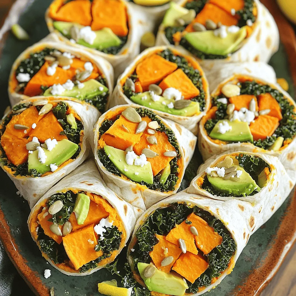 To make Sweet Potato & Kale Power Wraps, gather these key ingredients: - 1 large sweet potato, peeled and diced - 2 cups kale, stems removed and chopped - 1 tablespoon olive oil - 1 teaspoon smoked paprika - 1 teaspoon garlic powder - Salt and pepper to taste - 4 large whole wheat tortillas - 1/2 cup hummus (store-bought or homemade) You can enhance your wrap with these optional ingredients: - 1/4 cup feta cheese, crumbled - 1 ripe avocado, sliced - Fresh lemon juice for drizzling - 1/4 cup sunflower seeds (for crunch) Each serving of these wraps is packed with nutrition. Here’s a quick overview: - Calories: 350 - Protein: 10 grams - Carbohydrates: 45 grams - Fiber: 10 grams - Fat: 15 grams These wraps are not just tasty; they are also healthy. By using fresh ingredients, you get fiber and vitamins. Sweet potatoes are great for energy, while kale adds a boost of nutrients. The hummus gives a creamy touch, and the avocado adds healthy fats. You can find the Full Recipe for more details and tips. First, gather all your ingredients. You will need: - 1 large sweet potato, peeled and diced - 2 cups kale, stems removed and chopped - 1 tablespoon olive oil - 1 teaspoon smoked paprika - 1 teaspoon garlic powder - Salt and pepper to taste - 4 large whole wheat tortillas - 1/2 cup hummus (store-bought or homemade) - 1/4 cup feta cheese, crumbled (optional) - 1 ripe avocado, sliced - Fresh lemon juice for drizzling - 1/4 cup sunflower seeds (for crunch) Preheat your oven to 400°F (200°C). This step helps cook the sweet potatoes just right. In a mixing bowl, toss the diced sweet potato with olive oil, smoked paprika, garlic powder, and some salt and pepper. Spread the sweet potatoes on a baking sheet in a single layer. Roast them for 25-30 minutes. Flip them halfway through to ensure even cooking. With about 10 minutes left, add the chopped kale to the baking sheet. Toss it with the sweet potatoes to let it wilt. Remove everything from the oven and let it cool for a bit. Now, warm the tortillas in a dry skillet on medium heat for about 30 seconds on each side. This makes them soft and easy to wrap. Spread a good layer of hummus on each tortilla, reaching the edges. Next, layer the roasted sweet potato and kale mixture, avocado slices, and crumbled feta if you choose to use it. Top it all with sunflower seeds for some crunch. Drizzle a little fresh lemon juice over the filling for a bright taste. Fold in the sides of the tortilla and roll it tightly from the bottom. Cut each wrap in half, and arrange them on a colorful platter. For the full recipe, refer to the earlier section. Enjoy your nutritious meal! Roasting sweet potatoes brings out their natural sweetness. First, cut them into small, even pieces. This helps them cook quickly and evenly. Toss them with olive oil, smoked paprika, garlic powder, salt, and pepper. Spread them in a single layer on a baking sheet. Make sure the pieces do not touch. This allows them to caramelize well. Roast at 400°F (200°C) for 25-30 minutes. Flip them halfway to ensure they brown nicely. To keep your wraps fresh, wrap them tightly in plastic wrap or foil. Store them in the fridge for up to three days. If you want to eat them later, make the wraps without the fillings. Add the fillings just before serving. This keeps everything crisp and tasty. You can also use parchment paper for wraps. It helps avoid sogginess while adding a nice touch. Homemade hummus adds a special touch to your wraps. To make it, blend together 1 can of drained chickpeas, 1/4 cup of tahini, 2 tablespoons of lemon juice, and 1 clove of garlic. Add water a little at a time until you get a smooth texture. Season with salt to taste. You can also try adding spices like cumin or red pepper flakes for a kick. This simple recipe enhances flavor and makes your wraps even better. For the full recipe, check out the Sweet Potato & Kale Power Wraps. {{image_2}} You can swap or add different veggies to your wraps. Try roasted carrots or zucchini. Spinach is a good choice too. You can also use roasted bell peppers for a sweet kick. Each veggie brings its own taste and texture. This lets you mix it up and keep your meals fun. If you need gluten-free wraps, use corn tortillas or lettuce leaves. Cauliflower wraps are a great low-carb choice. These options change the texture but keep the flavor. Each wrap adds a new twist to your meal. You can enjoy the same tasty filling in a new way. To make your wraps pop, add spices. Try cumin or chili powder for a kick. You can also drizzle some hot sauce for heat. If you like creaminess, use a yogurt dip or a tangy tahini sauce. These small changes can make a big difference in taste. Don't be afraid to experiment with your favorite flavors. To store your leftover wraps, first let them cool completely. This step prevents moisture buildup. Then, wrap them tightly in plastic wrap or aluminum foil. Place them in an airtight container. If stored properly, these wraps can last up to three days in the fridge. When you're ready to eat, you will have a tasty meal waiting for you. Freezing is a great option for longer storage. First, prepare the wraps as usual. Then, wrap each one tightly in plastic wrap, followed by aluminum foil. This double wrap helps prevent freezer burn. Place them in a freezer-safe bag or container. These wraps can stay fresh for up to three months in the freezer. When you want to enjoy them, simply thaw them in the fridge overnight. Reheating your wraps is quick and simple. If frozen, thaw them in the fridge first. For all wraps, you can use a microwave or a skillet. If using a microwave, heat for 30-60 seconds until warm. If you prefer a crisp texture, heat them in a skillet over medium heat. Cook each side for about 2-3 minutes until warmed through. Enjoy these wraps with your favorite dip or sauce for extra flavor! Yes, you can use other greens. Spinach, Swiss chard, or arugula work well. Each green adds a unique taste. Spinach is mild and tender. Swiss chard has a slight earthiness. Arugula gives a peppery kick. Feel free to mix and match. To make the Sweet Potato & Kale Power Wraps vegan, simply skip the feta cheese. Use vegan hummus instead of regular. This keeps the wraps tasty and creamy. You can also add more avocado for creaminess. Adjust seasonings to your liking. These wraps pair well with fresh salsa or a yogurt dip. A side salad adds crunch and freshness. You can also serve them with roasted veggies or a grain salad. Try quinoa or couscous for added texture. For a drink, a light lemon water or iced tea works great. Check out the full recipe for more ideas! You learned about making Sweet Potato & Kale Power Wraps. We covered key ingredients, cooking steps, and helpful tips. You can boost flavor with unique ingredients or sauces. The wraps are flexible, allowing for various veggies and diets. Store leftovers properly to keep them fresh. Remember, simple changes can make big impacts. Enjoy making and sharing this healthy meal. You'll love how easy it is to customize your wraps!