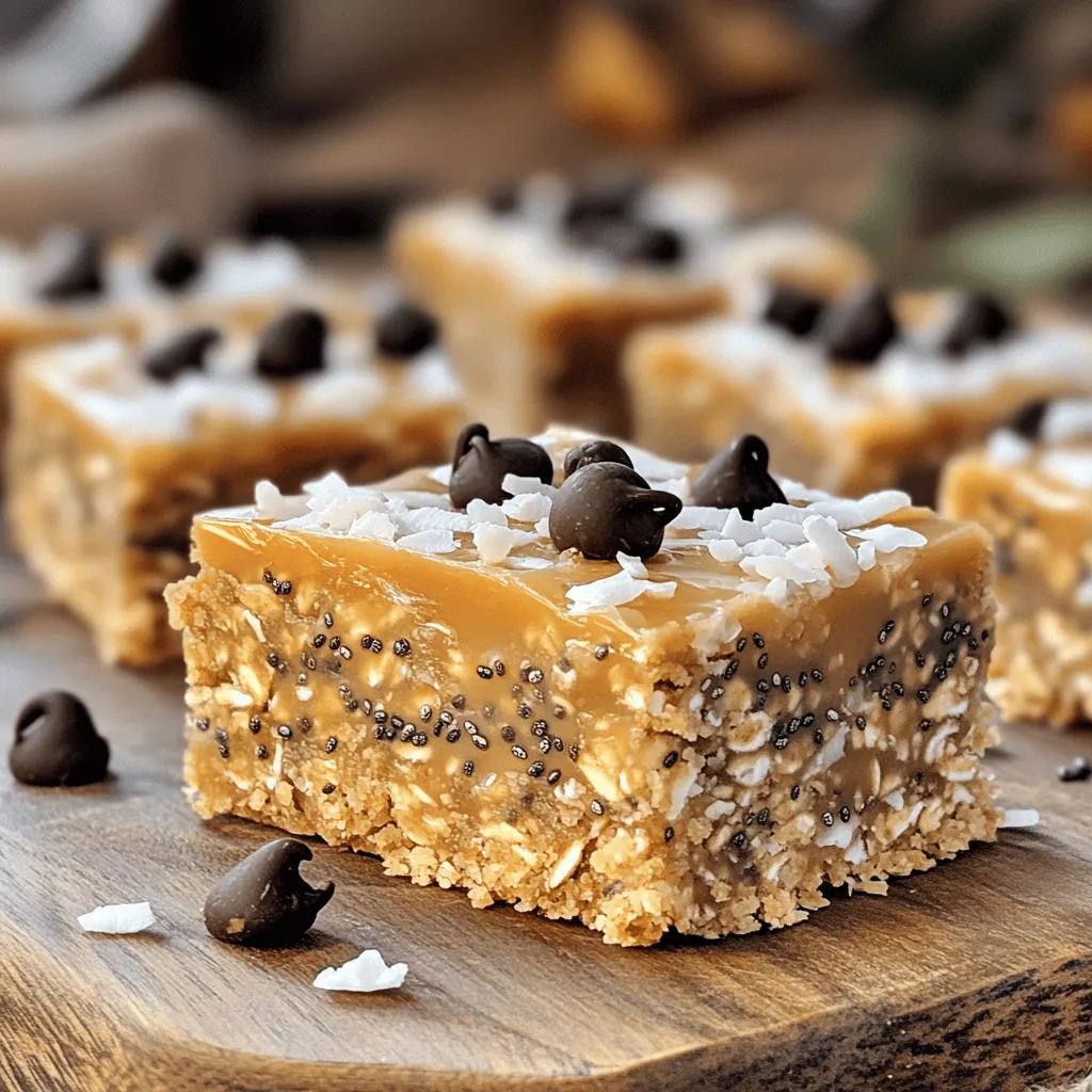 - 2 cups rolled oats - 1 cup natural peanut butter - 1/2 cup honey or maple syrup - 1/4 cup chia seeds - 1/4 cup chocolate chips (dark or semi-sweet) - 1/4 cup shredded coconut (unsweetened) - 1/2 teaspoon vanilla extract - Pinch of salt The ingredients for these no bake oatmeal PB bars are simple and easy to find. Rolled oats form the base of the bars, giving them a hearty texture. Natural peanut butter adds rich flavor and healthy fats. Honey or maple syrup provides sweetness, while chia seeds add nutrition and a slight crunch. Chocolate chips give a delicious surprise in every bite. Shredded coconut brings a touch of tropical flavor. A little vanilla extract enhances the taste, and a pinch of salt balances the sweetness. - Calories per serving: About 150 calories - Macronutrient breakdown: Each bar has around 6 grams of protein, 7 grams of fat, and 18 grams of carbs. These bars not only taste great but also provide energy. They make a good snack or a quick breakfast. The mix of ingredients ensures you get a nice balance of protein, healthy fats, and carbs. No bake oatmeal PB bars are a delicious way to fuel your day! First, grab a large mixing bowl. In this bowl, combine the rolled oats, chia seeds, and shredded coconut. Mix them well until they are evenly spread. This blend gives the bars a great texture. Next, take a microwave-safe bowl and add the peanut butter and honey. Heat this mixture in the microwave for about 30 seconds. This step makes it easier to stir. After warming, remove it from the microwave. Stir in the vanilla extract and a pinch of salt. This adds depth to the flavor. Now it’s time to combine the wet and dry ingredients. Pour the warm peanut butter mixture over the dry mix. Stir everything together until well mixed. You want to see all the oats coated and sticky. Then, gently fold in the chocolate chips. This is where the fun begins! Make sure the chips are evenly distributed throughout the mixture. You want a little chocolate in every bite. Now, prepare an 8x8 inch baking pan. Line it with parchment paper, leaving some overhang. This will help you lift the bars out easily later. Press the mixture firmly into the prepared pan. Use a spatula or your hands to smooth the top. Make sure it’s packed well; this will help the bars hold their shape. Finally, refrigerate the bars for at least 2 hours. This step is key! It helps the mixture firm up, making it easier to cut into bars. After they set, lift them from the pan using the parchment paper. Cut into squares or rectangles, and enjoy your tasty treat! For more details, check the Full Recipe. To keep your no bake oatmeal PB bars fresh, store them in an airtight container. This helps prevent them from drying out. You can keep them in the fridge for up to a week. If you want to keep them longer, you can freeze them. Just wrap each bar in plastic wrap before placing them in a freezer bag. This way, they stay fresh for up to three months. These bars are great on their own, but you can make them even better. Try drizzling some melted chocolate on top for extra flavor. You can also serve them with fresh fruit, like bananas or strawberries. Pair them with a glass of almond milk or a smoothie for a tasty snack. If your bars turn out too crumbly, they may need more moisture. You can add a bit more honey or peanut butter to the mix. If you find them too sweet, try reducing the honey or using less chocolate. Adjusting these ingredients can help balance the flavors. {{image_2}} You can change the flavor of your No Bake Oatmeal PB Bars easily. Start by adding different nut butters. Almond butter or cashew butter can give new tastes. Each nut butter brings its own flavor and texture. Try mixing in your favorite! Next, consider adding dried fruits or seeds. Dried cranberries, raisins, or apricots add sweetness. You can also use pumpkin seeds or sunflower seeds for crunch. These simple changes let you create your very own bars. If you want a vegan option, substitute honey with maple syrup. This small change makes the bars plant-based. Use a nut butter that is also vegan. Double-check your ingredients to ensure they fit your diet. For gluten-free modifications, use certified gluten-free oats. This way, anyone can enjoy these tasty bars. Always check labels on your ingredients to avoid gluten. During the holidays, you can add festive flavors. Try adding spices like cinnamon or nutmeg for warmth. Chopped up gingerbread cookies can give a fun twist too. These additions make your bars perfect for holiday treats. When summer rolls in, use seasonal fruits. Fresh strawberries or blueberries can brighten up your bars. Simply fold in the fruit just before pressing the mixture into the pan. You’ll have a fresh and fruity snack ready to enjoy. For the full recipe, click here to see how to make these delightful bars! Store your no bake oatmeal peanut butter bars in the fridge. They stay fresh for up to one week. Keep them in an airtight container to avoid drying out. If you want to save them longer, you can freeze them. Wrap each bar in parchment paper and then place them in a freezer bag. This way, you can enjoy them for up to three months. Check your bars for any signs of spoilage. If they smell off or look dry, it’s best to toss them. If you see any mold, don’t eat them. Fresh bars should feel firm but not hard. If they feel too soft or crumbly, they may not be good anymore. Always trust your senses when it comes to food safety. Can I substitute the peanut butter? Yes, you can use other nut butters. Almond butter or sunflower seed butter work well. They give a similar taste and texture. Just make sure to pick a spread that is creamy and smooth. How long do these bars last? These bars stay fresh for about one week in the fridge. Store them in an airtight container. You can freeze them for up to three months. Just thaw them in the fridge when you want to enjoy one. Can I make them nut-free? Absolutely! Use sunflower seed butter instead of peanut butter. This swap keeps the bars tasty and safe for nut-free diets. Be sure to check for any other allergens in your ingredients. Is there a way to make them sugar-free? Yes, you can use mashed bananas or unsweetened applesauce. Both options add natural sweetness without refined sugar. Adjust the amount of oats if needed to keep the right texture. Can I add protein powder to the mixture? Yes, adding protein powder boosts the nutrition. Start with one scoop and mix it well. This addition may change the texture slightly, so adjust the wet ingredients if needed. How to adjust for smaller or larger batches? To make smaller batches, cut the recipe in half. For larger batches, double the ingredients. Always keep the same ratios so the bars turn out perfectly. Use a bigger or smaller pan based on how much you make. For the full recipe, refer back to the main section. These no-bake oatmeal peanut butter bars are simple to make and delicious. We covered key ingredients, nutritional facts, and step-by-step instructions. With tips for storing and serving, plus fun variations, you can truly customize these bars. You can even troubleshoot common issues. Remember, they are easy to adjust for different diets. Enjoy your tasty treats, and don’t hesitate to experiment with your favorite flavors!