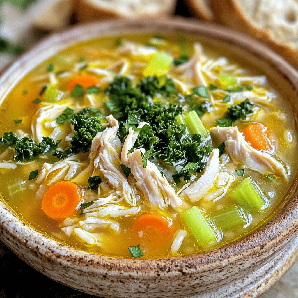 To make this easy chicken and rice soup, gather the following items: - 1 tablespoon olive oil - 1 medium onion, diced - 2 cloves garlic, minced - 2 carrots, diced - 2 celery stalks, diced - 1 teaspoon dried thyme - 1 teaspoon dried rosemary - 6 cups chicken broth - 1 cup cooked chicken, shredded (rotisserie chicken works great) - 1 cup long-grain rice - 1 cup kale or spinach, chopped - Salt and pepper to taste - Fresh parsley, chopped (for garnish) This soup is not just tasty but also healthy. Here is a quick look at the nutrition: - Calories: About 300 per serving - Protein: 25 grams - Carbohydrates: 35 grams - Fat: 7 grams - Fiber: 3 grams This soup packs a punch with protein and veggies. It helps keep you full and energized. You can switch some ingredients to fit your taste or needs: - Olive oil: Use butter or coconut oil instead. - Chicken: Try turkey or tofu for a different flavor. - Rice: Quinoa or barley works if you want a twist. - Kale or spinach: Use any leafy green you like, such as Swiss chard. - Herbs: Fresh herbs can replace dried ones for a brighter taste. Feel free to mix and match these options. This flexibility makes the soup fit many diets and preferences. For the full recipe, check out the details above. Start by gathering your ingredients. You need olive oil, onion, garlic, carrots, celery, thyme, rosemary, chicken broth, cooked chicken, rice, kale, salt, pepper, and parsley. First, heat the olive oil in a large pot over medium heat. Add the diced onion and minced garlic. Sauté until the onion turns translucent, which takes about 3 to 4 minutes. Next, toss in the diced carrots and celery. Cook these for another 5 to 6 minutes. You want them to soften a little but still hold their shape. Stir in the dried thyme and rosemary. Let the herbs cook for about 1 minute to release their scents. This step adds a nice flavor to your soup. Now, pour in the chicken broth. Raise the heat to bring it to a gentle boil. Once it boils, add the long-grain rice and shredded chicken. Lower the heat and allow it to simmer for 15 to 20 minutes. Check the rice for tenderness. When the rice is ready, stir in the chopped kale or spinach. Cook for an additional 2 to 3 minutes until the greens wilt. Finally, season your soup with salt and pepper to taste. Remove it from the heat and let it sit for a few minutes before serving. - When sautéing the onion and garlic, keep an eye on them. You don’t want them to brown too much. - If you like a crunch, you can add the carrots and celery later. - Feel free to adjust the herbs based on your taste. Fresh herbs can also work well here. - Make sure to use good-quality chicken broth for the best flavor. - If you want more greens, add extra kale or spinach. - Prep Time: 10 minutes - Cooking Time: 30 minutes - Total Time: 40 minutes This soup makes about 4 to 6 servings, perfect for a cozy meal. You can find the full recipe on the website and enjoy this simple comfort meal. To make your chicken and rice soup creamier, add a splash of heavy cream or a few tablespoons of cream cheese. This rich addition will elevate the soup's texture. You can also use half-and-half for a lighter option. Stir the cream in just before serving, so it warms up but does not curdle. Serve this soup with a side of crusty bread. The bread soaks up the soup and adds crunch. You can also pair it with a simple green salad. This adds freshness and balances the warm flavors. For a fun twist, top the soup with crispy fried onions or homemade croutons for extra texture. One common mistake is overcooking the rice. It can turn mushy and lose its shape. Always check the rice at the end of the cooking time. Another mistake is not seasoning enough. Taste your soup before serving and adjust with salt and pepper. Lastly, don't skip the fresh herbs. They add brightness and flavor to your soup. For the full recipe, check the link. {{image_2}} You can make this soup lighter without losing flavor. Here are some easy swaps: - Use low-sodium chicken broth to cut back on salt. - Swap out regular rice for brown rice for more fiber. - Choose skinless chicken breast instead of dark meat to reduce fat. - Add more veggies like zucchini or bell peppers for extra nutrients. You can easily turn this soup into a veggie delight. Simply: - Replace the chicken with chickpeas or lentils. - Use vegetable broth instead of chicken broth. - Add tofu for protein and a nice texture. - Include more greens, like Swiss chard or mushrooms, for depth. Boost the taste of your soup with these add-ins: - Stir in a splash of lemon juice for brightness. - Add a dash of hot sauce for a spicy kick. - Mix in fresh herbs like basil or dill just before serving. - Consider adding a sprinkle of Parmesan cheese for richness. For the full recipe, check out Cozy Chicken and Rice Soup. The variations help you customize the dish to fit your taste and health needs. Enjoy experimenting! After enjoying your Easy Chicken and Rice Soup, let it cool. Use an airtight container to keep it fresh. Store it in the fridge for up to three days. This soup tastes even better the next day! If you want to save some for later, freezing works well. Pour the cooled soup into freezer-safe containers. Leave some space at the top because the soup will expand. You can freeze it for up to three months. Just label the container with the date. To reheat your soup, first, thaw it in the fridge overnight if frozen. Heat it on the stove over medium heat, stirring often. If it's too thick, add a bit of water or broth. You can also use a microwave. Just heat it in short bursts, stirring in between. Always check that it’s hot all the way through before serving. Enjoy your cozy meal again! Yes, you can use brown rice. Brown rice adds a nutty flavor and extra texture. It takes longer to cook, so adjust your time. Brown rice usually needs 30-40 minutes to cook fully. This will change the soup's overall cooking time. Just be patient; the flavors will blend well. You can store chicken and rice soup in the fridge for about 3-4 days. Make sure to let it cool before putting it in a container. Seal it tightly to keep it fresh. If you want to enjoy it later, consider freezing it instead. This recipe is perfect for meal prep. You can make a big batch and portion it out. Just store it in individual containers. This way, you have easy meals ready for busy days. Plus, the flavors get better as it sits! For the full recipe, check out my Cozy Chicken and Rice Soup. This blog post covered key details for making a delicious chicken and rice soup. We explored the necessary ingredients, cooking steps, and tips to enhance your dish. You learned about healthier options and how to store your leftovers. Remember, the right ingredients and careful cooking can make a big difference. Avoid common mistakes to ensure great flavors. Enjoy your soup, and don't forget to customize it to your taste! You now have the tools to create a comforting meal anytime you need it.