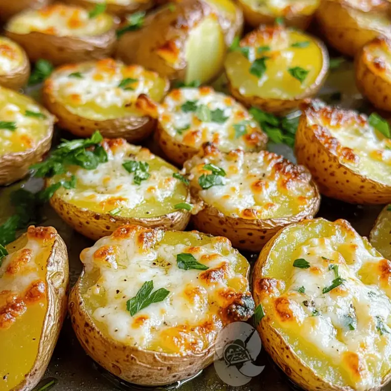 To make Garlic Parmesan Roasted Potatoes, you need fresh and simple ingredients. Each one adds flavor and texture. Here’s what you will need: - Baby Potatoes: 2 pounds, halved - Olive Oil: 4 tablespoons - Garlic: 4 cloves, minced - Dried Oregano: 1 teaspoon - Paprika: 1 teaspoon - Salt and Pepper: to taste - Parmesan Cheese: 1 cup, grated - Fresh Parsley: 2 tablespoons, chopped (for garnish) These ingredients work together to create a crispy, cheesy delight. The baby potatoes give a nice bite, while garlic and Parmesan add depth. Make sure to use fresh garlic for the best taste. You can find the full recipe that guides you through the steps to make this dish. Enjoy cooking! 1. Preheat your oven to 425°F (220°C). This high temperature helps create crispy edges. 2. In a large mixing bowl, combine these ingredients: - 2 pounds baby potatoes, halved - 4 tablespoons olive oil - 4 cloves garlic, minced - 1 teaspoon dried oregano - 1 teaspoon paprika - Salt and pepper to taste Toss everything well until the potatoes are coated. 3. Spread the seasoned potatoes in a single layer on a large baking sheet. Place the cut side down to get those golden, crispy edges. 4. Roast in the oven for 25 to 30 minutes. Stir them once halfway through to ensure even cooking. The potatoes should be tender and golden brown. 5. Once the potatoes are done roasting, take them out and sprinkle 1 cup of grated Parmesan cheese on top right away. Toss gently so the cheese sticks to the hot potatoes. 6. Return them to the oven for an extra 5 minutes. This will melt the cheese, making it bubbly and slightly golden. 7. Finally, remove from the oven and garnish with 2 tablespoons of fresh parsley. Serve warm for a delicious treat! For the complete recipe, check out the Full Recipe. To get crispy potatoes, you need to space them out well on the baking sheet. If they are too close, they will steam, not roast. Aim for a single layer with space between each potato. This helps the hot air reach all sides. Another key point is the oven temperature. Roast the potatoes at a high heat of 425°F (220°C). This helps them cook fast and turn golden brown. The heat crisps the edges while keeping the inside soft. You can boost the flavor of your roasted potatoes with extra herbs or spices. Try adding rosemary or thyme for a fresh taste. A sprinkle of chili powder can add a nice kick, too. If you want a smoky flavor, use smoked paprika instead of regular. You might also consider different cooking oils. While olive oil works great, avocado oil is another healthy option. It has a high smoke point and adds a rich flavor. Garlic Parmesan roasted potatoes pair well with many foods. They go nicely with roasted chicken, grilled steak, or fish. You can also serve them as a tasty side dish for a salad. These potatoes are great on their own, too. They make a perfect snack or appetizer. Enjoy them warm, and don’t forget to dip them in your favorite sauce! For the full recipe, check out the Garlic Parmesan Roasted Potatoes section. {{image_2}} You can easily change up Garlic Parmesan Roasted Potatoes for fun and flavor. Here are some ideas to explore. - Adding Seasonal Vegetables: Mix in seasonal veggies like zucchini or bell peppers. Just chop them into bite-sized pieces. Toss them with the potatoes and roast them together. This adds color and nutrients to your dish. - Variations with Different Cheeses: Try swapping Parmesan for other cheeses. Cheddar adds a sharp taste, while feta brings a salty twist. You can even blend cheeses for a unique flavor. Just remember to use the same amount as the Parmesan in the recipe. - Vegan Alternatives for Cheese: If you want a vegan dish, use a dairy-free cheese. Nutritional yeast is also a great choice for a cheesy flavor without dairy. Mix in about one cup, just like the Parmesan. - Gluten-Free Options: This recipe is naturally gluten-free! Just make sure that any cheese or seasonings you use do not have gluten. Enjoy your crispy treats without worry. For the full recipe, check out the main section of this article. You will love these tasty variations! Store your leftover Garlic Parmesan Roasted Potatoes in an airtight container. They will stay fresh for up to three days in the fridge. Make sure they cool down before sealing. This helps to keep them from getting soggy. If you have a lot of leftovers, divide them into smaller portions. This way, they cool faster and are easier to reheat later. To reheat your potatoes, the oven is best. Preheat it to 350°F (175°C). Spread the potatoes on a baking sheet. Heat them for about 10-15 minutes or until warm. This keeps them crispy. You can also use an air fryer. It takes about 5-7 minutes at 350°F (175°C). This method helps to restore their crunchiness. Yes, you can freeze Garlic Parmesan Roasted Potatoes. First, let them cool completely. Then, place them in a freezer-safe bag. Remove as much air as possible before sealing. They will last for up to three months in the freezer. When you are ready to eat, thaw them overnight in the fridge. Reheat them in the oven to bring back that crispy texture. Enjoy your tasty treat any time! For the full recipe, check it out. Garlic Parmesan Roasted Potatoes last about 3 to 5 days in the fridge. To keep them fresh, store them in an airtight container. This helps prevent moisture loss and keeps the flavors intact. When you reheat them, they may lose some crispiness. To regain some crunch, try reheating in the oven instead of the microwave. Yes, you can use different types of potatoes! Yukon Gold, red potatoes, or even fingerling potatoes work well. Each type has its own flavor and texture. Some may be creamier, while others are firmer. Just remember to cut them into similar sizes. This ensures even cooking and helps them crisp up nicely. Garlic Parmesan Roasted Potatoes pair well with many dishes. You can serve them with grilled chicken or baked fish. They also complement roasted vegetables or a fresh salad. For a cozy meal, enjoy them with a hearty stew. The crispy texture and rich flavor make them a versatile side dish. If you want more ideas, check out the Full Recipe for some tasty pairings! This blog post outlined a simple way to make Garlic Parmesan Roasted Potatoes. We talked about the key ingredients, steps for prep and roasting, and tips for crispy results. I shared flavor options and ways to fit this dish into different diets. You also learned how to store leftovers and reheat them well. Try this recipe for a tasty side dish. Enjoy experimenting with the variations to make it your own!