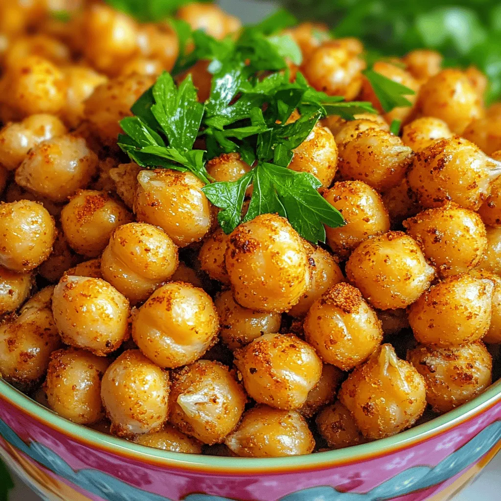 - 1 can (15 oz) chickpeas, rinsed and drained - 1 tablespoon olive oil - 1 teaspoon smoked paprika - 1 teaspoon garlic powder - ½ teaspoon onion powder - ½ teaspoon ground cumin - Salt and pepper to taste - A pinch of cayenne pepper for heat Gathering the right ingredients is key to making crispy air fryer chickpeas. Start with one can of chickpeas. Rinse and drain them well. This step reduces moisture, which is crucial for crispiness. You'll need some olive oil, just a tablespoon. It helps the spices stick and adds flavor. Now, let’s spice things up! I use smoked paprika for a nice depth of flavor. Garlic powder adds a savory touch, while onion powder gives it a little sweetness. Ground cumin adds warmth and earthiness. Don’t forget to season with salt and pepper. Adjust these to your taste. If you like a kick, add a pinch of cayenne pepper. This spice gives your chickpeas a nice heat. It’s optional, but it can elevate the flavor. For the full recipe, check out the detailed instructions. Enjoy your journey to crispy, tasty snacks! - Preheat the air fryer to 400°F (200°C). - Pat the rinsed chickpeas dry with a paper towel. To start, preheating the air fryer is key. It gets hot fast, helping the chickpeas crisp up. While the air fryer heats, I take the time to dry the chickpeas. Moisture can make them soggy. A simple pat down with a paper towel does wonders. - Combine chickpeas with olive oil and spices. - Toss until evenly coated. Next, I mix the dried chickpeas in a bowl with olive oil and spices. I use smoked paprika, garlic powder, onion powder, ground cumin, salt, and pepper. If you like heat, a pinch of cayenne pepper adds a nice kick. Toss the mixture well to coat every chickpea. This step adds so much flavor. - Fill air fryer basket and maintain a single layer. - Cook for 15 to 20 minutes, shaking halfway through. Now, I place the seasoned chickpeas in the air fryer basket. It’s important to keep them in a single layer. This allows air to move freely, which helps them cook evenly. I set the timer for 15 to 20 minutes. Halfway through, I shake the basket to mix them up. Near the end, I watch closely to prevent burning. For a full recipe, check out the complete guide to make these crispy air fryer chickpeas! To make your chickpeas super crispy, start by drying them well. Use a paper towel to remove moisture. The drier they are, the better they will crisp up. Another key tip is to avoid overcrowding in your air fryer. If you pile too many chickpeas in, they won’t get enough air. This can lead to soggy snacks instead of crispy ones! Keep an eye on your chickpeas in the last few minutes. This is when they can go from golden to burnt quickly. You want to pull them out when they are a lovely golden brown. This color means they are perfectly crispy and ready to enjoy. For a nice presentation, serve your crispy air fryer chickpeas in a bright bowl. You can garnish them with fresh herbs like parsley or cilantro. These herbs add color and freshness. You can also use crispy chickpeas as a topping for salads or grain bowls. They add crunch and flavor to your meals. For more ways to enjoy this snack, check out the Full Recipe for different ideas! {{image_2}} You can make crispy air fryer chickpeas even more tasty by changing the spices. Try adding curry powder for a warm, earthy flavor. Chili powder gives a spicy kick, perfect for heat lovers. You can also play with herb blends, like Italian seasoning, for a fresh taste. Mix and match until you find your favorite blend. If you don’t have an air fryer, you can bake chickpeas in the oven. Preheat your oven to 400°F (200°C). Spread the seasoned chickpeas on a baking sheet in a single layer. Bake for about 25 to 30 minutes, shaking the pan halfway through. You can also use chickpeas in other recipes. Toss them in salads, soups, or grain bowls for added crunch and nutrition. Making crispy chickpeas gluten-free and vegan is easy. The basic recipe is already free from gluten and animal products. For low-sodium options, use less salt or try salt substitutes. You can also rinse canned chickpeas more thoroughly to reduce their sodium content. These tweaks keep your snack delicious and healthy. For the full recipe, check out the section above. To keep your crispy air fryer chickpeas fresh, store any leftovers in an airtight container. This helps lock in flavor and prevents them from becoming soggy. If you want to keep them crunchy, place a paper towel in the container. The towel absorbs moisture and keeps your chickpeas crispy. If you have a lot of chickpeas, freezing is a great option. Spread the cooked chickpeas on a baking sheet and freeze them for a few hours. Once frozen, transfer them to a freezer bag. When you're ready to eat, reheat them in the air fryer at 400°F (200°C) for about 5 to 7 minutes. This restores their crunchiness. Crispy chickpeas are best enjoyed within a week. After that, they might lose their quality. Watch for signs of spoilage, like off smells or a soft texture. If they feel chewy instead of crunchy, it's time to toss them. Enjoy your crispy snack while it's fresh! To make your chickpeas crispy, start by drying them well. Patting them with a paper towel removes extra moisture. This step is key. Next, toss the dried chickpeas with olive oil and spices. Even coating helps them crisp up. When placing them in the air fryer, keep them in a single layer. This allows air to flow freely. Shake the basket halfway through cooking for even crispiness. Yes, you can use dried chickpeas. First, soak them in water overnight. This softens them. After soaking, drain and rinse the chickpeas. Cook them until tender, which takes about 1 to 2 hours. Once cooked, follow the same steps as with canned chickpeas. Just make sure they are dry before seasoning. This way, you will still get that crispy texture. Crispy chickpeas are very versatile. You can use them as a snack right out of the bowl. They also make great toppings for salads and grain bowls. Add them to soups for extra crunch. You can even mix them into trail mix for a healthy snack. Their flavor and crunch elevate many dishes. To make chickpeas without oil, use spices and seasonings for flavor. Toss the chickpeas with your favorite spices like smoked paprika or garlic powder. You can also use a splash of vegetable broth for moisture. Air fry them on a lower heat, checking often. This method keeps them healthy while still offering some crunch. You’ve learned how to make crispy, air-fried chickpeas. We explored the simple ingredients, step-by-step instructions, and ways to maximize crispiness. With a few tips, you can experiment with flavors and store leftovers properly. Crispy chickpeas can fit into many meals and make a tasty snack. Now, it’s your turn to try this easy recipe. Enjoy your crunchy chickpeas as a fun treat or in your favorite dishes!